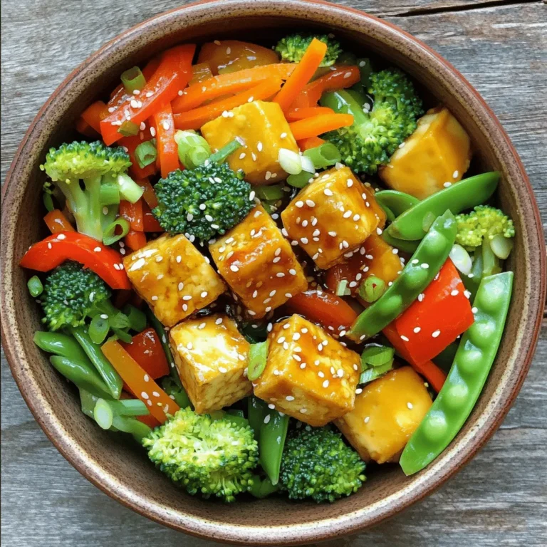 - 1 block (14 oz) firm tofu, pressed and cubed - 2 tablespoons cornstarch - 2 tablespoons vegetable oil, divided - 1 red bell pepper, sliced into strips - 1 yellow bell pepper, sliced into strips - 1 cup broccoli florets - 1 medium carrot, julienned - 1 cup snap peas, trimmed - 3 green onions, chopped, white and green parts separated - 3 cloves garlic, minced - 1-inch piece fresh ginger, grated - 2 tablespoons soy sauce - 1 tablespoon sesame oil - 1 tablespoon rice vinegar - 1 teaspoon chili paste (adjust to taste) - Salt and pepper to taste - Sesame seeds - Green onions Cooking starts with the right ingredients. Firm tofu gives a nice texture. Use fresh vegetables for color and crunch. I love using red and yellow bell peppers, broccoli, carrot, and snap peas. They add a lot of flavor. For seasoning, I always use soy sauce, sesame oil, and rice vinegar. They bring everything together. Chili paste adds spice, but you can adjust it to your taste. Don't forget the garnishes! Sesame seeds and chopped green onions make the dish pop. They add flavor and a nice crunch. For the full recipe, you can check the section above. Start by pressing the tofu to remove extra water. Wrap the block of tofu in a clean towel. Lay something heavy on top for about 15 minutes. This step helps the tofu absorb flavors better. After pressing, cut the tofu into small cubes. Place them in a bowl and sprinkle cornstarch over the cubes. Toss gently until every piece is covered. This coating makes the tofu crispy when baked. Next, preheat your oven to 400°F (200°C). Line a baking sheet with parchment paper for easy cleanup. Spread the cornstarch-coated tofu cubes on the sheet in a single layer. Drizzle a little vegetable oil on top. Bake for 25 minutes, flipping the cubes halfway through. This will give you golden, crispy tofu. While the tofu bakes, heat the remaining vegetable oil in a large wok or skillet over medium-high heat. When the oil gets hot and shimmery, add minced garlic and grated ginger. Sauté for about 30 seconds, stirring to keep from burning. The aroma will fill your kitchen! Now, add the sliced bell peppers, broccoli, julienned carrot, and snap peas. Stir-fry these colorful veggies for 5 to 7 minutes. You want them tender yet still bright and crunchy. In a small bowl, whisk together soy sauce, sesame oil, rice vinegar, and chili paste. This sauce brings everything together. Pour it over the stir-fried veggies and mix well. Cook for an extra 2 minutes to let the flavors blend. Now, check your tofu; it should be crispy and ready. Carefully add the baked tofu to the wok. Toss gently to coat the tofu in the sauce. Season with salt and pepper to taste. Remove the stir-fry from the heat. Transfer it to a serving dish. For a pop of color, sprinkle chopped green onions and sesame seeds on top. To make your dish even more appealing, serve it in individual bowls or on a large platter. A drizzle of chili paste and some extra sesame seeds will make it look fantastic. Pair it with jasmine rice or quinoa for a healthy and complete meal. For the full recipe, check the details above. To get crispy tofu, start by pressing it. This step removes extra water. Use a clean towel to wrap the tofu and apply gentle pressure. Next, cut the tofu into cubes. Toss these cubes with cornstarch. This coating makes a golden crust. Bake the tofu at 400°F (200°C) for about 25 minutes. Flip it halfway through for even crispiness. For bright colors and crunch, don’t overcook your veggies. Start with hot oil in your pan. Add minced garlic and grated ginger first. Sauté them for just 30 seconds. Then, add your veggies. Stir-fry them for 5 to 7 minutes. Keep them moving in the pan. This method keeps them tender-crisp and colorful. You can make the stir-fry sauce your own. Start with soy sauce, sesame oil, and rice vinegar. Add chili paste for heat if you like. Mix these in a bowl before adding to the pan. Taste the sauce as you go. Adjust it with more soy sauce or vinegar to fit your taste. This way, each stir-fry can be unique and flavorful. [Full Recipe] {{image_4}} You can add different proteins to your stir-fry. Chicken and shrimp are great choices. To use chicken, slice it thinly and cook it first. For shrimp, add them right after the garlic and ginger. Cook until they turn pink. These proteins mix well with the tofu and add more flavor. Feel free to swap in seasonal vegetables for variety. Try zucchini, mushrooms, or asparagus for a fresh twist. You can also use leafy greens like spinach or bok choy. Just add them toward the end so they stay bright and tender. This keeps your dish colorful and packed with nutrients. Adjust the spice level to suit your taste. If you love heat, add more chili paste or fresh peppers. For a milder dish, reduce the chili paste. You can also try adding sriracha or crushed red pepper flakes. This way, everyone can enjoy their perfect heat level in the stir-fry. For the full recipe of Vegetable Stir-Fry with Tofu, check the earlier sections. To keep your vegetable stir-fry fresh, refrigerate it right away. Use an airtight container. Place it in the fridge within two hours of cooking. This helps prevent bacteria growth. Your stir-fry will last for about 3-4 days. Make sure to cool it down before sealing. When you reheat, you want to keep your stir-fry tasty and fresh. The best method is using a skillet. Heat it on medium. Add a splash of water or broth to keep it moist. Stir often for even heating. You can also use a microwave. Cover it with a lid or a damp paper towel. Heat in short bursts, stirring in between. This helps keep the texture nice. If you want to save your stir-fry for later, freezing is a great choice. Let it cool completely first. Divide it into portions using freezer-safe bags or containers. Squeeze out as much air as possible. Label each bag with the date. It can stay in the freezer for up to 3 months. To eat, just thaw overnight in the fridge before reheating. Enjoy the full flavor of your vegetable stir-fry with tofu later! To make this dish, follow these steps: 1. Prep the Tofu: First, press the tofu to remove moisture. Cut it into cubes and coat with cornstarch. 2. Bake Tofu: Preheat your oven to 400°F (200°C). Spread the tofu on a baking sheet and drizzle with oil. Bake for 25 minutes. Flip halfway for even cooking. 3. Stir-Fry Veggies: Heat oil in a large wok. Sauté garlic and ginger for 30 seconds. Add bell peppers, broccoli, carrot, and snap peas. Cook for 5-7 minutes. 4. Combine Flavors: Mix soy sauce, sesame oil, rice vinegar, and chili paste in a bowl. Pour this over the veggies and cook for 2 more minutes. 5. Finish with Tofu: Add the baked tofu to the wok. Toss everything together and season with salt and pepper. 6. Garnish and Serve: Transfer to a serving dish. Top with green onions and sesame seeds. Enjoy! Yes, you can use various types of tofu. Here are some options: - Silken Tofu: Great for soups, but too soft for stir-frying. - Soft Tofu: Can work if you gently handle it. Use it in softer dishes. - Firm Tofu: This is the best choice. It holds shape and gets crispy. - Extra-Firm Tofu: Very sturdy, perfect for frying and grilling. You have many tasty options for sides: - Jasmine Rice: A classic choice, it absorbs the sauce well. - Quinoa: A healthy alternative, it adds protein and fiber. - Noodles: Try rice noodles or soba for a fun twist. - Salad: A fresh green salad can add crunch and balance. Yes, it is great for meal prep. Here are some tips: - Cook in Batches: Make a larger batch to enjoy throughout the week. - Store Separately: Keep tofu and veggies in different containers to maintain texture. - Reheat Properly: Use a skillet to reheat, which helps keep the tofu crispy. To make this dish gluten-free: - Use Gluten-Free Soy Sauce: Regular soy sauce contains gluten. Look for tamari as a safe option. - Check Other Ingredients: Ensure that your rice vinegar and chili paste are gluten-free too. - Avoid Wheat Noodles: If adding noodles, choose gluten-free varieties. This blog post shared a simple recipe for a tasty vegetable stir-fry with tofu. You learned about key ingredients, easy steps, and helpful tips. I covered how to get crispy tofu and keep veggies bright. You can also add your own twists, like extra proteins or different spice levels. In the end, this dish is quick, fun, and perfect for any meal. Enjoy your stir-fry with friends and family!