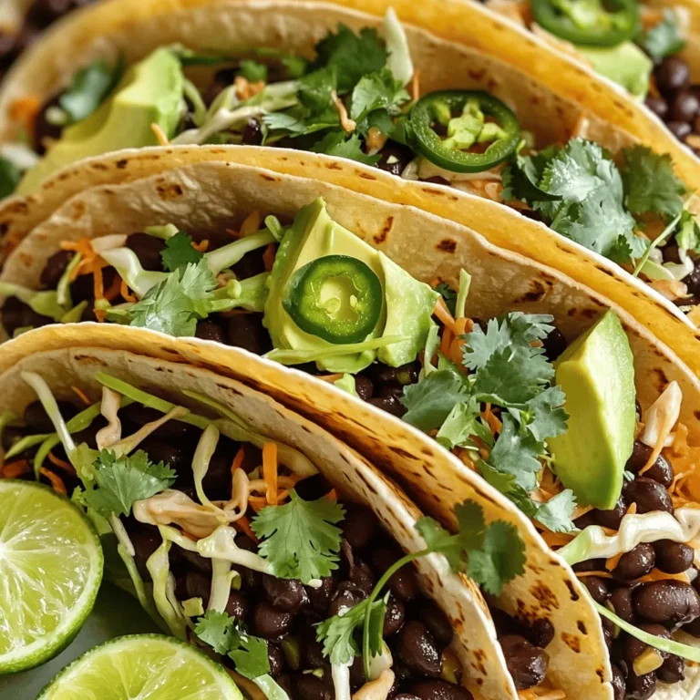 - 2 cans black beans, rinsed and drained - 1 tablespoon extra virgin olive oil - 1 small onion, finely chopped - 2 cloves garlic, minced - 1 jalapeño pepper, finely minced - 1 teaspoon ground cumin - 1 teaspoon smoked paprika - 1 cup shredded cabbage or lettuce - 1 ripe avocado, sliced - Fresh cilantro, chopped, for garnish - Lime wedges, for serving To make spicy black bean tacos, you need simple, fresh ingredients. Start with black beans. They are protein-packed, filling, and full of flavor. Next, you will want olive oil to sauté your veggies. The onion adds sweetness, while garlic and jalapeño give it a kick. Cumin and smoked paprika bring a warm, earthy taste. Use them to season the beans beautifully. For toppings, shredded cabbage or lettuce adds crunch. Avocado gives creaminess, and cilantro adds freshness. Lastly, lime wedges enhance the tacos with zest. The full recipe includes all these ingredients and steps for a fantastic meal. Each bite will be a mix of spicy, creamy, and crunchy. You will love how easy it is to prepare these tacos at home! Start by rinsing and draining the black beans. This step helps remove extra salt and improves flavor. Next, chop one small onion, two cloves of garlic, and one jalapeño pepper. If you want less heat, remove the seeds from the jalapeño. This simple prep makes cooking easier and faster. Heat one tablespoon of extra virgin olive oil in a large skillet over medium heat. When the oil shimmers, add the chopped onion. Sauté until it softens, about five minutes. Then, stir in the minced garlic and jalapeño. Cook for one to two minutes until the mixture smells great. Now, it’s time to add the black beans. Toss them in along with one teaspoon each of ground cumin, smoked paprika, and chili powder. Add salt and pepper to taste. Mix it all well and let it cook for five to seven minutes. Stir occasionally to keep it from sticking. This step brings all the flavors together. While the beans cook, warm up the tortillas. Heat a pan over medium heat and add the tortillas for about thirty seconds on each side. This step makes them soft and easy to fold. To assemble the tacos, scoop a generous amount of the black bean mixture into each tortilla. Top with shredded cabbage or crisp lettuce, several slices of ripe avocado, and a sprinkle of fresh cilantro. These toppings add crunch and freshness. Serve with lime wedges on the side for a zesty kick. For the full recipe, check the complete ingredients and steps. To make your tacos just right, adjust the heat level. If you want more spice, add more jalapeños. If you prefer mild, use fewer. You can also experiment with other spices. Try adding cayenne for a kick or chipotle for a smoky flavor. This lets you customize the dish to match your taste. Make your tacos look as good as they taste. Arrange them on a platter with lime wedges and fresh cilantro. This adds color and a fresh pop. You can also use different colored tortillas. A mix of corn and flour tortillas creates a beautiful display. This makes your meal exciting and fun. Pair your spicy black bean tacos with side dishes for a full meal. Mexican rice or a fresh salad works well. They balance the flavors and add variety. You can also offer a range of hot sauces. This way, everyone can choose their spice level for an enjoyable experience. {{image_4}} For a vegan twist, you can swap sour cream for cashew cream. Cashew cream is rich and creamy, making it a great choice. To make cashew cream, simply blend soaked cashews with a bit of water. This will give you a smooth texture. It adds a nice flavor without dairy. You can enjoy your spicy black bean tacos while keeping it plant-based. Want to make these tacos heartier? Add some protein! Grilled chicken, shrimp, or tofu work great. If you use chicken or shrimp, grill them first. Then, slice them up and mix them with the black beans. For tofu, press it to remove extra water, then sauté until golden. This will add texture and flavor to your tacos. It’s a simple way to make your meal more filling. If you want to change up the taste, consider adding sautéed bell peppers or corn. Bell peppers add a nice crunch and sweetness. Just slice them and sauté with onions. Corn adds a pop of sweetness too. You can use fresh corn or frozen. Both options work well. These additions can brighten up your tacos and make them even more delicious. For the full recipe, check out the [Full Recipe]. You can store any leftover black bean mixture in an airtight container. Keep it in the fridge for up to 3 days. This makes it easy to enjoy more tacos later. Just make sure the container is sealed well. For longer storage, freeze the black bean mixture and tortillas separately. Place the bean mixture in a freezer-safe bag. Remove as much air as you can before sealing. For the tortillas, stack them with parchment paper between each one. This helps keep them from sticking together. When you’re ready to enjoy your tacos again, reheat the beans in a skillet or microwave. If using a skillet, warm them over low heat. Stir often until they are hot. For the tortillas, heat them gently to keep them pliable. This way, they won’t crack when you fill them. Enjoy your tasty meal! To make spicy black bean tacos, start by heating olive oil in a skillet. Then, sauté chopped onions until soft. Add minced garlic and jalapeño for flavor. Next, stir in rinsed black beans and spices like cumin and chili powder. Cook for about seven minutes, letting the flavors mix. Warm the tortillas in another pan for a few seconds. Fill each tortilla with the bean mix, top with cabbage, avocado, and cilantro. Squeeze lime juice on top for a fresh taste. Yes, you can prepare these tacos ahead of time. Cook the black bean mixture and store it in the fridge. It stays good for up to three days. When you are ready to eat, just warm the mixture and tortillas. This method saves time on busy days and makes meals easy. If you don’t have black beans, you can use other beans. Pinto beans or kidney beans work well. Lentils are also a great option. They add a different texture and flavor but still taste amazing. Feel free to experiment with what you have. Yes, there are many gluten-free tortillas available. Corn tortillas are naturally gluten-free. You can also find brands that make gluten-free flour tortillas. Look for options at your local store or online. Check the labels to ensure they meet your needs. In this blog post, we explored how to make spicy black bean tacos. We covered ingredients like black beans, spices, and toppings. You learned simple steps for cooking and assembling the tacos. I shared tips to tweak the heat and make the dish pop. Whether you want to keep it vegan or add protein, there are options. Remember, leftovers can be stored easily in the fridge or freezer. Enjoy your tasty creation and share it with friends and family for a fun meal!