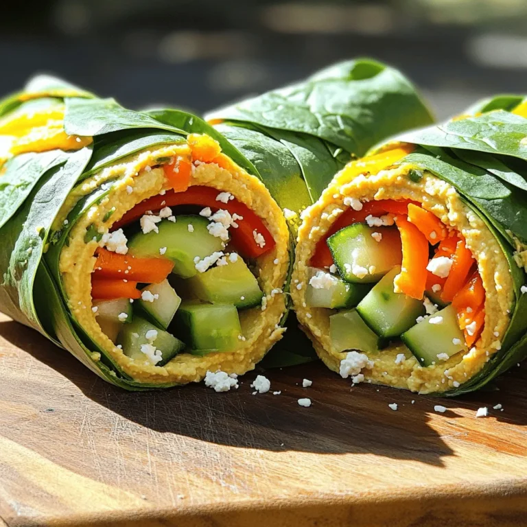 - 4 large whole wheat tortillas - 1 cup hummus (store-bought or homemade) - 1 cup fresh spinach leaves - 1 medium cucumber, julienned - 1 large carrot, julienned - 1 red bell pepper, thinly sliced - 1/2 ripe avocado, sliced - 1/4 cup feta cheese, crumbled (optional) - Salt and freshly cracked pepper to taste - 1 tablespoon olive oil (to drizzle) These ingredients come together to create a tasty and healthy snack. Whole wheat tortillas provide fiber. Hummus adds protein and flavor. Fresh spinach gives vitamins and a nice crunch. The cucumber and carrot add texture and color. The red bell pepper brings sweetness. Avocado adds creaminess, while feta cheese (if used) adds a salty kick. - Calories per wrap: About 250-300 - Macronutrient breakdown: - Carbohydrates: 30g - Proteins: 10g - Fats: 12g This wrap is light yet filling. You can enjoy it without feeling heavy. It is great for lunch or a snack. Plus, it helps you get your veggies in. For the full recipe, check out the detailed instructions and tips. - Lay tortillas flat on a clean surface. - Spread hummus on tortillas evenly. - Layer spinach leaves on top of the hummus. Start by placing your whole wheat tortillas flat on a clean cutting board. This makes it easy to spread the ingredients. Next, grab your hummus. Use a spatula or the back of a spoon to spread it evenly across each tortilla. Leave about an inch of space around the edges. This space helps when you roll the wraps later. Now, take your fresh spinach leaves and layer them on top of the hummus. Cover the surface well to create a bright and healthy base. - Arrange cucumber, carrot, and bell pepper slices. - Add avocado and feta cheese to the wrap. Now it's time to add some crunch! Arrange the julienned cucumber, carrot, and thinly sliced red bell pepper on top of the spinach. This adds bright colors and textures to your wraps. Next, place the slices of avocado evenly over the veggies. If you want extra flavor, sprinkle crumbled feta cheese on top. This step gives the wraps a creamy texture and a salty bite. - Season with salt and pepper. - Drizzle olive oil and roll wraps tightly. - Cut and serve or store. To bring out the flavors, season your veggies with a pinch of salt and freshly cracked pepper. Then, drizzle a small amount of olive oil over the fresh ingredients. This adds richness to every bite. Now, carefully roll each tortilla tightly. Start from one end and tuck in the filling as you go. Once rolled, use a sharp knife to cut each wrap in half diagonally. This way, you can see the colorful filling inside. Serve them right away for the best taste or wrap them tightly for a quick snack later. For the full recipe, refer to the earlier section. Feel free to get creative with your wraps! You can add more veggies to make them your own. Try adding: - Shredded cabbage for crunch - Sliced radishes for a peppery bite - Grated zucchini for extra moisture Want to switch up the flavor? Try these spreads instead of hummus: - Creamy avocado spread - Garlic aioli for a kick - Nut butter for a sweet twist These wraps pair well with fresh fruit or crunchy chips. Their vibrant colors make any meal pop! Try serving with: - A side of apple slices or grapes - Crispy pita chips for a nice crunch Dips can enhance the flavor too! Consider these options: - Extra hummus for dipping - Tzatziki sauce for a cool taste - Salsa for a zesty kick Make your wraps look as good as they taste! Here are some tips: - Cut wraps diagonally to show off the colorful filling. - Arrange them on a platter in a fan shape for a fun look. For an extra touch, garnish with: - Fresh herbs like parsley or cilantro - A sprinkle of sesame seeds or chopped nuts These small details make your wraps not just tasty but also visually appealing! {{image_4}} You can choose different tortillas for your wraps. Whole wheat tortillas are healthy and tasty. Spinach tortillas add color and extra nutrients. If you need gluten-free options, look for gluten-free wraps. Each tortilla type gives a unique taste and texture, making your wraps fun and diverse. Adding protein to your wraps makes them filling. You can try grilled chicken for a hearty option. Tofu is a great choice for a plant-based protein. Beans, like black beans or chickpeas, add fiber and flavor. Mix and match these proteins to suit your taste and needs. To make your wraps even better, try different hummus flavors. Roasted red pepper hummus adds a smoky taste. Garlic hummus gives a nice kick. You can also experiment with spicy or herb-infused hummus. Each flavor change brings something new to your wraps, keeping meals exciting. To keep your wraps fresh, store them in the fridge. Wrap them tightly in plastic wrap or foil. Place them in an airtight container to prevent air from drying them out. This way, they can last for about three days. If you notice any moisture inside the wrap, change the wrapping immediately to maintain texture. If you want to save wraps for later, freezing is a great option. Wrap each one tightly in plastic wrap. Then, place them in a freezer bag or a container. They can stay frozen for up to three months. When you're ready to eat, just thaw them in the fridge overnight. To warm up your wraps, use a skillet or a microwave. If using a skillet, heat it on low. Place the wrap in the skillet for about three minutes on each side. This method keeps the wrap crisp. For the microwave, heat for about 30 seconds. Make sure to check often so you don’t overheat. A little bit of care makes all the difference in texture! If you want to switch up the spread, there are many tasty options. You can use guacamole for a creamy touch. Another great choice is tzatziki, which adds a refreshing flavor. You could also try a bean spread, like black bean dip, for a protein boost. Each option brings a new twist to your wraps. Yes, you can make these wraps in advance. Just prepare them a few hours before serving. Wrap them in foil or parchment to keep them fresh. If you plan to store them longer, place them in an airtight container. This way, they stay fresh in the fridge for up to two days. To prevent sogginess, start with dry veggies. Make sure to wash and dry them well. You can also layer the hummus thickly in the center, keeping it away from the edges. Lastly, wrap the tortillas tightly. This helps keep the moisture inside while keeping the wraps crunchy. These wraps are easy to make and full of flavor. We covered the ingredients, steps, and tips to create healthy wraps. You can customize them with different veggies and spreads. Remember to store extras correctly for freshness. Enjoy these tasty wraps with friends or as a quick meal. They’re sure to please everyone. Your kitchen is now ready for delicious wraps that nourish and satisfy!