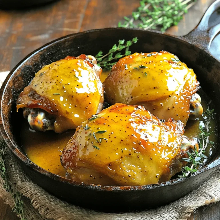 To make honey mustard chicken thighs, gather these simple ingredients: - 4 bone-in chicken thighs, skin-on - 1/4 cup honey - 1/4 cup Dijon mustard - 2 tablespoons whole grain mustard - 2 tablespoons apple cider vinegar - 3 cloves garlic, minced - 1 teaspoon paprika - Salt and black pepper to taste - Fresh thyme leaves for garnish (optional) - 1 tablespoon olive oil for cooking You can make some easy swaps if you need. For honey, use maple syrup for a different sweetness. If you don’t have Dijon mustard, yellow mustard works as a substitute. For whole grain mustard, try spicy brown mustard. Apple cider vinegar can be swapped with white wine vinegar. If you want a milder garlic taste, use garlic powder instead of fresh garlic. Using high-quality ingredients makes a big difference in taste. Fresh chicken thighs have better flavor and texture. Pure honey adds the right sweetness without artificial taste. Real mustard gives your dish the tang it needs. Fresh herbs like thyme can elevate your meal. Always choose what looks fresh and vibrant at the store. This care leads to a more delicious dinner. For the full recipe, check out the details above. 1. Preheat your oven: Set it to 400°F (200°C). This helps the chicken cook evenly. 2. Make the sauce: In a bowl, mix honey, Dijon mustard, whole grain mustard, apple cider vinegar, minced garlic, paprika, and a pinch of salt and pepper. Whisk it well until smooth. 3. Prepare the chicken: Pat the chicken thighs dry with paper towels. This helps the skin get crispy. Season both sides with salt and pepper for great flavor. 1. Sear the chicken: Heat 1 tablespoon of olive oil in a large oven-safe skillet over medium-high heat. When the oil is hot, place the chicken thighs skin-side down in the skillet. Sear for 5-7 minutes until the skin is golden brown. 2. Add the sauce: Flip the chicken so the skin side is up. Pour the honey mustard sauce over the thighs. Make sure they are fully coated. 3. Roast in the oven: Move the skillet to the preheated oven. Roast for 25-30 minutes. Check that the chicken reaches an internal temperature of 165°F (75°C) and the juices run clear. 4. Rest and garnish: After cooking, take the skillet out of the oven. Let the chicken rest for 5 minutes. This step helps keep the juices inside. Optionally, sprinkle fresh thyme leaves on top before serving. - Oven-safe skillet: This is great for searing and roasting chicken. - Mixing bowl: Use it for making the honey mustard sauce. - Whisk: This helps blend the sauce smoothly. - Meat thermometer: This tool ensures your chicken is cooked just right. To get that crispy skin on your chicken thighs, start with dry skin. Pat them dry with paper towels before seasoning. Next, heat your oil well before adding the chicken. Sear skin-side down in a hot skillet for 5 to 7 minutes. This gets the skin nice and golden. Don’t rush this step; it’s key for that crunchy texture. Pairing sides with honey mustard chicken thighs makes the meal complete. I love serving them with roasted vegetables. Think carrots, broccoli, or Brussels sprouts. A fresh green salad also works well. The crunch and freshness balance the sweet and tangy chicken. Another great option is mashed potatoes, which soak up that tasty sauce. Want to take your honey mustard chicken to the next level? Try adding herbs like rosemary or thyme to the sauce. A splash of soy sauce gives it a savory kick. For some heat, add a pinch of red pepper flakes. Each of these adds a unique twist without overpowering the dish. You can always adjust the sweetness by using more or less honey, depending on your taste. For the full recipe, check the details above and enjoy experimenting! {{image_4}} Grilling gives honey mustard chicken thighs an amazing flavor. First, marinate the chicken in the honey mustard sauce for at least two hours. This step helps the meat soak up all the goodness. Preheat your grill to medium heat. Place the marinated chicken thighs skin-side down on the grill. Cook for about 6-8 minutes, then flip and cook for another 6-8 minutes. Make sure the chicken reaches an internal temperature of 165°F (75°C). The grill adds a nice smoky taste that pairs wonderfully with the sweet and tangy sauce. These chicken thighs are perfect for meal prep. Make a big batch and store them for the week. Cook the chicken as you normally would, then let it cool. After cooling, slice the thighs into bite-sized pieces. Divide the chicken into meal prep containers. You can pair it with rice, quinoa, or veggies. Store in the fridge for up to four days. When you’re ready to eat, just heat it up. This makes lunch or dinner quick and tasty. Kids love honey mustard chicken thighs! To make it more appealing to young eaters, you can cut the chicken into smaller pieces before cooking. This makes it easier for little hands to grab. For less spice, you can skip the paprika. Serve the chicken with some fun dipping sauces, like extra honey mustard or ketchup. Pair the dish with sides like mashed potatoes or carrot sticks for a balanced meal that kids will enjoy. For a full recipe of honey mustard chicken thighs, check out the detailed instructions earlier in this article. You can store leftover honey mustard chicken thighs in an airtight container. Make sure to let the chicken cool down first. Place it in the fridge and use it within three days. If you want to keep it longer, consider freezing it. To reheat the chicken, preheat your oven to 350°F (175°C). Place the chicken thighs on a baking tray. Cover them with foil to keep them moist. Heat for about 15-20 minutes, or until the chicken is warmed through. You can also use a microwave, but the oven gives better results. To freeze honey mustard chicken thighs, wrap them tightly in plastic wrap or foil. Place them in a freezer-safe bag or container. They will stay fresh for up to three months. When you're ready to eat, thaw them in the fridge overnight before reheating. For more details, check the Full Recipe. Yes, you can use boneless chicken thighs. They cook faster than bone-in thighs. Just adjust the cooking time to about 20-25 minutes. Boneless thighs can still soak up the honey mustard flavor. For best results, follow the same steps in the Full Recipe. Marinate the chicken thighs for at least 30 minutes. For more flavor, try marinating for 2-4 hours. If you have time, you can even marinate overnight. This allows the flavors to soak deep into the meat, making it tasty and juicy. The best way to check if chicken is cooked is to use a meat thermometer. Insert it into the thickest part of the thigh. The internal temperature should reach 165°F (75°C). You can also cut into the thigh. If the juices run clear, it's done. This blog post covered everything you need for perfect honey mustard chicken thighs. We discussed key ingredients and how to choose high-quality items. You learned step-by-step cooking instructions and tips for crispy skin. Variations and meal prep ideas make this dish more fun. Storing and reheating leftovers ensures nothing goes to waste. Use this guide for a tasty meal that everyone will enjoy. Happy cooking!