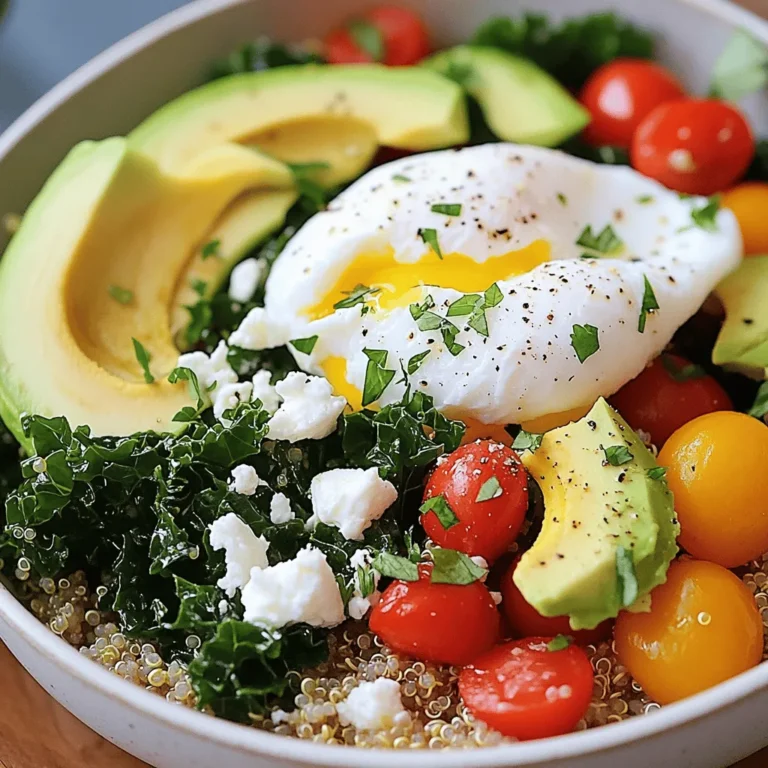 - 1 cup cooked quinoa - 1 tablespoon extra virgin olive oil - 1 cup kale, finely chopped - 1 small red bell pepper, diced into small pieces - 1/2 cup cherry tomatoes, halved - 1/4 cup feta cheese, crumbled - 2 large eggs - Salt and freshly ground black pepper to taste - 1 tablespoon fresh lemon juice - 1/4 ripe avocado, elegantly sliced (for garnish) - Fresh herbs such as parsley or cilantro, finely chopped, for garnish Quinoa is a great base for a breakfast bowl. It is rich in protein and fiber. Kale and red bell pepper add color and nutrients. The cherry tomatoes bring a juicy burst of flavor. Feta cheese adds a creamy, salty touch. Eggs provide healthy fats and protein. The fresh lemon juice brightens up the dish. Avocado adds a smooth texture and healthy fats. This bowl has about 400 calories per serving. Each serving provides 15 grams of protein, 30 grams of carbs, 8 grams of fiber, and 20 grams of fat. Quinoa is gluten-free and packed with vitamins. It helps keep you full longer. Kale is high in vitamins A and C. Red bell peppers offer antioxidants. Eggs are a complete protein source. This meal is not just tasty; it is good for your body too. You can find the Full Recipe online to explore all the steps. Start by heating a medium skillet. Pour in 1 tablespoon of extra virgin olive oil. Let it get hot over medium heat. Then, add 1 cup of finely chopped kale. Sauté it for about 2-3 minutes. You want it to turn bright green and wilted. Next, toss in 1 small diced red bell pepper. Keep stirring for 3-4 more minutes. You want the pepper to be tender but still have some crunch. Now, add in 1/2 cup of halved cherry tomatoes and 1 cup of cooked quinoa. Season with salt, pepper, and 1 tablespoon of fresh lemon juice. Mix everything together well. Heat it through for about 2 minutes. For the eggs, you have a few options. You can poach, fry, or scramble them. If you like runny yolks, poaching is great. Just simmer water and gently slide in the eggs. For fried eggs, heat a non-stick skillet and cook them sunny-side up. If you want scrambled eggs, whisk them in a bowl and pour into the skillet. Cook until just set. Now comes the fun part—assembling your breakfast bowl. Start with a generous scoop of the quinoa and vegetable mixture in each bowl. Next, place a poached or fried egg right on top of the quinoa. Sprinkle 1/4 cup of crumbled feta cheese over the eggs. Add 1/4 ripe avocado, elegantly sliced, on the side. Finish each bowl with fresh herbs like parsley or cilantro. This adds color and flavor. Your savory quinoa breakfast bowl is ready to enjoy! For the full recipe, you can refer back to the ingredients and instructions provided. To save time, you can prepare quinoa and vegetables ahead. Cook a big batch of quinoa. Store it in the fridge for up to five days. This way, you can grab it when you need it. Chop your veggies in advance too. Keep them in containers. This makes cooking your savory quinoa breakfast bowl quick and easy. You can add spices or sauces to boost flavor. Try paprika or cumin for warmth. A dash of hot sauce adds a nice kick. If you enjoy tanginess, drizzle some balsamic glaze. This gives your bowl a fresh twist. Experiment with different herbs too. Fresh thyme or oregano can elevate the taste. Showcase vibrant colors in your breakfast bowl. Use wide, shallow dishes for serving. This allows all the beautiful layers to shine. Garnish with sliced avocado and fresh herbs. A sprinkle of feta on top adds both taste and color. Drizzle olive oil before serving for a polished look. Each bowl becomes a feast for the eyes! {{image_4}} You can easily change the protein in your savory quinoa breakfast bowl. If you want meat, use diced chicken. Cook it until it’s golden brown. It adds great flavor and makes the dish heartier. For a plant-based option, try firm tofu. Cube and sauté it until crispy. It soaks up all the flavors well. If you love cheese, add more feta or try goat cheese. Each option makes your bowl unique and delicious. Feel free to swap kale for other greens. Spinach is a great choice. It wilts nicely and has a mild taste. Swiss chard or arugula also work well. These greens add different colors and nutrients. Mixing greens can change the dish's look and taste, keeping it fresh and exciting every time you make it. Quinoa is a fantastic base, but you can try other grains too. Brown rice is a hearty option that is easy to find. It has a chewy texture and works great with the other ingredients. Farro brings a nutty flavor that pairs well with eggs. Barley is another fun choice; it’s filling and adds a unique taste. Experimenting with grains lets you explore various flavors and textures in your breakfast bowl. Check out the Full Recipe for all the details! To keep your savory quinoa breakfast bowl fresh, store leftovers in an airtight container. Place it in the fridge within two hours of cooking. This helps maintain its taste and texture. It will last for up to three days. Make sure to separate the eggs if they are still on top. This keeps them from getting too soggy. If you want to freeze your breakfast bowl, do it in parts. Store the quinoa and veggies in one container. Keep the eggs in another. You can freeze them for up to a month. To freeze, let them cool completely before packaging. This prevents ice crystals from forming. When you are ready to enjoy your bowl, take it out of the fridge or freezer. For refrigerated bowls, microwave it for about 1-2 minutes. Stir halfway through to heat evenly. If it is frozen, let it thaw overnight in the fridge. Then, reheat in the microwave for 2-3 minutes. Avoid using high heat. This keeps the veggies crisp and the eggs tender. Yes, you can easily make this recipe vegan. Simply replace the eggs with tofu or chickpea flour. For the cheese, swap feta with a plant-based cheese or nutritional yeast. This keeps all the flavor while making it vegan-friendly. To cook quinoa perfectly, rinse it first to remove its bitter coating. Use a two-to-one water ratio. Boil the water, then add the rinsed quinoa. Lower the heat and cover for about 15 minutes. Once done, let it sit for five minutes before fluffing with a fork. This will give you light and fluffy quinoa. This breakfast bowl stays fresh in the fridge for up to three days. Store it in an airtight container to keep it tasty. If you want to maintain the best quality, eat it within two days. The flavors meld together nicely, making it even better the next day. This blog post shared a tasty breakfast bowl recipe packed with healthy ingredients like quinoa, kale, and eggs. You learned how to cook and layer these vibrant foods for a satisfying meal. Remember, meal prep can save time and enhance flavor. Feel free to swap ingredients for personal taste or dietary needs. Enjoy your colorful bowl and feel great knowing you’ve made a nutritious choice. Healthy eating can be easy and fun!