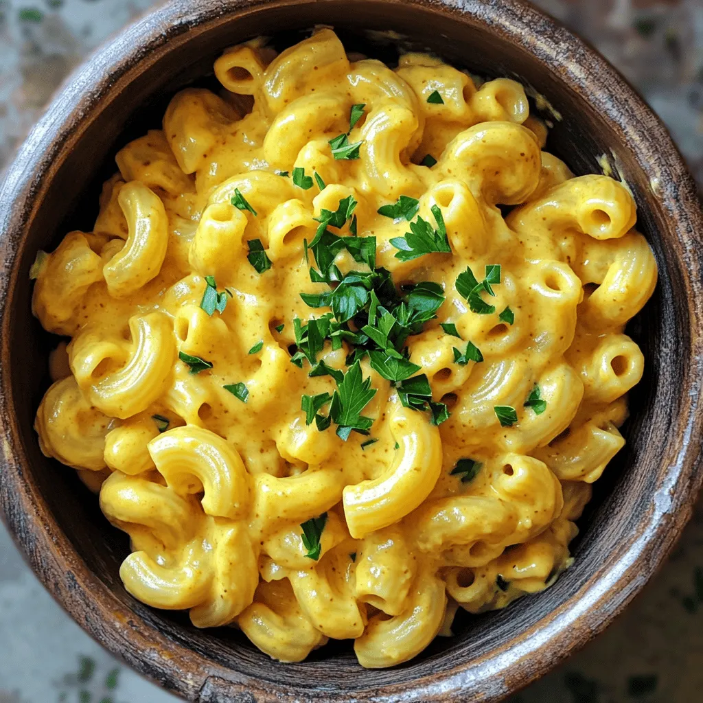 - 2 cups elbow macaroni (or gluten-free pasta) - 1 cup raw cashews (soaked in water) - 1 cup unsweetened almond milk (or non-dairy milk) - 1/4 cup nutritional yeast - 2 tablespoons olive oil - Seasoning essentials: - garlic powder - onion powder - smoked paprika - lemon juice - salt - black pepper - Fresh parsley, finely chopped To create this creamy delight, start with the main ingredients. The elbow macaroni provides the classic pasta base. If you need a gluten-free option, any gluten-free pasta works well. The soaked cashews are key for that rich and creamy texture. Soak them in water for a few hours to soften. Next, the almond milk adds creaminess. Use unsweetened almond milk or any plant-based milk that you prefer. Now, let's talk about the flavor enhancers. Nutritional yeast gives that cheesy flavor we all love without any dairy. Olive oil adds richness to the dish, making each bite feel luxurious. For seasoning, garlic powder and onion powder bring out depth. Smoked paprika adds a hint of smokiness that pairs perfectly. A splash of lemon juice brightens the flavors, while salt and black pepper enhance everything. Finally, fresh parsley makes a lovely garnish. It adds a pop of color and a fresh taste. For the full recipe, check out the Creamy Vegan Mac & Cheese. To start, take a large pot and fill it with water. Add a good amount of salt for flavor. Bring the water to a rolling boil. Once it boils, add the elbow macaroni. Cook the pasta for about 8 to 10 minutes, or until it's al dente. When done, drain the pasta and set it aside in a colander. Next, we will make the creamy sauce. Take your soaked cashews (don’t forget to drain them first) and put them in a high-speed blender. Add the almond milk, nutritional yeast, olive oil, garlic powder, onion powder, smoked paprika, lemon juice, and a pinch of salt and black pepper. Blend on high until the mix is very smooth and creamy. Taste the sauce and adjust the seasoning if needed. Now, it’s time to combine everything. Return to the pot where you cooked the pasta. Add the drained elbow macaroni to the pot. Then, pour in the creamy cashew sauce. Gently stir to mix. Heat everything over low heat for about 2 to 3 minutes. Make sure the pasta is well coated and heated through. Be careful not to overheat, as this can change the sauce's texture. For the complete recipe, check out the full recipe. Enjoy your creamy vegan mac and cheese! To get that rich and creamy texture, soaking cashews is key. Soaking them for 2 to 4 hours softens them, making it easier to blend. This step helps you avoid gritty sauce and ensures a smooth result. When you blend, start at a low speed. Gradually increase to high speed. This method helps break down the cashews well. Stop to scrape down the sides of the blender. This ensures all pieces get blended. You want a silky sauce that coats the pasta perfectly. For a beautiful presentation, think about colorful bowls. Serve the mac and cheese in bright dishes. A light drizzle of olive oil adds shine and richness. Adding a sprinkle of nutritional yeast boosts both flavor and looks. Garnishing with fresh parsley gives a pop of color. It also adds a fresh taste that balances the dish. You can even add some crispy breadcrumbs for crunch. This creates a fun texture contrast that everyone will love. If your sauce turns out too thick, don’t worry! Add a splash of almond milk. Stir it in until you reach your desired creaminess. This keeps the sauce smooth and pourable. If the flavors are too strong, balance them out. A squeeze of lemon juice can brighten up the dish. You can also add more almond milk to mellow the flavors. Taste as you go, adjusting until it feels just right. {{image_4}} You can easily make vegan mac and cheese gluten-free. Start by swapping regular pasta for gluten-free pasta. Here are some great options: - Brown rice pasta - Chickpea pasta - Quinoa pasta These choices cook well and taste great. For sauces, look for gluten-free brands. Many non-dairy milks, like almond or oat milk, are gluten-free. Be sure to check labels to avoid hidden gluten. Want a lighter version of vegan mac and cheese? You can adjust a few ingredients. Here are some tips: - Use less olive oil or replace it with vegetable broth. - Try cashew yogurt instead of raw cashews for a creamy texture. Nutritional yeast adds a cheesy flavor without the fat. You can also use a lower-fat non-dairy milk to cut calories. Get creative with flavor! You can add spices or extra veggies to your dish. Here are some ideas: - Mix in sautéed spinach or kale for a nutrition boost. - Add a pinch of cayenne pepper for some heat. For cheese alternatives, consider using: - Vegan cream cheese - Silken tofu blended until smooth Experimenting with these flavors can make your vegan mac and cheese even more delightful. For the full recipe, check the earlier sections! To keep your vegan mac and cheese fresh, store it properly. First, let it cool to room temperature. Then, transfer it to an airtight container. You can use glass or plastic containers that seal well. This helps keep the dish creamy and tasty. If you want to freeze it, use freezer-safe containers. Just make sure to leave some space for expansion. When it’s time to enjoy leftovers, you have two main methods: the microwave or the stovetop. For the microwave, place a serving in a bowl. Add a splash of almond milk to keep it moist. Heat it for 1-2 minutes, stirring halfway through. For stovetop, use a skillet over low heat. Add a little almond milk and stir gently. This helps maintain that creamy texture we all love. In the fridge, your vegan mac and cheese lasts about 3-5 days. If you freeze it, it can last up to 2 months. Always check for signs of spoilage. Look for an off smell or changes in color. If it looks or smells funny, it’s best to toss it. Enjoy your creamy delight while it’s fresh! For vegan mac and cheese, I love using brands like Daiya, Follow Your Heart, and Violife. These brands have great taste and melt well. Daiya offers a creamy texture, while Follow Your Heart gives a nice flavor punch. Violife is perfect for those who want rich cheese but in a vegan form. Each brand has its unique taste, so feel free to experiment! Yes, you can make vegan mac and cheese ahead of time! To prep, cook the pasta and make the sauce as usual. After combining them, store the dish in an airtight container in the fridge. This keeps your meal fresh for up to three days. When you’re ready to enjoy, just reheat it gently. Add a splash of non-dairy milk if the sauce seems thick. This recipe is not nut-free because it contains cashews. If you need a nut-free option, you can replace cashews with sunflower seeds. Just soak them for a few hours like you would cashews. You can also use silken tofu for creaminess. This keeps the dish smooth and delicious while being safe for those with nut allergies. This blog post covered how to make a creamy and tasty vegan mac and cheese. You learned about the key ingredients like pasta, cashews, and almond milk. I shared tips for cooking, blending, and achieving that perfect creamy texture. Plus, variations and storage info help you customize and save your dish. Try it out and enjoy your meal! You can make this dish your own with flavors and toppings. Happy cooking!