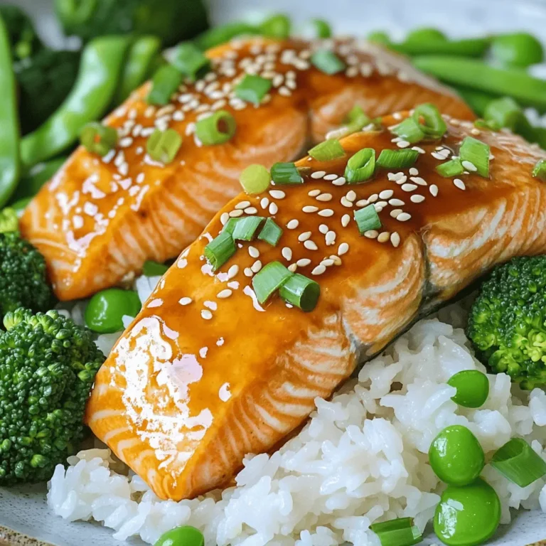 - 4 salmon fillets (skin-on or off) - 1/4 cup low-sodium soy sauce - 1/4 cup honey - 2 tablespoons rice vinegar - 2 tablespoons sesame oil - 2 garlic cloves, minced - 1 teaspoon fresh ginger, grated - 1 tablespoon cornstarch - 2 tablespoons water - 1 teaspoon sesame seeds (for garnish) - 2 green onions, thinly sliced (for garnish) - Steamed rice or quinoa (for serving) - Steamed vegetables (such as broccoli or snap peas, for serving) To make Sweet and Savory Teriyaki Salmon, gather these simple ingredients. The salmon is the star of this dish. Choose fillets with skin on or off, based on your taste. The soy sauce and honey bring that classic sweet and salty flavor. Rice vinegar adds a light tang. Sesame oil gives a nice nutty touch. Garlic and ginger add depth and warmth. Next, we need a thickening agent. Cornstarch and water will help the sauce cling to the salmon. Finally, sesame seeds and green onions will add a fresh crunch when serving. Serve this delightful dish with steamed rice or quinoa. A side of steamed veggies adds color and nutrition. For the full recipe, check the section above. - Mix soy sauce, honey, rice vinegar, sesame oil, minced garlic, and grated ginger. - Whisk until fully blended. This creates a rich and flavorful teriyaki sauce. You can taste it now. It should be sweet and salty. - Combine cornstarch with water to form a smooth paste. - Stir the mixture into the teriyaki sauce. This step makes the sauce thick and sticky. It helps the sauce coat the salmon nicely. - Heat a non-stick skillet over medium heat. - Sear salmon fillets skin-side down for approximately 5 minutes. Look for a golden color and crispy skin. This gives the salmon a nice texture. - Flip the salmon and pour teriyaki sauce over the fillets. - Cook for an additional 4-5 minutes, basting occasionally. Basting helps the flavors soak in. The salmon should be flaky and fully cooked. - Let salmon rest for a couple of minutes after cooking. This allows the juices to settle. - Drizzle remaining sauce and add garnishes. A sprinkle of sesame seeds and green onions makes it look great. For the complete recipe, check the Full Recipe. Enjoy your delicious teriyaki salmon with rice or veggies! - Always check the internal temperature for doneness. Aim for 145°F. - Avoid overcooking to keep the salmon moist and tender. Cooking salmon can be tricky. Use a meat thermometer to check the temperature. This tool helps ensure you cook the fish just right. Overcooked salmon becomes dry and less enjoyable. Keep it juicy for the best taste. - Experiment with spices or citrus to enhance flavor. - Try maple syrup as a honey substitute for a different taste. You can make the sauce your own. Add a pinch of cayenne for heat or a squeeze of lime for zest. These small changes can elevate your dish. Maple syrup gives a rich sweetness, making it a fun twist on the classic recipe. - Serve salmon with colorful sides for visual appeal. - Use decorative plate techniques for a restaurant-quality look. Visual appeal matters in cooking. Pair your teriyaki salmon with vibrant steamed veggies like broccoli or snap peas. Arrange everything neatly on the plate. A sprinkle of sesame seeds and green onions adds a nice touch, making the meal pop. Try to plate it like a chef for that wow factor! {{image_4}} Grilling adds a nice smoky flavor to your teriyaki salmon. To start, marinate your salmon fillets in the teriyaki sauce for at least 30 minutes. This step enhances the taste. When grilling, preheat your grill to medium-high heat. Place the marinated salmon skin-side down on the grill. Cook for about 5-6 minutes on each side. The salmon should be flaky and have nice grill marks. Adjust the time if using thicker fillets, as they may need longer. Teriyaki salmon bowls are a fun way to serve this dish. Start with a base of rice or quinoa. Top it with your grilled or pan-seared salmon. Add colorful toppings like steamed broccoli, snap peas, or carrots. You can also sprinkle some chopped nuts for extra crunch. This creates a meal that is not only tasty but also visually appealing. If you want to switch things up, try using chicken or tofu instead of salmon. For chicken, use boneless thighs or breasts. Marinate them in the teriyaki sauce just like the salmon. Cook for about 6-8 minutes on each side until fully cooked. For tofu, press it to remove excess water and cut it into cubes. Cook until it's golden brown and crispy. Adjust cooking times based on the protein you choose to keep everything tender and juicy. To keep your teriyaki salmon fresh, store leftovers in an airtight container. Make sure the container seals tightly to prevent air from getting in. This keeps the salmon moist and flavorful. You can safely store it in the fridge for up to three days. After that, the taste and texture may start to fade. If you want to keep your teriyaki salmon for a longer time, freezing is a great option. First, let the cooked salmon cool completely. Then, wrap each fillet tightly in plastic wrap. Place the wrapped salmon in a freezer-safe bag or container. This helps prevent freezer burn. You can freeze the salmon for up to three months. When you’re ready to eat it, thaw the salmon in the fridge overnight for the best quality. To enjoy your teriyaki salmon again, reheating is key. The best way to reheat it is in the oven. Preheat your oven to 350°F. Place the salmon in a baking dish and cover it with foil. Heat for about 10-15 minutes. This method keeps the salmon juicy. You can also reheat it in a skillet over low heat. Add a splash of water or sauce to keep it moist. Avoid reheating in the microwave, as it can dry out the fish. To make Sweet and Savory Teriyaki Salmon, gather your ingredients. You will need salmon fillets, low-sodium soy sauce, honey, rice vinegar, sesame oil, garlic, ginger, cornstarch, and water. Start by mixing the soy sauce, honey, rice vinegar, sesame oil, minced garlic, and grated ginger in a bowl. Whisk it until smooth. Next, mix cornstarch and water in a small bowl to create a paste. Stir this paste into the teriyaki sauce to thicken it. Heat a non-stick skillet over medium heat. Place the salmon fillets in, skin-side down if you prefer. Cook for about 5 minutes until golden brown. Carefully flip the fillets and pour the teriyaki sauce over them. Cook for another 4-5 minutes. Baste the salmon with the sauce as it cooks. Once done, remove the salmon and let it rest for a few minutes. Serve it with rice or quinoa and vegetables. You can find the full recipe above. Teriyaki Salmon pairs well with many side dishes. Here are some great options: - Steamed rice: A classic choice that soaks up the sauce. - Quinoa: A healthy, protein-rich alternative to rice. - Steamed vegetables: Broccoli, snap peas, or carrots add color and nutrition. - Asian slaw: A fresh, crunchy salad balances the salmon's richness. - Miso soup: A warm soup brings comfort and umami flavors. Yes, you can use store-bought teriyaki sauce for convenience. It saves time and effort. However, homemade sauce gives you control over flavors and sweetness. Store-bought options may have added sugars or preservatives. Check the label for gluten if that's a concern. Making your own sauce ensures freshness and taste. To make Sweet and Savory Teriyaki Salmon healthier, consider these tips: - Reduce honey: Cut the honey in half to lower sugar. - Use low-sodium soy sauce: This helps reduce salt intake. - Add more vegetables: Increase the veggie portion for fiber and vitamins. - Use brown rice or cauliflower rice: These options boost nutrition and fiber. - Choose wild-caught salmon: It often has better omega-3 fatty acids. Traditional teriyaki sauce is not gluten-free due to soy sauce. However, you can find gluten-free soy sauce or tamari. These alternatives work well in teriyaki recipes. Always check labels for gluten-free certification when buying sauces. Making your own teriyaki sauce at home allows you to control ingredients fully. In this post, I shared a simple way to make teriyaki salmon. The ingredients blend sweet and savory, making a tasty dish. You learned how to cook salmon and adjust the sauce for your taste. Remember, presentation matters, so serve it with colorful sides for a bright plate. Don't hesitate to try different proteins or storage tips to enjoy leftovers later. Cooking can be fun and rewarding! Enjoy your delicious meals and share your creations!