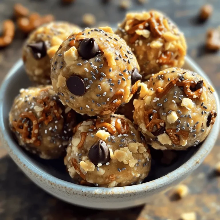 - 1 cup natural peanut butter (choose either creamy or chunky for texture) - 1 cup rolled oats (old-fashioned recommended for best consistency) - 1/2 cup pretzels, finely crushed - 1/2 cup honey or maple syrup (liquid sweetener of your choice) - 1/2 cup chocolate chips (dark chocolate or milk chocolate based on preference) - 1/4 cup chia seeds (optional, but adds a nutritious touch) - 1/2 teaspoon vanilla extract (for flavor depth) - A pinch of sea salt (to balance sweetness) Let’s talk about the ingredients. Peanut butter is the star here. You can choose creamy for a smoother texture or chunky for some extra bite. Rolled oats give the energy balls a nice chew. I suggest old-fashioned oats for the best outcome. Pretzels add a salty crunch, making every bite special. You can crush them easily with a rolling pin or in a bag. For sweetness, honey or maple syrup works well. Both bring a rich flavor. Chocolate chips are another fun addition. Dark chocolate gives a rich taste, while milk chocolate offers a sweeter flavor. If you want a health boost, consider adding chia seeds. They are tiny but very nutritious. Lastly, a sprinkle of sea salt enhances the taste by balancing the sweet. Using high-quality ingredients makes these energy balls not just tasty but also good for you. For the complete recipe, check out the Full Recipe section. Making Peanut Butter Pretzel Energy Balls is simple and fun. Follow these easy steps for a tasty snack. - Combining wet ingredients for the base: Start by grabbing a large mixing bowl. Add 1 cup of natural peanut butter, 1/2 cup of honey (or maple syrup), and 1/2 teaspoon of vanilla extract. Mix these together well with a spatula. You want a smooth and creamy base. - Mixing dry ingredients for texture: Next, it’s time to add the dry ingredients. In the same bowl, add 1 cup of rolled oats, 1/2 cup of finely crushed pretzels, and 1/2 cup of chocolate chips. If you like, toss in 1/4 cup of chia seeds for extra nutrition. Don’t forget a pinch of sea salt to balance the sweetness. Mix everything until well combined. - Forming energy balls: step-by-step guide: Now comes the fun part! Take about a tablespoon of the mixture in your hands. Roll it into a ball shape. Place each ball on a baking sheet lined with parchment paper. Repeat this until you use all the mixture. You should make around 20 to 25 energy balls. Finally, chill them in the fridge for 30 to 60 minutes. This helps them firm up and makes them chewy. For the Full Recipe, check back to ensure you have everything ready to enjoy your Peanut Butter Pretzel Energy Balls! To get the best texture, you can adjust the ingredient amounts. If you want a firmer ball, add more oats. For a softer bite, try less. It is fun to find your ideal mix. The chilling process is key to getting the right firmness. After forming the balls, chill them in the fridge for 30 to 60 minutes. This helps them hold their shape and makes them chewier. To keep your energy balls fresh, store them in an airtight container. You can keep them in the fridge for up to a week. If you want them to last longer, freeze them. Just make sure to wrap them well. Enjoy them anytime for a quick snack! {{image_4}} You can easily change the flavor of your Peanut Butter Pretzel Energy Balls. Here are some fun ideas: - Adding different nuts or seeds: Try using almonds, walnuts, or sunflower seeds. Each adds a new crunch and taste. - Trying various chocolate types or none: You can switch dark chocolate chips for milk or white chocolate. If you want less sweetness, skip the chocolate altogether. - Incorporating spices like cinnamon or cocoa powder: A dash of cinnamon gives warmth. Cocoa powder adds a rich chocolate flavor without the sweetness. These changes make the recipe yours. Feel free to mix and match. Each tweak leads to a unique treat, keeping your snacks exciting. Enjoy experimenting! To keep your peanut butter pretzel energy balls fresh, you have a few good options. You can store them at room temperature or in the fridge. If you choose room temperature, keep them in an airtight container. They stay good for about a week this way. However, if you want them to last longer, the fridge is best. Just place them in an airtight container. They can stay fresh for up to two weeks this way. I love keeping them in the fridge because it makes them even chewier! If you want to save some for later, freezing works well. To freeze, put the energy balls in a single layer on a baking sheet. Once they are frozen solid, transfer them to a freezer bag or container. They can last up to three months in the freezer. When you’re ready to enjoy your frozen energy balls, simply thaw them. Just leave them in the fridge overnight or on the counter for about 30 minutes. They will taste fresh and delicious! These tips will help you enjoy your peanut butter pretzel energy balls for longer. Can I substitute peanut butter with another nut butter? Yes, you can use other nut butters. Almond butter and cashew butter work well. Keep in mind that each nut butter has its own taste and texture. This change may slightly alter your energy balls' flavor and consistency. Are these energy balls gluten-free? Yes, these energy balls can be gluten-free. Use gluten-free oats and pretzels. Always check labels to ensure they are certified gluten-free. This way, you can enjoy them without worry. What is the nutritional information per serving for the Full Recipe? Each energy ball has about 100 calories. You get around 3 grams of protein and 4 grams of fiber per ball. These energy balls offer a good balance of nutrients for a quick snack. For more details, please refer to the Full Recipe. We explored how to make tasty peanut butter pretzel energy balls. You learned about choosing ingredients and preparing them step-by-step. Using my tips, you can achieve great texture and freshness. Plus, we covered fun ways to customize flavors and ensure they stay fresh. With these insights, making energy balls should be easy and fun. Try different variations and storage methods to find what you love most. Enjoy your healthy snacks, knowing you created them yourself!