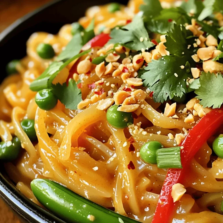 To make Thai peanut noodles, you need the following ingredients: - 8 oz rice noodles - 1/2 cup creamy peanut butter - 2 tablespoons soy sauce - 1 tablespoon fresh lime juice - 2 tablespoons honey or maple syrup - 1 tablespoon sesame oil (plus more for cooking) - 2 teaspoons freshly grated ginger - 1 red bell pepper, thinly sliced - 1 cup snap peas, trimmed and halved - 1 cup shredded carrots - 1/4 cup chopped green onions - 1/4 cup crushed peanuts (for garnish) - Fresh cilantro leaves (for garnish, optional) - Crushed red pepper flakes (to taste) If you can’t find some ingredients, don’t worry! Here are some easy swaps: - Rice noodles: You can use whole wheat noodles or spaghetti if needed. - Creamy peanut butter: Almond or cashew butter works too. - Soy sauce: Use tamari for gluten-free or coconut aminos for a lighter taste. - Honey: Agave syrup or maple syrup makes a great vegan option. - Sesame oil: Olive oil adds flavor but use less since it’s stronger. To get that true Thai flavor, some ingredients are key: - Fresh lime juice: It adds brightness and balances the richness of the peanut butter. - Freshly grated ginger: This adds warmth and depth to the dish. - Crushed red pepper flakes: They bring heat, giving the dish a delightful kick. When you gather these ingredients, you’re ready to make a flavorful meal! For the full recipe, check the earlier sections. Start by boiling a large pot of water. Once the water boils, add the rice noodles. Cook them for about 7-10 minutes or until they are soft but still firm. After cooking, drain the noodles and rinse them under cold water. This stops them from cooking more. Set the noodles aside to drain fully. In a medium bowl, mix the creamy peanut butter, soy sauce, lime juice, honey, sesame oil, and grated ginger. Use a whisk to stir until the sauce is smooth. If it is thick, add warm water one tablespoon at a time. Keep mixing until you reach the right consistency. Heat a little sesame oil in a large skillet over medium heat. Once hot, add the sliced red bell pepper, snap peas, and shredded carrots. Cook for about 3-4 minutes. Stir often until the veggies are bright and slightly tender. Add the cooked rice noodles to the skillet with the sautéed vegetables. Pour the peanut sauce over everything. Use tongs or a spatula to toss everything together. Mix until the noodles are coated in sauce and heated through, about 2-3 minutes. Take the skillet off the heat. Serve the noodles on plates. Top with chopped green onions and crushed peanuts. If you like, add fresh cilantro and a pinch of crushed red pepper flakes for extra flavor. Serve warm and enjoy! For the complete recipe, check out the Full Recipe section. To make perfect rice noodles, start with a large pot of boiling water. Add the noodles and cook them until they are al dente. This means they should be tender but still have a slight bite. After cooking, rinse the noodles under cold water to stop cooking. This step keeps them from getting mushy. If your peanut sauce seems too thick, don't worry. You can fix it easily! Gradually add warm water, one tablespoon at a time. Stir well after each addition until the sauce reaches your desired thickness. A smoother sauce makes for better coating on the noodles. Want to boost the flavor? Here are a few tips: - Use fresh lime juice instead of bottled. Fresh juice makes a big difference. - Add more ginger for a zesty kick. - Sprinkle crushed red pepper flakes to heat things up. - Top with fresh cilantro for a burst of freshness. For more details, check the Full Recipe. Enjoy experimenting with your dish! {{image_4}} You can easily make Thai peanut noodles vegetarian or vegan. For a vegetarian dish, simply use honey. To make it vegan, swap honey for maple syrup. This small change keeps the sweet taste while making it plant-based. You can also add tofu for protein. Just sauté the tofu until golden. It absorbs the sauce well and adds a great texture. To make Thai peanut noodles gluten-free, choose rice noodles. They offer a nice chew and pair well with the sauce. Check the soy sauce you use, as many contain gluten. Opt for tamari, which is a gluten-free soy sauce. This keeps the flavor intact without gluten. Feel free to customize your dish! Add proteins like shrimp, chicken, or beef. Cook them in the skillet before adding vegetables. For veggies, use bok choy, bell peppers, or broccoli. You can also toss in baby corn or mushrooms. This dish is flexible, so mix and match based on what you like or have on hand. Experimenting with these variations makes your meal more fun and tailored to your taste. For the full recipe, check back to see how to whip up this delicious dish! Storing leftover Thai peanut noodles is easy. First, let them cool completely. Then, place the noodles in an airtight container. This will keep them fresh. You can store them in the fridge for up to three days. If you want to keep them longer, consider freezing. To reheat your noodles, take them out of the fridge. You can use a microwave or a skillet. If using a microwave, place them in a bowl. Add a splash of water to keep them moist. Heat for one to two minutes, stirring halfway. If using a skillet, add a bit of sesame oil and heat over medium. Stir until warm, about five minutes. Freezing is a great way to save your noodles. First, separate the noodles from the sauce and veggies. This helps them keep their texture. Place the noodles in a freezer bag and remove the air. You can freeze them for up to three months. When ready to eat, thaw overnight in the fridge. Reheat as described above. Enjoy your meal anytime! For the complete recipe, refer to Full Recipe. The best noodles for Thai Peanut Noodles are rice noodles. They are light and absorb flavors well. You can find them in many stores. Look for "rice vermicelli" or "pad Thai noodles." Both work great in this dish. They give a nice chew and texture. Yes, you can make Thai Peanut Noodles ahead of time. Prep the noodles and sauce in advance. Store them in separate containers in the fridge. When you are ready to eat, combine them and heat. This dish tastes great even after a day in the fridge. To add spice, use crushed red pepper flakes. Start with a pinch and adjust to your taste. You can also add chopped fresh chili peppers for a fresh kick. Another option is to mix in some sriracha or chili paste into the sauce. These choices will give your dish more heat. Yes, you can make this dish nut-free. Replace peanut butter with sun butter or tahini. Both options keep the creamy texture. You can also skip the nuts entirely if needed. The dish will still be tasty and flavorful without the nuts. For the full recipe, check the ingredients and instructions above. In this blog post, we explored the ingredients needed for Thai peanut noodles and shared cooking steps. We looked at tips for perfecting the dish and ways to adapt it to your diet. I gave you storage tips for leftovers and answered common questions, making this meal easy to enjoy. Remember, cooking is fun! You can try new flavors and make it your own. Enjoy your tasty Thai peanut noodles!