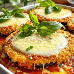 - Eggplants: Use 2 medium eggplants. Slice them into 1/2-inch rounds for even cooking. - Breading Ingredients: You need 1 cup of flour, 3 large eggs (beaten), and 2 cups of Italian-style breadcrumbs. This mix gives a crispy texture. - Cheese Varieties: I like to use 3 cups of shredded mozzarella cheese and 1 cup of grated Parmesan cheese. They melt well and add great flavor. - Marinara Sauce: Use 4 cups of marinara sauce, either homemade or store-bought. It’s the base of the dish. - Seasoning and Garnish: Gather 2 teaspoons of dried oregano, 1 teaspoon of garlic powder, fresh basil leaves, olive oil spray, salt, and pepper. These add depth and freshness to the dish. These ingredients come together to create a rich and tasty meal. You can mix and match based on what you have at home. For the full details on preparing this dish, check the Full Recipe. Preheat the Oven: Ideal Temperature First, preheat your oven to 375°F (190°C). This is the perfect heat for baking eggplant. A hot oven helps the breading get nice and crispy. Setting Up Your Breading Station Next, set up your breading station. You will need three shallow dishes. Fill the first with flour, the second with beaten eggs, and the third with breadcrumbs mixed with garlic powder, oregano, salt, and pepper. This setup makes it easy to coat the eggplant. Coating Process: Flour, Eggs, Breadcrumbs Now, it's time to bread the eggplant. Take a slice of eggplant and coat it in flour. Make sure to cover both sides well. Then, dip it into the beaten eggs. Let any extra egg drip off. After that, press the slice into the breadcrumb mix. Ensure the breadcrumbs stick, so you get a crispy crust. Arrange on Baking Sheet: Tips for Even Cooking Lightly spray a baking sheet with olive oil. Place the breaded eggplant slices in a single layer. This spacing helps them cook evenly. Give the tops a light spray of olive oil to help them brown. Layering Instructions: Building Your Dish Once the eggplant bakes for about 25-30 minutes, it's time to assemble. Start by spreading a thin layer of marinara sauce on the bottom of a large baking dish. Next, layer half of the baked eggplant slices over the sauce. Final Bake for Perfect Texture Pour half of the remaining marinara sauce over the eggplant. Then, sprinkle half of the mozzarella and half of the Parmesan on top. Repeat this layering with the rest of the eggplant, sauce, and cheese. Bake the dish again for 25-30 minutes. Look for the cheese to bubble and turn golden brown. This final bake gives your dish a perfect texture. Enhancing Marinara Sauce To make your marinara sauce shine, add fresh herbs. Basil and oregano boost the taste. You can also mix in a pinch of sugar. This helps to cut any acidity. If you like a kick, add a bit of red pepper flakes. This will make your sauce pop! The Importance of Seasoning Never skip seasoning! Salt and pepper are key. They enhance the flavor of each layer in your dish. Make sure to season the breading mix well. This adds depth to your eggplant. A little garlic powder in the breadcrumbs makes a big difference too. Tips for Crispy Eggplant To get crispy eggplant, salt the slices first. This will draw out moisture. Let them sit for about 15 minutes. Rinse and pat them dry before breading. Use a light spray of olive oil before baking for extra crunch. This helps the eggplant get that golden color without frying. Baking vs. Frying: Pros and Cons Baking is healthier and less messy than frying. You use less oil and still get great flavor. Frying gives a richer taste but adds calories. If you have time, try frying for more crunch. Just be careful not to burn the breading! Serving Ideas with Side Dishes When serving, think about balance. A fresh side salad pairs well. It adds color and crunch. You can also serve garlic bread to soak up sauce. This makes for a hearty meal that everyone will enjoy. Garnishing Techniques for Visual Appeal Garnish your dish with fresh basil leaves. This adds a pop of green and a nice aroma. A sprinkle of grated Parmesan on top looks nice too. It makes the dish feel more fancy. Serve it hot for the best experience! {{image_4}} - Gluten-Free Options: If you want to make this dish gluten-free, swap the all-purpose flour and breadcrumbs for gluten-free versions. Use almond flour or rice flour for coating the eggplant. For the breadcrumbs, find gluten-free options in stores or make your own from gluten-free bread. - Alternative Cheeses: Vegan Choices: To make this dish vegan, substitute the mozzarella and Parmesan cheese. Look for vegan mozzarella made from nuts or soy. Nutritional yeast can also add a cheesy flavor without dairy. - Adding Vegetables: You can make your eggplant parmesan even better by adding other veggies. Spinach, mushrooms, or zucchini can mix well with the eggplant. Just sauté them lightly before layering them in the dish. This adds color and nutrients. - Spice Level: If you like heat, sprinkle red pepper flakes between the layers. This small change can give your dish a nice kick. Adjust the amount based on your spice preference. - Air Fryer Baked Eggplant Parmesan: If you want a quicker way to cook, use an air fryer. Slice the eggplant, bread it, and place it in the air fryer basket. Cook at 375°F for about 15-20 minutes. This method gives you a crispy texture without using too much oil. - Slow Cooker Version for Convenience: For an easy meal, try a slow cooker. Layer the breaded eggplant, sauce, and cheese in the slow cooker. Cook on low for 4-6 hours. This method lets the flavors blend well while you focus on other tasks. Feel free to explore these variations to make your baked eggplant parmesan unique! You can find the Full Recipe above to guide you through the process. To keep your Baked Eggplant Parmesan fresh, start by cooling the dish to room temperature. Then, cover it tightly with plastic wrap or aluminum foil. Store it in the fridge for up to four days. This method helps maintain its flavor and texture. For longer storage, you can freeze it. Cut the eggplant parmesan into portions. Wrap each piece in plastic wrap, then place it in a freezer-safe bag. You can freeze it for up to three months. Remember to label the bags with the date. For the best taste, reheat your eggplant parmesan in the oven. Preheat your oven to 350°F (175°C). Place the dish in an oven-safe pan and cover it with foil. Heat for about 20-25 minutes. This method keeps it warm and ensures it doesn’t dry out. While the microwave is quicker, it may not give the same results. If using a microwave, place a slice on a microwave-safe plate. Cover it with a damp paper towel. Heat for 1-2 minutes. Check the temperature to ensure it’s hot throughout. The oven is better for a crisp finish, but the microwave works if you’re in a hurry. Can I prepare Baked Eggplant Parmesan in advance? Yes, you can make it ahead. Prepare the eggplant and layer it in a dish. Cover it and store it in the fridge. Bake it just before serving. How long can I store leftovers in the refrigerator? You can keep leftovers for about three to four days. Make sure to store them in an airtight container to keep them fresh. What can I substitute for marinara sauce? You can use pesto, Alfredo sauce, or even a homemade tomato sauce. Each option will give a unique twist to the dish. Is it necessary to salt the eggplant before cooking? Salting helps draw out excess moisture. It can reduce bitterness, making the eggplant taste better. If you skip this step, it’s okay, but salting is recommended. Can I use fresh eggplant instead of frozen? Yes, fresh eggplant works great! Just slice it and follow the recipe. Frozen eggplant may have a softer texture, but it can still taste good. Why is my eggplant soggy? Soggy eggplant can happen if it has too much moisture. Salting it before cooking helps. Also, make sure to bake it long enough for a crispy texture. How to avoid burnt breadcrumbs? To prevent burnt breadcrumbs, mix them with olive oil before coating. Keep an eye on the baking time and adjust the oven temperature if needed. Baked Eggplant Parmesan is a delicious dish. We covered essential ingredients like eggplants, breading, and cheese. I shared clear steps for preparing, baking, and layering your meal. You learned tips for great flavor and texture, along with serving ideas. We also explored variations and storage tips. Remember, with practice, you can master this dish. Enjoy making it your own!