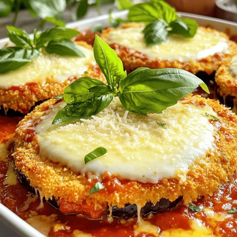 - Eggplants: Use 2 medium eggplants. Slice them into 1/2-inch rounds for even cooking. - Breading Ingredients: You need 1 cup of flour, 3 large eggs (beaten), and 2 cups of Italian-style breadcrumbs. This mix gives a crispy texture. - Cheese Varieties: I like to use 3 cups of shredded mozzarella cheese and 1 cup of grated Parmesan cheese. They melt well and add great flavor. - Marinara Sauce: Use 4 cups of marinara sauce, either homemade or store-bought. It’s the base of the dish. - Seasoning and Garnish: Gather 2 teaspoons of dried oregano, 1 teaspoon of garlic powder, fresh basil leaves, olive oil spray, salt, and pepper. These add depth and freshness to the dish. These ingredients come together to create a rich and tasty meal. You can mix and match based on what you have at home. For the full details on preparing this dish, check the Full Recipe. Preheat the Oven: Ideal Temperature First, preheat your oven to 375°F (190°C). This is the perfect heat for baking eggplant. A hot oven helps the breading get nice and crispy. Setting Up Your Breading Station Next, set up your breading station. You will need three shallow dishes. Fill the first with flour, the second with beaten eggs, and the third with breadcrumbs mixed with garlic powder, oregano, salt, and pepper. This setup makes it easy to coat the eggplant. Coating Process: Flour, Eggs, Breadcrumbs Now, it's time to bread the eggplant. Take a slice of eggplant and coat it in flour. Make sure to cover both sides well. Then, dip it into the beaten eggs. Let any extra egg drip off. After that, press the slice into the breadcrumb mix. Ensure the breadcrumbs stick, so you get a crispy crust. Arrange on Baking Sheet: Tips for Even Cooking Lightly spray a baking sheet with olive oil. Place the breaded eggplant slices in a single layer. This spacing helps them cook evenly. Give the tops a light spray of olive oil to help them brown. Layering Instructions: Building Your Dish Once the eggplant bakes for about 25-30 minutes, it's time to assemble. Start by spreading a thin layer of marinara sauce on the bottom of a large baking dish. Next, layer half of the baked eggplant slices over the sauce. Final Bake for Perfect Texture Pour half of the remaining marinara sauce over the eggplant. Then, sprinkle half of the mozzarella and half of the Parmesan on top. Repeat this layering with the rest of the eggplant, sauce, and cheese. Bake the dish again for 25-30 minutes. Look for the cheese to bubble and turn golden brown. This final bake gives your dish a perfect texture. Enhancing Marinara Sauce To make your marinara sauce shine, add fresh herbs. Basil and oregano boost the taste. You can also mix in a pinch of sugar. This helps to cut any acidity. If you like a kick, add a bit of red pepper flakes. This will make your sauce pop! The Importance of Seasoning Never skip seasoning! Salt and pepper are key. They enhance the flavor of each layer in your dish. Make sure to season the breading mix well. This adds depth to your eggplant. A little garlic powder in the breadcrumbs makes a big difference too. Tips for Crispy Eggplant To get crispy eggplant, salt the slices first. This will draw out moisture. Let them sit for about 15 minutes. Rinse and pat them dry before breading. Use a light spray of olive oil before baking for extra crunch. This helps the eggplant get that golden color without frying. Baking vs. Frying: Pros and Cons Baking is healthier and less messy than frying. You use less oil and still get great flavor. Frying gives a richer taste but adds calories. If you have time, try frying for more crunch. Just be careful not to burn the breading! Serving Ideas with Side Dishes When serving, think about balance. A fresh side salad pairs well. It adds color and crunch. You can also serve garlic bread to soak up sauce. This makes for a hearty meal that everyone will enjoy. Garnishing Techniques for Visual Appeal Garnish your dish with fresh basil leaves. This adds a pop of green and a nice aroma. A sprinkle of grated Parmesan on top looks nice too. It makes the dish feel more fancy. Serve it hot for the best experience! {{image_4}} - Gluten-Free Options: If you want to make this dish gluten-free, swap the all-purpose flour and breadcrumbs for gluten-free versions. Use almond flour or rice flour for coating the eggplant. For the breadcrumbs, find gluten-free options in stores or make your own from gluten-free bread. - Alternative Cheeses: Vegan Choices: To make this dish vegan, substitute the mozzarella and Parmesan cheese. Look for vegan mozzarella made from nuts or soy. Nutritional yeast can also add a cheesy flavor without dairy. - Adding Vegetables: You can make your eggplant parmesan even better by adding other veggies. Spinach, mushrooms, or zucchini can mix well with the eggplant. Just sauté them lightly before layering them in the dish. This adds color and nutrients. - Spice Level: If you like heat, sprinkle red pepper flakes between the layers. This small change can give your dish a nice kick. Adjust the amount based on your spice preference. - Air Fryer Baked Eggplant Parmesan: If you want a quicker way to cook, use an air fryer. Slice the eggplant, bread it, and place it in the air fryer basket. Cook at 375°F for about 15-20 minutes. This method gives you a crispy texture without using too much oil. - Slow Cooker Version for Convenience: For an easy meal, try a slow cooker. Layer the breaded eggplant, sauce, and cheese in the slow cooker. Cook on low for 4-6 hours. This method lets the flavors blend well while you focus on other tasks. Feel free to explore these variations to make your baked eggplant parmesan unique! You can find the Full Recipe above to guide you through the process. To keep your Baked Eggplant Parmesan fresh, start by cooling the dish to room temperature. Then, cover it tightly with plastic wrap or aluminum foil. Store it in the fridge for up to four days. This method helps maintain its flavor and texture. For longer storage, you can freeze it. Cut the eggplant parmesan into portions. Wrap each piece in plastic wrap, then place it in a freezer-safe bag. You can freeze it for up to three months. Remember to label the bags with the date. For the best taste, reheat your eggplant parmesan in the oven. Preheat your oven to 350°F (175°C). Place the dish in an oven-safe pan and cover it with foil. Heat for about 20-25 minutes. This method keeps it warm and ensures it doesn’t dry out. While the microwave is quicker, it may not give the same results. If using a microwave, place a slice on a microwave-safe plate. Cover it with a damp paper towel. Heat for 1-2 minutes. Check the temperature to ensure it’s hot throughout. The oven is better for a crisp finish, but the microwave works if you’re in a hurry. Can I prepare Baked Eggplant Parmesan in advance? Yes, you can make it ahead. Prepare the eggplant and layer it in a dish. Cover it and store it in the fridge. Bake it just before serving. How long can I store leftovers in the refrigerator? You can keep leftovers for about three to four days. Make sure to store them in an airtight container to keep them fresh. What can I substitute for marinara sauce? You can use pesto, Alfredo sauce, or even a homemade tomato sauce. Each option will give a unique twist to the dish. Is it necessary to salt the eggplant before cooking? Salting helps draw out excess moisture. It can reduce bitterness, making the eggplant taste better. If you skip this step, it’s okay, but salting is recommended. Can I use fresh eggplant instead of frozen? Yes, fresh eggplant works great! Just slice it and follow the recipe. Frozen eggplant may have a softer texture, but it can still taste good. Why is my eggplant soggy? Soggy eggplant can happen if it has too much moisture. Salting it before cooking helps. Also, make sure to bake it long enough for a crispy texture. How to avoid burnt breadcrumbs? To prevent burnt breadcrumbs, mix them with olive oil before coating. Keep an eye on the baking time and adjust the oven temperature if needed. Baked Eggplant Parmesan is a delicious dish. We covered essential ingredients like eggplants, breading, and cheese. I shared clear steps for preparing, baking, and layering your meal. You learned tips for great flavor and texture, along with serving ideas. We also explored variations and storage tips. Remember, with practice, you can master this dish. Enjoy making it your own!