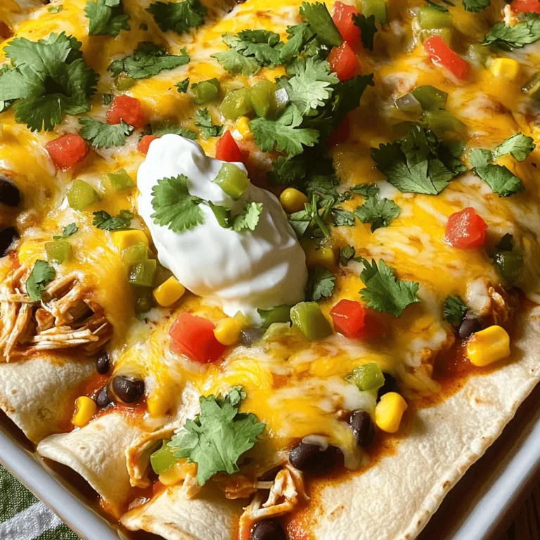 To make tasty chicken and cheese enchiladas, you need a few key ingredients. Here’s what you will need: - 2 cups cooked chicken, shredded - 1 cup black beans, drained and rinsed - 1 cup corn kernels (fresh, frozen, or canned) - 1 cup diced bell peppers (a mix of red and green for color) - 8 flour tortillas (8 inches in diameter) - 2 cups shredded cheese (a blend of cheddar and Monterey Jack works best) - 2 cups enchilada sauce (store-bought or homemade) Seasonings bring flavor to your enchiladas. Use these simple spices: - 1 teaspoon ground cumin - 1 teaspoon chili powder - 1/2 teaspoon garlic powder These seasonings add warmth and depth to your dish. They make each bite delicious and satisfying. Garnishes add a fresh touch to your enchiladas. Here are some great choices: - Fresh cilantro, chopped - Sour cream (for serving) Adding these garnishes not only makes your dish look pretty but also enhances the taste. They bring a burst of freshness that pairs well with the rich flavors of the enchiladas. For the full recipe, check out the details in the recipe section above. 1. Preheat your oven to 350°F (175°C). This warms it up for baking. 2. In a large bowl, mix the shredded chicken, black beans, corn, and bell peppers. 3. Add the cumin, chili powder, and garlic powder. Stir well until combined. 4. Spread a thin layer of enchilada sauce on the bottom of a 9x13 inch baking dish. This keeps the enchiladas from sticking. 1. Take a flour tortilla and add about 1/3 cup of the chicken mixture in the center. 2. Sprinkle some cheese over the filling. Roll the tortilla tightly. 3. Place the rolled tortilla seam-side down in the baking dish. Repeat this with the rest of the tortillas. 4. Once all tortillas are in the dish, pour the remaining enchilada sauce on top. 5. Ensure each tortilla is covered with sauce, then sprinkle the rest of the cheese evenly over the dish. 1. Cover the baking dish with aluminum foil. This helps keep moisture in. 2. Bake in the preheated oven for 20 minutes. 3. After 20 minutes, remove the foil. Bake for another 10-15 minutes until the cheese bubbles and turns golden. 4. Once baked, let the dish cool for a few minutes. Garnish with chopped cilantro before serving. Enjoy your tasty Chicken and Cheese Enchiladas! To make the best chicken and cheese enchiladas, follow a few key tips. Always use fresh ingredients. Fresh herbs and spices can really elevate your dish. Mix your chicken well with the beans and corn. This ensures every bite is full of flavor. Don't overstuff the tortillas. About 1/3 cup of filling works well. If you do, they may split while baking. One mistake is not preheating the oven. Make sure to heat it to 350°F (175°C). This helps the cheese melt just right. Another mistake is using too little sauce. The sauce keeps the enchiladas moist. Also, avoid using too many spices. They can overpower the taste. Keep the balance of flavors in mind. For this recipe, you need a few tools. A large mixing bowl helps combine all the ingredients. Use a 9x13 inch baking dish for cooking. An aluminum foil cover is great for keeping moisture in. A spatula or tongs will help you serve the enchiladas neatly. These tools will make your cooking easier and more fun. For the full recipe, check out the Full Recipe section. {{image_4}} You can easily make chicken and cheese enchiladas vegetarian. Replace the chicken with a mix of veggies. Use ingredients like zucchini, mushrooms, or spinach. Black beans can add protein and a nice texture. Keep all seasonings the same for great flavor. If you enjoy heat, add diced jalapeños to your filling. You can also use spicy enchilada sauce for more kick. Consider adding chipotle powder to the seasoning mix. This will give your enchiladas a smoky flavor. While red enchilada sauce is classic, you can try green sauce too. Tomatillo sauce adds a tart and fresh taste. For a creamy twist, use a white sauce made with sour cream. You can even blend in salsa verde for extra zest. These options will make your enchiladas stand out. For the full recipe, check out [Full Recipe]. Store leftover enchiladas in an airtight container. This keeps them fresh and tasty. Let them cool to room temperature first. Then, cover the dish tightly with plastic wrap or foil. For best results, eat them within three days. To reheat, use the oven for the best taste. Preheat the oven to 350°F (175°C). Place the enchiladas in a baking dish and cover with foil. Heat for about 20 minutes. You can also use a microwave for quick reheating. Just place a portion on a microwave-safe plate and cover it. Heat in short bursts until warm. Want to save some for later? Freezing is a great way! Wrap each enchilada in plastic wrap. Then, place them in a freezer-safe bag. This helps prevent freezer burn. You can freeze them for up to three months. To cook frozen enchiladas, thaw them overnight in the fridge first. Then, reheat in the oven. Enjoy your meal anytime! To add heat, use jalapeños or hot sauce. You can mix diced jalapeños into the filling. Or, sprinkle chili powder on top before baking. For a bolder flavor, try using spicy enchilada sauce. You can also add diced chipotle peppers for a smoky taste. Yes, corn tortillas work well for enchiladas. They have a distinct flavor and texture. Soften them in a pan with a little oil before filling, as this helps prevent tearing. Corn tortillas can make your dish gluten-free, which is great for those with dietary needs. Pair enchiladas with rice or beans for a complete meal. A fresh salad with lime dressing adds a crisp touch. You can also serve guacamole or salsa on the side. A dollop of sour cream enhances creaminess and balances the spice. For a festive touch, add chips and queso! You learned how to make delicious Chicken and Cheese Enchiladas. We covered essential ingredients, step-by-step instructions, and tips. I shared variations to suit your taste and storage tips for leftovers. Enjoy crafting these tasty meals with ease. Remember, cooking is fun! Keep experimenting with flavors and ingredients. Your perfect enchiladas are just a recipe away. Enjoy each bite!
