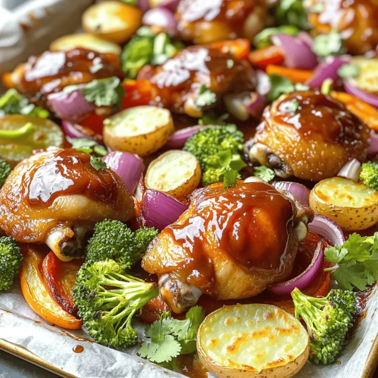 - Chicken thighs: skin-on - Vegetables: baby potatoes, red onion, bell pepper, broccoli - Seasonings: garlic powder, smoked paprika, sea salt, black pepper Using chicken thighs gives this dish rich flavor. The skin adds crispness and moisture. For vegetables, I love using baby potatoes, red onion, bell pepper, and broccoli. These veggies roast well and bring color to the plate. For seasonings, garlic powder and smoked paprika work wonders. They enhance the natural taste of the chicken and veggies. Sea salt and black pepper add balance, making every bite delicious. Choosing the best BBQ sauce is key. You want a sauce that is sweet, tangy, and smoky. This balance brings out the best in the chicken. You can use store-bought BBQ sauce for convenience. However, I recommend making your own if you have time. A homemade sauce gives you more control over the flavor. You can adjust sweetness, spice, and acidity to your liking. For the full recipe, check out my detailed instructions. 1. Start by preheating your oven to 425°F (220°C). This high heat helps the chicken get crispy. 2. Line a large sheet pan with parchment paper. This makes cleaning up easy later. 3. In a big mixing bowl, combine the baby potatoes, red onion, bell pepper, and broccoli. 4. Drizzle 2 tablespoons of olive oil over the veggies. Add 1 teaspoon of garlic powder, 1 teaspoon of smoked paprika, sea salt, and black pepper. 5. Toss the veggies well until they are coated in oil and seasoning. 6. Spread the seasoned vegetables evenly on the sheet pan. Make sure there is enough room for the chicken. 7. Pat the chicken thighs dry with paper towels. This helps the skin get crispy when cooked. 8. Season both sides of the chicken thighs with sea salt and black pepper. 9. Place the chicken thighs on the pan, skin side up, next to the veggies. 10. Use a basting brush to apply BBQ sauce over the chicken. Save some sauce for later. 11. Transfer the sheet pan to the oven and bake for 25-30 minutes. Check that the chicken is at least 165°F (75°C) inside. 12. In the last 5 minutes, brush the remaining BBQ sauce on the chicken. This adds extra flavor and shine. 13. Once done, take the pan out of the oven. Let the chicken rest for a few minutes. 14. Before serving, garnish the dish with fresh chopped cilantro for a pop of color. For the full experience, check out the [Full Recipe]. Enjoy your tasty meal! To achieve the crispiest skin, start by drying the chicken thighs. Use paper towels to remove moisture. Next, season them well with sea salt and black pepper. This step enhances the flavor and encourages browning. For extra crunch, try broiling the chicken for the last few minutes of cooking. For seasoning, consider using a mix of garlic powder and smoked paprika. These ingredients add depth and a smoky flavor that pairs well with BBQ sauce. You can also try other spices like cayenne for heat or herbs like thyme for freshness. To ensure even cooking for all vegetables, cut them into similar sizes. Halve baby potatoes and slice onions and bell peppers into uniform pieces. Broccoli florets should be similar in size too. This way, everything cooks at the same pace. Feel free to substitute vegetables according to your taste. You can use carrots, zucchini, or asparagus. Just remember that softer veggies like zucchini may need less time in the oven. Pair your sheet pan BBQ chicken with sides like coleslaw or cornbread. These add texture and balance to the meal. A fresh salad with a light vinaigrette can brighten the plate, too. For creative presentations, arrange the chicken and veggies on a big platter. Drizzle any leftover BBQ sauce over the top. Finish with fresh cilantro sprigs for a pop of color. This makes the meal look inviting and delicious. For the full recipe, check out the Sheet Pan BBQ Chicken Delight. {{image_4}} You can easily switch the chicken for other meats. Pork works great if you want a tasty change. Try pork chops or tenderloin for a juicy twist. Shrimp cooks fast and adds a nice flair, too. Just make sure to adjust baking time, as shrimp cooks quicker than chicken. If you're looking for a veggie-only option, go for it! Use hearty vegetables like cauliflower or chickpeas. These add protein and flavor. Toss in sweet potatoes for a sweet touch. This way, you can enjoy a full meal without meat. BBQ sauce is the star, but you can mix it up. Try different flavors like spicy, smoky, or even sweet. A honey BBQ sauce can add a nice sweetness. You might also want to try mustard-based sauces for a tangy kick. Adding herbs and spices can give your dish a unique twist. Fresh herbs like rosemary or thyme work well. You can also sprinkle on some chili powder for heat. A little experimentation can lead to exciting new tastes. Incorporating seasonal veggies makes your dish fresh and vibrant. Use local produce for the best flavors. In summer, cherry tomatoes or zucchini can add color and taste. In fall, root vegetables like carrots or parsnips are perfect. Be flexible with your ingredients based on what's available. This can help you save money and reduce waste. You can adjust the recipe to fit what you have on hand. This way, your meal stays fun and interesting. For the full recipe, check out the [Full Recipe]. To keep your sheet pan BBQ chicken fresh, follow these tips. First, let the chicken cool to room temperature. Then, place it in an airtight container. Store the chicken with the veggies if you like. In the fridge, it will stay good for about 3 to 4 days. This way, you can enjoy your meal later. If you want to save it for later, freezing is a great option. Wrap the chicken and veggies tightly in plastic wrap. Then, place them in a freezer-safe bag. This keeps air out and prevents freezer burn. You can freeze it for up to 3 months. When you are ready to eat, move it to the fridge to thaw overnight. For the best taste, reheating on the stovetop is a smart choice. Heat a skillet over medium heat, adding a splash of water. This helps keep the chicken juicy. If you use a microwave, place the chicken on a plate and cover it with a damp paper towel. This keeps the moisture in. Either way, be careful not to overcook it. Avoid soggy chicken by reheating gently and checking often. Enjoy your tasty meal again! Bake your sheet pan BBQ chicken for 25 to 30 minutes. This time gives the chicken a crispy skin and cooks it to a safe internal temperature of 165°F (75°C). Always check for doneness with a meat thermometer. If your chicken thighs are larger, you may need a few extra minutes. The key is to ensure they are golden brown and juicy. Yes, you can use boneless chicken. Boneless thighs are great for this recipe. They cook faster and stay moist. However, bone-in thighs give more flavor. If you use boneless, reduce the baking time by about 5 to 10 minutes. Always check the internal temperature for safety. You have many tasty options for sides. Here are some popular choices: - Coleslaw for crunch and creaminess - Cornbread for a sweet touch - Grilled corn on the cob for summer flavor - Rice or quinoa for a hearty base - A fresh salad for brightness No, it's not a strict rule to use a sheet pan. You can use a roasting pan or a large baking dish. The key is to allow space for the chicken and veggies to roast evenly. If you want to use a grill, you can also cook the chicken there, just keep an eye on it to prevent burning. This blog post covered how to make delicious sheet pan BBQ chicken. You learned about the key ingredients, like chicken thighs and fresh veggies. I shared easy, step-by-step instructions for preparation, cooking, and finishing touches. You also discovered tips for perfect results, variations to suit your taste, and safe storage methods. In the end, this dish is simple, tasty, and fun for everyone. Enjoy the many flavors you can create!