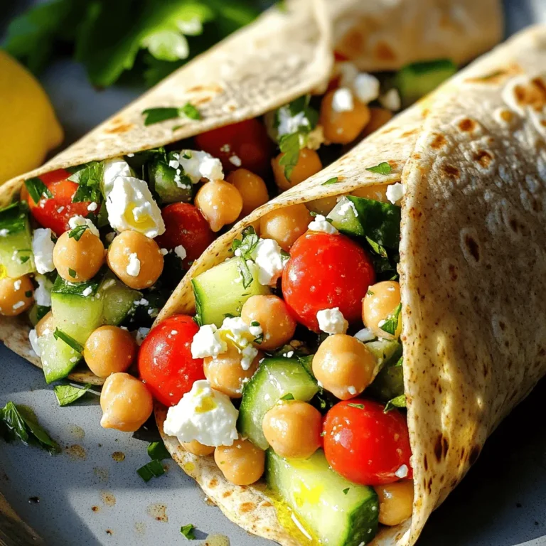 - 1 can (15 oz) chickpeas, thoroughly drained and rinsed - 1 cup cherry tomatoes, halved - 1 medium cucumber, diced into bite-sized pieces - ½ red onion, finely chopped - ½ cup Kalamata olives, pitted and sliced into rings - 1 cup feta cheese, crumbled into small pieces - 3 tablespoons extra virgin olive oil - 2 tablespoons freshly squeezed lemon juice - 1 teaspoon dried oregano - Salt and freshly cracked black pepper, to taste - 4 large whole wheat wraps or pita bread - Fresh parsley, chopped (for garnish) You need these ingredients to make Greek Chickpea Salad Wraps. The chickpeas are the star of the show. They bring protein and creaminess. Cherry tomatoes add sweetness and color. The cucumber gives a nice crunch. Red onion adds a sharp taste that balances the mix. Kalamata olives bring a briny flavor, while feta cheese adds a salty creaminess. For the dressing, mix olive oil, lemon juice, dried oregano, salt, and pepper. This simple blend brings all the flavors together. The wraps or pita hold everything. They make the meal easy to eat. Finally, fresh parsley is not just a garnish; it brightens the dish and adds flavor. You can find the full recipe above to get started on this fresh and tasty meal. - In a large bowl, combine the chickpeas, halved cherry tomatoes, diced cucumber, chopped red onion, sliced olives, and crumbled feta. This mix brings lots of flavors and colors together. - In a small bowl, whisk the olive oil, lemon juice, oregano, salt, and pepper. This dressing adds zest to your salad. - Drizzle the dressing over the salad mix. Toss gently to coat everything evenly. Be careful not to mash the chickpeas. - Lay out your whole wheat wraps or pita on a clean, flat surface. This makes it easy to fill them. - Scoop a portion of the chickpea salad into the center of each wrap. Don’t overfill, or they will be hard to roll. - To wrap, fold in the sides of the wrap first. Then, start rolling from the bottom up. Keep it tight to hold in the filling. - Slice each wrap in half diagonally with a knife for serving. This makes them easier to eat and looks nice on a plate. For the full recipe, you can check the details again to ensure you have everything ready for this fresh and tasty meal! - Ensure ingredients are fresh for best flavor. Fresh veggies make every bite crisp and tasty. - Avoid overfilling to prevent mess. A little goes a long way, and it keeps the wrap neat. - Use a sharp knife for clean cuts. This helps keep the filling inside and makes serving easy. - Allow dressing to sit for a few minutes for flavors to meld. This makes the salad brighter and more flavorful. - Adjust seasoning to taste. You might like it saltier or zestier, so feel free to tweak it. For the full experience, check out the Full Recipe for Greek Chickpea Salad Wraps. You’ll find all the steps and tips you need to make them perfect! {{image_4}} You can easily change the main ingredients in your Greek chickpea salad wraps. One fun swap is to use quinoa instead of chickpeas. Quinoa adds a nice texture and is gluten-free. It is a great choice for those who want to mix things up. You can also try different cheeses. Goat cheese gives a creamy touch, while vegan cheese works well for a dairy-free option. To kick up the flavor, add some spices. Cayenne or paprika can bring heat to your salad. Just a pinch will do! You can also add chopped bell peppers for crunch. Avocados are another great choice for creaminess. They add healthy fats and make your wraps even better. To keep your Greek Chickpea Salad Wraps fresh, store them in the fridge. Place the wraps in an airtight container. This helps keep the flavors locked in. Try to eat them within two days. This way, you enjoy the best taste and crunch. For easy meal prep, make the salad mix ahead of time. Combine all the veggies and chickpeas without the dressing. This keeps everything crisp and tasty. When you are ready to eat, drizzle on the dressing. Mix it just before serving for the best flavor. How do I make Greek Chickpea Salad Wraps vegan? To make these wraps vegan, simply omit the feta cheese. You can replace it with avocado or a vegan cheese. This keeps the wraps tasty and creamy without using dairy. Can I prepare these wraps ahead of time? Yes, you can prepare the salad mix in advance. Just store it in the fridge without the wraps. When you are ready to eat, wrap the salad in the whole wheat wraps or pita bread. This keeps the wraps fresh and prevents them from getting soggy. What can I serve with Greek Chickpea Salad Wraps? These wraps pair well with side dishes. You can serve them with a fresh cucumber salad or a bowl of tzatziki sauce for dipping. A side of roasted veggies also works nicely. Calories and protein content per serving Each serving of Greek Chickpea Salad Wraps has about 350 calories. It also contains around 15 grams of protein, thanks to the chickpeas and feta. Dietary considerations (gluten-free options, etc.) If you need a gluten-free option, use gluten-free wraps or lettuce leaves instead of pita bread. This way, you can enjoy the flavors without the gluten. In this blog post, I shared how to make delicious Greek Chickpea Salad Wraps. These wraps are easy to prepare and packed with fresh flavors. I included tips to perfect your wraps and suggestions for ingredient swaps. Remember, fresh ingredients make a big difference. Don’t hesitate to try new flavors or make them vegan. With the right storage, you can enjoy these wraps for a couple of days. Try this recipe for a healthy meal that’s quick and tasty! Cooking can be fun and simple when you use fresh ingredients.