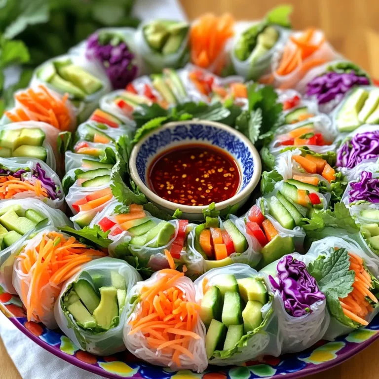 - 10 rice paper wrappers - 1 cup shredded carrots - 1 cup red cabbage, finely sliced - 1 cup cucumber, julienned - 1 red bell pepper, thinly sliced - 1 avocado, thinly sliced - 1 cup fresh mint leaves - 1 cup fresh cilantro leaves - 1 tablespoon soy sauce - 1 tablespoon sesame oil - Salt to taste - Optional: Thai chili sauce for dipping To make fresh vegetable spring rolls, you need a few key items. First, rice paper wrappers form the base. They are light and flexible. Next, fresh vegetables add crunch and color. Carrots, cabbage, cucumber, bell pepper, and avocado work great. Each adds its unique taste. Finally, flavor enhancers like soy sauce and sesame oil bring everything together. You can switch out some veggies if needed. Try using lettuce or spinach instead of cabbage. If you don't have a red bell pepper, use a yellow or green one. For a gluten-free option, ensure you pick gluten-free soy sauce. This keeps your rolls safe for all diets. Feel free to get creative with your rolls. Add fresh herbs like basil or cilantro for extra flavor. You can also try spices like ginger or garlic. For dipping, consider peanut sauce or sweet chili sauce. These will add a fun twist to each bite. For the full recipe, don't forget to check out the [Full Recipe]. - Washing and cutting vegetables Start by washing all your vegetables. This step is key for fresh spring rolls. Use cold water to clean them well. After washing, chop the veggies. Shred the carrots, slice the cabbage, julienne the cucumber, and thinly slice the bell pepper and avocado. Place each cut veggie in its own bowl. This makes it easier to grab when assembling. - Soaking rice paper wrappers For the rice paper, grab a shallow dish and fill it with warm water. Dip one rice paper wrapper into the water. Let it soak for about 10-15 seconds. You want it soft, but not too mushy. Carefully lift it out and place it flat on a clean surface. Repeat this for each wrapper as you go. - Layering ingredients effectively Place the rice paper so one edge is closest to you. On the lower third of the wrapper, add a handful of shredded carrots. Next, layer in the red cabbage, cucumber, bell pepper, and avocado. Add a few mint and cilantro leaves on top. A pinch of salt enhances flavor. Drizzle a bit of soy sauce and sesame oil across the veggies for an extra kick. - Rolling techniques for a secure wrap Now for the fun part—rolling! Lift the edge closest to you and fold it over the filling. Tuck in the sides tightly. This way, nothing spills out. Continue rolling away from you until the spring roll is fully wrapped. Make sure it’s snug. Repeat this until you use up all the wrappers and fillings. - Plating ideas for an appealing presentation Arrange the completed spring rolls on a bright platter. For a pop of color, add extra mint and cilantro leaves around them. Place a small bowl of Thai chili sauce in the center for dipping. This makes the dish look inviting and tasty. - Chilling versus room temperature serving You can serve the spring rolls right away or chill them in the fridge. Chilled rolls offer a refreshing bite. If you prefer them at room temperature, they still taste great. Either way, enjoy your delicious creation! For the complete recipe, check the [Full Recipe]. To avoid tearing rice paper, keep a few things in mind: - Soak briefly: Submerge the rice paper in warm water for just 10-15 seconds. It should feel soft but not too mushy. - Use a clean surface: Lay the rice paper on a dry, flat surface to prevent sticking. - Layer lightly: Don’t overload the wrapper with too many veggies. A small handful works best. Maintaining freshness of the rolls is also key: - Wrap tightly: After filling, roll the rice paper snugly to keep the ingredients inside. - Serve with care: Arrange the rolls on a platter and cover them with a damp cloth until ready to eat. - Chill for a crisp bite: If you have time, refrigerate them for about 30 minutes before serving. The best dipping sauces for spring rolls include: - Thai chili sauce: This adds a sweet and spicy kick. - Peanut sauce: Creamy and rich, it pairs well with fresh veggies. - Soy sauce: A classic choice, it adds a salty depth to each bite. When pairing with beverages, consider: - Green tea: Its light flavor enhances the fresh taste of the rolls. - Coconut water: This adds a refreshing, tropical touch. - Sparkling water: It cleanses the palate between bites. To store leftover spring rolls: - Refrigerate: Place them in an airtight container, separated by parchment paper. This keeps them fresh. - Use within 2 days: For the best taste, enjoy them quickly. For reheating instructions: - Avoid the microwave: It can make the rice paper chewy. - Oven method: Preheat the oven to 350°F. Place rolls on a baking sheet and heat for about 10 minutes or until warm. Following these tips will help you enjoy your vegetable spring rolls at their best! If you want full details on how to make them, check out the Full Recipe. {{image_4}} You can easily adapt vegetable spring rolls to fit your diet. - Vegan variations: All the ingredients in this recipe are plant-based. You can use tofu for added protein. Just cube it and sauté it lightly. This adds flavor and texture. - Low-carb options: For a low-carb version, skip the rice paper. Instead, use lettuce leaves. They wrap well and give a nice crunch. Changing flavors can make these spring rolls exciting. - Spicy versions with chili: If you love heat, add sliced chili peppers. You can mix them with the veggies or use them as a topping. This gives your spring rolls a nice kick. - Sweet versions with fruits: For a fun twist, use fruits like mango or pineapple. Slice them thinly and add them to the filling. They bring a refreshing sweetness. Serving spring rolls differently can impress your guests. - Spring roll salads: Chop your spring rolls into bite-sized pieces and toss them in a salad. Add your favorite dressing for a unique dish. - Spring roll bowls: Place the rolled spring rolls in a bowl with rice or quinoa. Add a drizzle of sauce and top with fresh herbs. This makes a hearty meal. You can explore these variations and create your own unique rolls. Check the Full Recipe for more details! Vegetable spring rolls stay fresh in the fridge for about three days. To keep them from getting soggy, place a damp paper towel in the container. This helps keep the rice paper soft yet not wet. Also, store them in an airtight container to prevent drying out. You can freeze spring rolls for up to two months. To do this, lay them flat on a baking sheet. Freeze them for about one hour, then transfer them to a freezer bag. This helps keep them from sticking together. When it’s time to enjoy, thaw the rolls overnight in the fridge. You have options when reheating. For a crispier finish, use the oven. Preheat it to 350°F (175°C), then bake the rolls for about 10 minutes. If you prefer a quick method, the microwave works too. Just heat them for 30 seconds but be careful; this can make them soft. Always check that the rice paper stays crispy for the best bite. To keep your vegetable spring rolls crispy, avoid over-soaking the rice paper. Dip it in warm water for just 10-15 seconds. Use fresh, dry vegetables. If you prepare them ahead of time, store them in an airtight container with a damp paper towel. This keeps moisture at bay and helps maintain crunch. Yes, you can make vegetable spring rolls ahead of time. Prepare them a few hours before serving. To keep them fresh, place them in a single layer on a plate. Cover them with a damp cloth. This helps prevent them from drying out. However, it’s best to eat them within a day for optimal taste. Serve your spring rolls on a colorful platter. This makes them look inviting. You can chill them in the fridge or serve them at room temperature. Pair them with a bowl of Thai chili sauce for dipping. You can also add hoisin or peanut sauce for extra flavor. Yes, store-bought dips work well with vegetable spring rolls. Look for sweet chili sauce, hoisin sauce, or peanut sauce. Each adds a unique twist. Make sure to choose a dip that balances the fresh flavors of the rolls. Enjoy experimenting with different dips! In this article, we explored how to make fresh and delicious spring rolls. We looked at essential ingredients, possible substitutions, and optional additions to enhance flavor. The step-by-step instructions made preparation easy, from washing veggies to perfect rolling techniques. I shared tips for serving and storing your rolls, along with various tasty variations. Spring rolls are fun and simple to make. With the right tips, you can enjoy fresh rolls anytime. Try new flavors and enjoy your creations!