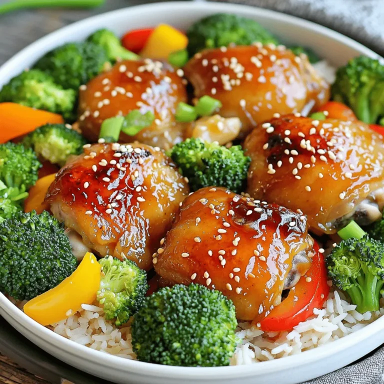 - 4 boneless, skinless chicken thighs - 1 tablespoon olive oil - 4 garlic cloves, minced - 1/4 cup honey - 1/4 cup low-sodium soy sauce - 1 tablespoon apple cider vinegar - 1 teaspoon fresh ginger, grated - Salt and black pepper to taste - 1 cup fresh broccoli florets - 1 cup bell pepper, thinly sliced - 1 cup jasmine rice (optional, for serving) - Sesame seeds - Thinly sliced green onions When I create One-Pan Honey Garlic Chicken, I start with some key ingredients. First, I need four boneless, skinless chicken thighs. They stay juicy and tender during cooking. Next, I grab a tablespoon of olive oil to get that nice sear. Garlic is a must in this recipe. Four cloves, minced, add a strong flavor. I then pour in a quarter cup of honey, which gives sweetness. For a bit of saltiness, I add a quarter cup of low-sodium soy sauce. A tablespoon of apple cider vinegar adds a nice tang. To serve this dish, I include fresh ginger. Just one teaspoon, grated, makes a big difference. I also season with salt and black pepper to taste. For healthy veggies, I use one cup of fresh broccoli florets and one cup of thinly sliced bell pepper. If I want to make it a fuller meal, I prepare jasmine rice as an option. For garnishing, I sprinkle sesame seeds and add thinly sliced green onions. This adds color and flavor to the final dish. I find these ingredients create a delicious and easy meal that everyone loves. For the complete recipe, check out the Full Recipe section. - Marinate the Chicken: Begin by making the marinade. In a bowl, mix honey, soy sauce, apple cider vinegar, minced garlic, and grated ginger. Stir until the honey dissolves. Set aside half of this marinade for later. - Combine and Marinate the Chicken: Place chicken thighs in a dish or a zip-lock bag. Pour the honey garlic marinade over the chicken, coating each piece well. Seal the bag or cover the dish. Let it marinate in the fridge for at least 30 minutes or up to 2 hours for more flavor. - Sear the Chicken: Heat olive oil in a large skillet over medium heat. Remove the chicken from the marinade, letting any extra drip off. Sear the chicken for about 5 minutes on each side, until golden brown. - Simmer with Sauce: Lower the heat to medium-low. Pour the reserved marinade over the chicken. Cover the skillet and let it cook for 10-15 minutes. The chicken should reach an internal temperature of 165°F or 75°C. - Add Vegetables: In the last 5 minutes of cooking, add broccoli florets and sliced bell peppers to the skillet. Toss them gently in the sauce. Cover again and steam until they are tender. - Cook Rice (Optional): If you want to serve rice, cook jasmine rice according to package instructions while the chicken and veggies cook. - Rest and Slice: After cooking, take the skillet off the heat. Let the chicken rest for a few minutes. Then, slice it into bite-sized pieces. - Serve the Dish: Spoon the chicken and vegetables over jasmine rice, if using. Drizzle some sauce from the skillet on top. Finish with sesame seeds and sliced green onions for a fresh touch. For the complete recipe, check out the [Full Recipe]. For the best flavor, marinate your chicken well. A good marinade helps to tenderize the meat and adds depth. I recommend using a zip-lock bag. This method keeps the chicken fully coated. Marinate for at least 30 minutes, but 2 hours is even better. This extra time allows the flavors to soak in. If you can, marinate overnight for the best results. Just remember to keep it in the fridge! To achieve a perfect sear, heat your pan well before adding the chicken. A hot pan makes a nice brown crust. This crust adds flavor and texture. Once you place the chicken in the pan, let it cook without moving it for about 5 minutes. This creates that beautiful sear. Flip the chicken and sear the other side for the same time. To ensure your chicken is cooked through, use a meat thermometer. The chicken should reach 165°F (75°C). This will give you juicy and safe-to-eat chicken. For a beautiful plate, start with a base of jasmine rice. Spoon the chicken and veggies on top. The colors should pop! Garnishing is key. Use sesame seeds and thinly sliced green onions. This not only looks great but adds flavor too. A well-presented dish makes your meal feel special! You can find the full recipe for One-Pan Honey Garlic Chicken to guide you as you cook. {{image_4}} You can easily change the protein in this dish. Try using tofu for a plant-based option. Shrimp also works well with the honey garlic sauce. If you want to swap out the honey, consider using maple syrup or agave nectar. For a soy sauce alternative, try tamari or coconut aminos for a gluten-free option. Adding spices can boost the flavor of your meal. Consider garlic powder or red pepper flakes for a little heat. You can mix in herbs like thyme or basil for a fresh twist. Feel free to toss in different vegetables too. Carrots, snap peas, or zucchini can add color and crunch. You can also make this dish in the oven. Preheat to 400°F (200°C) and bake the chicken in a dish with the sauce for about 25-30 minutes. If you prefer a slow cooker, simply place the marinated chicken and vegetables in the cooker. Cook on low for 4-6 hours or high for 2-3 hours for a tender meal. Each method offers a unique taste and texture. For the full recipe, check the previous section. After you enjoy your One-Pan Honey Garlic Chicken, store it in the fridge. Place leftovers in an airtight container. This keeps the chicken fresh and safe to eat. You can keep it in the fridge for about 3 to 4 days. Want to save some for later? You can freeze this dish easily. Let the chicken cool down first. Then, put it in a freezer-safe bag or container. It will stay good for about 2 to 3 months. When you are ready to eat it, thaw the chicken in the fridge overnight. Reheat it gently on the stove or in the microwave until warm. Get creative with leftover chicken! You can shred it for tacos or salads. Mix it with pasta for a quick meal. You could also make a stir-fry with your favorite veggies. If you prep meals for the week, this chicken is perfect for that. It saves time and adds flavor to your lunches. For the full recipe, check the detailed instructions on how to make this tasty dish. Marinating chicken adds great taste. I recommend marinating for at least 30 minutes. For more flavor, you can marinate up to 2 hours. The longer you marinate, the deeper the flavor gets. Just remember not to go overboard, as too long can make the chicken mushy. Yes, you can use frozen chicken thighs! Just make sure to thaw them first. The best way to do this is by placing them in the fridge overnight. If you’re short on time, you can run them under cold water. However, avoid using hot water, as it can cook the chicken unevenly. To make your meal complete, consider these side dishes: - Steamed jasmine rice - Roasted sweet potatoes - A fresh garden salad - Garlic bread - Sautéed green beans These sides enhance the meal and complement the chicken's sweet and savory flavors. Check out the Full Recipe to see how everything comes together! In this post, we covered how to make tasty One-Pan Honey Garlic Chicken. We discussed essential ingredients, preparation, cooking methods, and serving tips. Following these steps ensures your chicken is flavorful and beautifully plated. Remember to adjust your ingredients based on what you have. You can also try new ways to store or serve leftovers. Enjoy cooking, and make this dish your own!