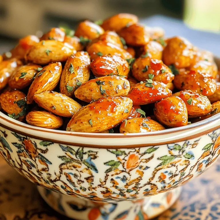 - 2 cups raw almonds - 2 tablespoons extra virgin olive oil - 1 tablespoon Sriracha sauce - 1 tablespoon honey - 1 teaspoon garlic powder - 1 teaspoon smoked paprika - 1/2 teaspoon sea salt - 1/2 teaspoon freshly ground black pepper - 1/4 teaspoon cayenne pepper (optional) - A serving has about 200 calories. - Each serving contains: - Protein: 7 grams - Fats: 18 grams - Carbohydrates: 6 grams I love using these fresh ingredients to make Spicy Sriracha Roasted Almonds. Raw almonds serve as the perfect base, and they pack a nutritious punch. The extra virgin olive oil adds healthy fats and helps the spices stick. Sriracha sauce gives the nuts a spicy kick, while honey balances the heat with sweetness. The seasoning ingredients really bring the flavor to life. Garlic powder adds depth, while smoked paprika gives a nice smokiness. Sea salt and black pepper enhance all the flavors. If you want to amp up the heat, toss in some cayenne pepper. These roasted almonds not only taste great, but they are also a healthy snack. With just the right mix of nutrients, they satisfy your cravings without the guilt. You can find the Full Recipe for all the steps to prepare this delightful snack. Enjoy crafting this irresistible treat! - Preheat oven to 350°F (175°C). - Prepare a baking sheet with parchment paper. - In a large bowl, combine olive oil, Sriracha, honey, garlic powder, smoked paprika, sea salt, black pepper, and cayenne pepper. - Stir in the raw almonds until they are fully coated. This step is key for great flavor. - Spread the coated almonds evenly on the baking sheet. - Roast them for 15 to 20 minutes, stirring halfway through. Keep an eye on them during the last few minutes. They can burn quickly! - Once golden brown, take them out and let them cool. They will get crunchier as they cool. Follow the [Full Recipe] for all the ingredients and exact steps! To get the best flavor from your almonds, stir them halfway through roasting. This step ensures even cooking and browning. Almonds can roast unevenly, so this little action makes a big difference. Keep your eyes on them, especially in the last few minutes. They can quickly go from golden to burnt. For a stunning presentation, serve the almonds in a decorative bowl. A sprinkle of chopped parsley or cilantro can add a fresh touch. This makes your snack look fancy and inviting. Pair your almonds with a cold drink like iced tea or a crisp beer. Both options balance the heat and make for a tasty treat. When roasting, watch closely to prevent burning. The oven can get hot, and almonds can brown fast. After roasting, let them cool on the baking sheet. This cooling time makes them crunchier. If you skip this step, they may remain soft. Enjoy your Spicy Sriracha Roasted Almonds as a rewarding snack! For the complete recipe, check the Full Recipe section. {{image_4}} You can add fun flavors to your spicy Sriracha roasted almonds. Try ginger for a warm kick. Lime zest brightens the taste, adding zest and freshness. You can also swap almonds for other nuts. Cashews and pecans give a new twist. Each nut brings its own taste and texture. If you want a vegan version, skip the honey. Use maple syrup instead. This keeps the sweetness while making it plant-based. For a sugar-free option, choose a sugar substitute that fits your diet. Always check labels to ensure it suits your needs. You can also make these nuts gluten-free by using certified gluten-free ingredients. Seasonal spices can take your almonds to new heights. In winter, add warm spices like cinnamon or nutmeg for a holiday vibe. In summer, fresh herbs like rosemary or thyme can brighten the mix. Experiment with what’s in season. This keeps your snacks exciting and fresh. Use these ideas to enhance your almonds and make them your own. For the complete recipe, check out the Full Recipe. To keep your Spicy Sriracha Roasted Almonds fresh, store them in an airtight container. Glass jars or metal tins work great. These containers protect the almonds from air and moisture. Place them in a cool, dry spot away from sunlight. Avoid storing them near heat sources like the oven. When stored properly, these almonds can last for about two weeks. After that, they may lose their crunch and flavor. Signs of spoilage include a stale smell or a soft texture. If they taste off or have a rancid flavor, it’s best to toss them. If your almonds lose their crunch, you can easily fix them. Use the oven or an air fryer to restore their crispiness. Preheat the oven to 350°F (175°C) and spread the almonds on a baking sheet. Roast them for about 5 to 10 minutes, stirring halfway. If using an air fryer, set it to 300°F (150°C) and cook for 3 to 5 minutes. Keep a close eye on them to avoid burning. Enjoy your crunchy snack again! To change the spice level, you can add or reduce Sriracha. For less heat, use less Sriracha sauce. If you want more spice, add more Sriracha or cayenne pepper. Taste the mixture before adding the almonds to find your perfect balance. Yes, you can use pre-roasted almonds. If you do, reduce the roasting time. Check them at 10 minutes to avoid overcooking. The flavors will still blend well, giving you a tasty snack. You can find Spicy Sriracha Roasted Almonds at specialty stores or online. Many health food stores also carry them. If you want a fresh batch, try making them at home using the Full Recipe. Yes, these almonds are a healthy snack. They are high in protein and healthy fats. Almonds also provide fiber and vitamins. The spices add flavor without extra calories, making this snack a smart choice! In this article, we explored how to make tasty Spicy Sriracha Roasted Almonds. We covered the key ingredients, step-by-step instructions, and some helpful tips. You learned how to adjust flavors and the best ways to store them. Remember, these almonds are not just yummy; they are a healthy snack too. Try different spices or nuts for a fun twist. Enjoy baking and snacking on your crunchy creations!