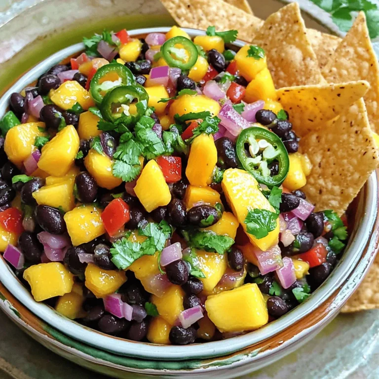 To make this tasty Mango Black Bean Salsa, you will need: - 1 ripe mango, diced into bite-sized pieces - 1 can (15 oz) black beans, thoroughly rinsed and drained - 1 red bell pepper, finely chopped into small cubes - 1 small red onion, finely minced - 1 jalapeño pepper, seeded and finely minced - 1/4 cup fresh cilantro, coarsely chopped - Juice of 2 fresh limes - 2 tablespoons extra virgin olive oil - Salt and freshly ground black pepper to taste If you don’t have all the ingredients, don’t worry! Here are some easy swaps: - Use canned corn instead of black beans for a sweeter taste. - Swap red bell pepper for green bell pepper for a crunchier bite. - Use white onion instead of red onion for a milder flavor. - Replace jalapeño with a milder pepper, like a green bell pepper, if you want less heat. - Fresh parsley can take the place of cilantro if you dislike its flavor. This salsa isn’t just delicious; it also brings great health perks: - Mango is high in vitamins A and C. It helps boost your immune system. - Black beans offer protein and fiber, which keep you full and satisfied. - Red bell peppers are loaded with antioxidants, which support overall health. - Jalapeño peppers can improve metabolism and add a spicy kick. - Cilantro is rich in vitamins K and C, and it adds fresh flavor. - Lime juice provides vitamin C and aids in digestion. Each bite of this salsa is not just fresh and flavorful but also a step toward healthy eating. For the full recipe, check out the recommended link! Start by gathering all your ingredients. You need: - 1 ripe mango, diced into bite-sized pieces - 1 can (15 oz) black beans, thoroughly rinsed and drained - 1 red bell pepper, finely chopped into small cubes - 1 small red onion, finely minced - 1 jalapeño pepper, seeded and finely minced - 1/4 cup fresh cilantro, coarsely chopped - Juice of 2 fresh limes - 2 tablespoons extra virgin olive oil - Salt and freshly ground black pepper to taste First, take a large mixing bowl. Add the diced mango, rinsed black beans, chopped red bell pepper, and minced red onion. Make sure to mix these well. This helps blend the flavors early on. Next, add the minced jalapeño and chopped cilantro into the bowl. Gently stir to combine everything. You want to keep the mango pieces intact for a nice texture. In a separate small bowl, whisk together the lime juice and olive oil. Add salt and pepper according to your taste. This zesty dressing will bring your salsa to life. Drizzle the dressing over your salsa mixture. Using a spatula or wooden spoon, carefully toss everything together. Make sure each ingredient gets coated well. Taste your salsa now. If you feel it needs more zing, add extra lime juice, salt, or pepper. Let your salsa sit for about 10-15 minutes. This resting time helps the flavors meld beautifully. For a great presentation, serve the salsa in a colorful bowl. Pair it with crispy tortilla chips or spoon it into individual cups. Garnish with extra cilantro or lime wedges for that fresh pop. Enjoy! When making mango black bean salsa, avoid over-salting. Taste as you go. Too much salt can mask other flavors. Also, be careful not to chop the mango too small. You want nice chunks for texture. Don’t skip rinsing the black beans. This step removes extra sodium and improves flavor. Lastly, remember to let the salsa sit before serving. This helps the flavors mix well. Serve your salsa with crispy tortilla chips for a classic pairing. It also works great on tacos or grilled chicken. For a fresh twist, add it to a salad. You can even use it as a topping for baked potatoes. If you want to impress, spoon it over fish or shrimp. The sweet and spicy mix enhances many dishes. To prepare for a party, make the salsa a few hours in advance. This allows the flavors to blend nicely. Just store it in the fridge until you are ready to serve. If you want to make it even earlier, you can prep the ingredients a day ahead. Keep the chopped mango and other ingredients separate. Mix them together just before serving to keep everything fresh. For the full recipe, check above. {{image_4}} You can make this salsa even more fun by adding tropical fruits. Try diced pineapple or kiwi for a sweet twist. You could also use diced papaya or fresh strawberries. Each fruit brings its own flavor and color. This way, you create a unique salsa each time. If you love heat, add more spice to your salsa. You can use a serrano pepper instead of jalapeño. For a smoky flavor, try chipotle peppers in adobo sauce. You could even add a dash of hot sauce to kick it up. Just remember to taste as you go! Black beans are great, but you can switch them out. Try kidney beans or pinto beans for a different texture. You could also use chickpeas for a hearty twist. For a lighter base, consider using corn or quinoa. Each option gives the salsa a new vibe and taste. To keep your mango black bean salsa fresh, store it in an airtight container. This helps keep out air and moisture. You can place a piece of plastic wrap directly on the salsa before sealing. This adds another layer of protection. Store it in the fridge for the best results. The cool temperature helps maintain its vibrant flavors. You don’t need to reheat mango black bean salsa. This salsa is best served cold or at room temperature. If you like, you can take it out of the fridge about 15 minutes before serving. This allows the flavors to brighten up. Just give it a gentle stir before serving to mix everything well. Mango black bean salsa lasts about 3 to 5 days in the fridge. Keep an eye out for any changes in color or smell. If you want to freeze it, do so in a freezer-safe container. However, the texture may change after thawing. I suggest using it fresh for the best taste. If you plan to make it ahead of time, consider only preparing what you need. This way, you enjoy its flavors at their peak. For the full recipe, check out the earlier sections. You can serve Mango Black Bean Salsa with many dishes. It pairs well with tortilla chips, tacos, or grilled chicken. You can also spoon it over fish or a fresh salad. The bright flavors add a tasty touch to any meal. Mango Black Bean Salsa will stay fresh for about 3 to 5 days in the fridge. Store it in an airtight container to keep it crisp. If you notice any change in color or smell, it’s best to discard it. Yes, you can easily adjust the spice level in Mango Black Bean Salsa. For less heat, skip the jalapeño or use less of it. If you love spice, add more jalapeño or even some hot sauce. This way, you can make it just right for your taste! In this blog post, I covered the key ingredients and their benefits in Mango Black Bean Salsa. I provided step-by-step instructions for easy preparation and flavor tips. You learned about common mistakes to avoid and how to make it ahead for gatherings. Variations keep it fresh, whether you want tropical fruits or spicy heat. Lastly, I explained how to store and reheat your salsa. Enjoy experimenting with this recipe, and make it your own!