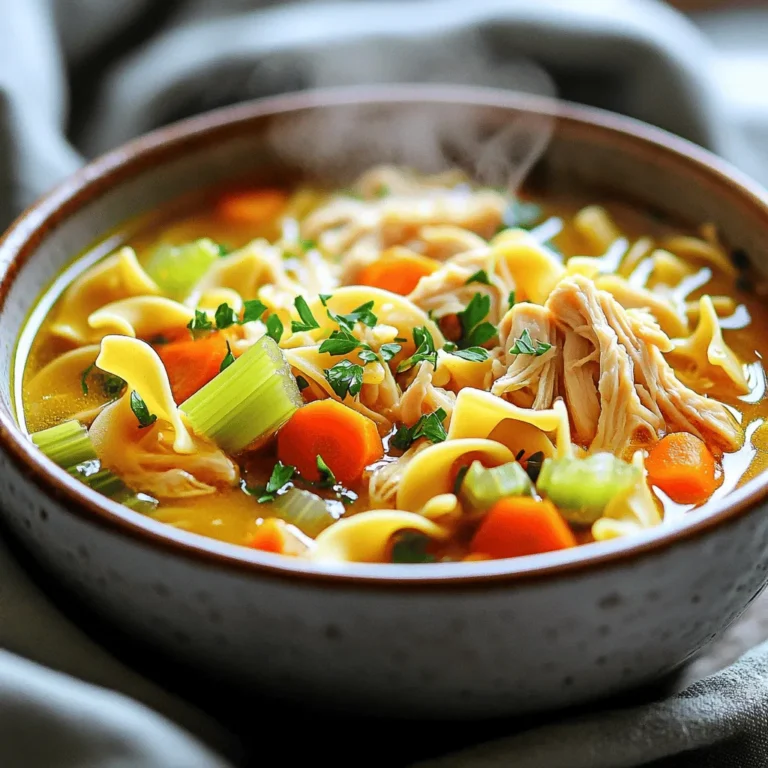 - Chicken thighs and broth options: I recommend using boneless, skinless chicken thighs. They stay juicy and tender. For the broth, choose low-sodium chicken broth. It gives great flavor without too much salt. - Vegetables: Carrots, celery, and onion are key. Slice the carrots into rounds for sweetness. Dice the celery for crunch. Chop the onion to add depth to the soup. - Seasonings and herbs: Dried thyme and rosemary bring warmth. A bay leaf adds a lovely flavor that rounds out the soup. Don't forget to season with salt and pepper to taste. - Fresh parsley: This adds a nice pop of color and freshness. Chop it roughly and sprinkle it on top before serving. - Additional spices: You can add a pinch of cayenne or paprika for a kick. Try adding herbs like dill or basil for a twist. For the full recipe, follow the detailed steps to make this comforting dish. To start, you need to sauté the onions and garlic. Heat 2 tablespoons of olive oil in a large pot over medium heat. Once the oil is hot, add 1 chopped onion. Stir it for about 3-4 minutes. You want it to turn clear and smell great. Next, add 3 minced garlic cloves. Stir for 30 seconds. This brings out the garlic's flavor. Now, it's time to add the carrots and celery. Slice 2 medium carrots into rounds and finely dice 2 celery sticks. Toss these into the pot with the onions and garlic. Stir them together for around 5 minutes. You want them to soften and mix their flavors well. Next, it’s time to cook the chicken. Push the veggies to the pot’s sides. Place 1 pound of boneless, skinless chicken thighs in the center. Sear the chicken for about 2-3 minutes on each side. You want it to turn light golden. This step adds a nice flavor to the soup. Now, pour in 8 cups of low-sodium chicken broth. Add 1 teaspoon of dried thyme, 1 teaspoon of dried rosemary, and 1 bay leaf. Sprinkle in salt and pepper to taste. Stir gently and bring it to a boil. Once it boils, reduce the heat to low and cover the pot. Let it simmer for 20-25 minutes. This will cook the chicken until it’s tender. After the chicken is done, remove it from the pot. Let it cool for a bit, then shred it using two forks. Pull it apart into bite-sized pieces. Return the shredded chicken to the pot. Now, it's time for the noodles. Add 2 cups of egg noodles to the pot. Let it simmer for another 8-10 minutes. You want the noodles to be al dente and cooked through. Taste the soup, and adjust the seasonings if needed. Finally, don’t forget to remove the bay leaf before serving. Ladle the soup into bowls and sprinkle some fresh parsley on top for color. Your cozy chicken noodle soup is ready to enjoy! You can find the full recipe above for more detailed steps. To make your soup even richer, consider these two easy tips: - Adding cream or butter: A splash of cream or a pat of butter can bring a silky texture to your soup. Stir it in right before serving to boost the flavor. - Extra herbs for depth: Fresh herbs like basil or parsley can add layers of taste. Toss them in right at the end for a burst of freshness. Here are some common pitfalls to watch out for: - Under-cooking noodles: Make sure to cook your noodles until they are just right. Undercooked noodles can ruin the soup's texture. They should be tender but not mushy. - Skipping sautéing vegetables: Don’t skip this step! Sautéing your onions, garlic, and veggies deepens their flavors. This step is key in making a rich and savory broth. Pair your soup for the best cozy meal experience: - Best pairings for a cozy meal: A slice of crusty bread or a warm biscuit complements the soup perfectly. You might also serve it with a simple green salad for a balanced meal. - Storage tips for leftovers: If you have leftovers, store them in an airtight container. The soup keeps well in the fridge for up to three days. Just reheat gently on the stove when you're ready to enjoy it again. {{image_4}} You can easily switch up the protein in your chicken noodle soup. If you want a quick option, try using rotisserie chicken. It saves time and adds great flavor. Just shred the chicken and toss it in during the last few minutes of cooking. This way, it warms up without overcooking. If you prefer a vegetarian version, tofu is a fantastic choice. Use firm tofu and cube it into bite-sized pieces. Add it to the pot when you add the broth. Tofu soaks up flavors and gives you protein without meat. For those needing gluten-free options, you can swap the egg noodles for gluten-free noodles. Look for rice noodles or quinoa noodles; they work well in soup. Just be sure to follow the cooking instructions on the package. You can also change the broth. Many brands offer gluten-free chicken broth. Always check the label to make sure it fits your needs. Adding new spices can give your soup a fun twist. For a little heat, sprinkle in some cayenne pepper or paprika. Both spices add depth and warmth to the soup. You can also mix in different veggies. Try adding spinach for a pop of color or peas for sweetness. Just toss them in during the last few minutes of cooking. This keeps them fresh and vibrant. These variations can help you create your perfect bowl of chicken noodle soup. Check the Full Recipe for more ideas on how to customize your dish! To keep your chicken noodle soup fresh, use these tips: - Refrigeration: Store soup in an airtight container. It lasts 3 to 4 days in the fridge. Let it cool to room temperature before sealing. This helps prevent spoilage. - Freezing: For longer storage, freeze the soup. Use freezer-safe containers or bags. Make sure to leave some space for expansion as the soup freezes. Chicken noodle soup can last up to 3 months in the freezer. When it's time to enjoy your soup again, follow these steps: - Best methods to reheat: Use the stovetop or microwave. For stovetop, pour the soup into a pot over medium heat. Stir often until it's hot. If using a microwave, heat in short bursts. Stir between intervals for even heating. - Tips for maintaining flavor and texture: Add a splash of broth or water if the soup is thick. This keeps it from becoming too salty or dry. Stir in fresh herbs before serving for a burst of flavor. Enjoy your cozy bowl! Homemade Chicken Noodle Soup lasts about 3 to 4 days in the fridge. Store it in an airtight container to keep it fresh. Make sure it cools down before you cover it. This helps prevent condensation. When ready to eat, reheat it on the stove or microwave. Yes, you can make Homemade Chicken Noodle Soup ahead of time. It freezes well for up to 3 months. To freeze, let the soup cool completely, then place it in freezer-safe containers. Leave some space at the top for expansion. When you want to eat it, thaw it overnight in the fridge. Reheat it on the stove, adding a splash of broth if needed. If your soup tastes too salty, don’t worry! You can fix it. Add extra water or low-sodium broth to dilute the saltiness. You can also add diced potatoes or uncooked rice. They absorb some salt. Let them cook for a bit, then remove them if you don’t want them in the soup. Taste and adjust as needed. Homemade chicken noodle soup is simple and satisfying. We covered the main ingredients like chicken thighs, veggies, and herbs. The step-by-step guide made it easy to prepare, cook, and finish the soup. Tips helped avoid common mistakes, while variations offered fun options. In conclusion, create a cozy meal with this soup. Customize it to fit your taste. Enjoy every spoonful, whether fresh or reheated. You now have all you need to make a warm bowl of comfort.