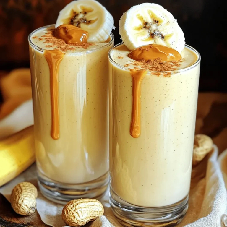 - 2 ripe bananas, frozen and sliced - 1/3 cup natural peanut butter - 1 cup milk or almond milk - 1 tablespoon honey or maple syrup - 1/2 teaspoon ground cinnamon - 1/4 cup Greek yogurt - A pinch of salt - Ice cubes (optional) To make the perfect peanut butter banana smoothie, gather these main ingredients. The frozen bananas give it a creamy texture. Natural peanut butter adds richness and flavor. Milk or almond milk provides a smooth base. Honey or maple syrup can sweeten the drink, but it’s optional. Ground cinnamon adds warmth, while Greek yogurt gives protein and a nice creaminess. A pinch of salt enhances all the flavors. You can add ice cubes if you prefer a thicker smoothie. - Toppings like granola or chocolate chips - Alternative sweeteners To make your smoothie even more fun, consider some optional ingredients. Toppings like granola or chocolate chips add a nice crunch. You can also explore other sweeteners if honey or maple syrup isn’t your favorite. These small changes can make your smoothie feel unique and special. Feel free to get creative! For the full recipe, check the section above. - Begin with frozen bananas in a blender. This gives a creamy texture. - Add natural peanut butter and milk. You can also use almond milk for a dairy-free option. - Mix in Greek yogurt, ground cinnamon, and a pinch of salt. This adds flavor and creaminess. - Optional: Add honey or maple syrup for an extra touch of sweetness. - Blend until smooth and creamy. Ensure all ingredients mix well. - Adjust sweetness to taste by adding more honey or syrup if needed. Blend again for a few seconds to incorporate any extra sweetness. This quick process helps you enjoy a tasty Peanut Butter Banana Smoothie, perfect for a snack or breakfast. Don’t forget to check the Full Recipe for more details on this delicious drink! For a creamy base, always use frozen bananas. They make your smoothie thick and smooth. If you do not have frozen bananas, you can freeze ripe ones in advance. This simple step changes everything. Ice cubes can help too. Add a few to your blender if you want it thicker. Just be careful not to add too many. You want a nice balance between cold and creamy. Your peanut butter banana smoothie can be fun to change. Try adding a scoop of cocoa powder for a chocolate twist. You can also blend in a handful of spinach for extra nutrients without changing the taste much. For serving sizes, this recipe makes two cups. You can enjoy one now and save the other for later. If you want a bigger drink, simply double the recipe. This way, you can share or enjoy a bigger treat! For extra fun, top your smoothie with granola or a few chocolate chips. This adds a nice crunch and makes it more exciting. You can find the full recipe in the section above for a delicious experience. {{image_4}} You can boost your Peanut Butter Banana Smoothie with protein. Here’s how: - Add protein powder: A scoop of your favorite protein powder works well. It adds flavor and nutrition. - Use nut milk: Swap regular milk for nut milk, like almond or cashew. This enhances protein and gives a creamy feel. If you want a vegan or dairy-free smoothie, here are some easy swaps: - Almond or coconut milk: These milks replace dairy and add great taste. They are light and smooth. - Maple syrup: Use maple syrup instead of honey. It’s a perfect vegan sweetener that adds a nice flavor. Get creative with flavors! Here are some fun ideas: - Add fruits: Toss in fruits like spinach or berries. They add color, taste, and nutrients. - Experiment with spices: Try adding spices like nutmeg or ginger. They bring warmth and unique tastes to your smoothie. For a delightful treat, check out the Full Recipe for more tips on making this smoothie a hit! After enjoying your smoothie, you may have some left. To keep it fresh, pour the leftover smoothie into a sealed container. Store it in the fridge right away. This helps keep the flavors strong and the texture nice. If you want to save it for later, freeze portions in ice cube trays. Once frozen, pop the cubes into a bag. This way, you can have quick smoothies whenever you want. In the fridge, your smoothie should stay fresh for about 1 to 2 days. Always check it before you drink. If you see any changes in color or smell, it might be bad. Signs that the smoothie has spoiled include a sour smell or a watery layer on top. If you notice these, it’s best to toss it out. Remember, freshness is key for great taste! How can I make a thicker smoothie? To make a thicker smoothie, use frozen bananas. They blend into a creamy base. You can also add ice cubes. Just a handful will help thicken it up. If you blend it well, you’ll get the perfect texture. Can I use powdered peanut butter instead? Yes, you can use powdered peanut butter. It is a great option for lower fat. Just mix it with water to create a paste before adding it to the blender. This keeps the flavor while reducing calories. What are the health benefits of this smoothie? This smoothie is packed with nutrients. Bananas provide potassium and fiber. Peanut butter adds protein and healthy fats. Greek yogurt boosts protein too. Together, they make a balanced snack. Is this smoothie suitable for weight loss? Yes, it can fit into a weight loss plan. The protein helps you feel full. The fiber from bananas also aids digestion. Just watch the honey if you want to cut calories. You can skip it or add less. What can I use instead of peanut butter? If you need a substitute, try almond butter or sunflower seed butter. Both add creaminess and flavor. How can I make it nut-free? To make it nut-free, use sunflower seed butter or tahini. These options keep the taste smooth and rich without nuts. You can make a delicious Peanut Butter Banana Smoothie with just a few simple steps. We covered the main ingredients, optional flavors, and tips for the best blend. Remember to use frozen bananas for a creamy texture and explore different flavors to match your taste. Whether you want it vegan or creamy, there's a way to make it fun. Store leftovers properly for your next treat. Enjoy your smoothie adventure!