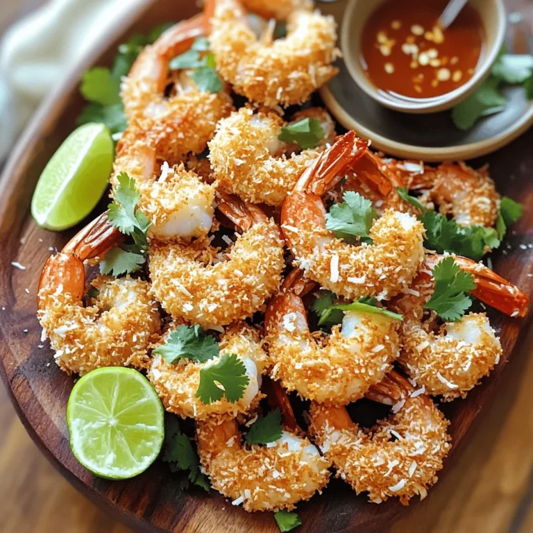 For this easy coconut shrimp recipe, start with 1 pound of large shrimp, peeled and deveined. Rinse them under cold water and pat them dry with paper towels. This step helps the breading stick better. You will need a few key items for the breading mix: - 1 cup shredded coconut (choose sweetened or unsweetened) - 1 cup panko breadcrumbs - 1/2 cup all-purpose flour - 2 large eggs, beaten - 1 teaspoon garlic powder - 1 teaspoon smoked paprika - Salt and pepper to taste Mix the panko, coconut, garlic powder, smoked paprika, salt, and pepper in one bowl. This blend adds great flavor. Next, prepare your frying setup. You need oil for frying, such as coconut oil or vegetable oil. Pour enough oil into a large frying pan to cover the bottom about 1/4 inch deep. Heat the oil over medium heat until it shimmers. This means it's ready for frying. You can find the full recipe in the earlier sections for more details. To start, gather three bowls. In one bowl, add all-purpose flour. In the second bowl, beat the eggs until mixed. In the third bowl, combine panko breadcrumbs, shredded coconut, garlic powder, smoked paprika, salt, and pepper. Mix well to spread the flavors evenly. This setup helps in making the coating process smooth and easy. Take your shrimp and rinse them under cold water. This step is important to remove any grit. After rinsing, use paper towels to dry each shrimp thoroughly. A dry shrimp helps the coating to stick better, giving you that perfect crunch. Now, let’s coat the shrimp. First, take a shrimp and dip it into the flour. Make sure it gets a light and even coat. Then, dip it into the beaten eggs, letting any extra egg drip off. Finally, place the shrimp in the coconut-panko mixture. Press gently to ensure the coating sticks well. Every shrimp should be fully covered for a crispy result. Heat oil in a large frying pan over medium heat. You want enough oil to cover about 1/4 inch of the bottom. Wait until the oil is hot and shimmering. Carefully add the shrimp in batches, avoiding crowding. Fry them for 2-3 minutes on each side. Look for a golden brown color to know they are done. After frying, place the shrimp on a plate lined with paper towels to soak up excess oil. Enjoy your crispy coconut shrimp hot for the best taste! For the full recipe, check out the detailed instructions above. To get the best crispiness, you need a few key steps. First, dry the shrimp well. Moisture will make the coating soggy. Second, use panko breadcrumbs. They are lighter and give a better crunch. You can also double-dip for extra crispiness. After the first coat, dip the shrimp again in egg, then back into the panko mix. This adds more layers. Finally, fry in hot oil. If the oil is too cool, the shrimp will soak it up and turn limp. Choose an oil with a high smoke point. Coconut oil works well with coconut shrimp. It adds flavor and holds heat. Vegetable oil is another good choice. Avoid oils like olive oil because they burn easily. Make sure to use enough oil. A depth of 1/4 inch is perfect for frying. This allows the shrimp to float and fry evenly. One common mistake is overcrowding the pan. Fry in batches to keep the heat steady. If you add too many shrimp, they will steam instead of fry. Another mistake is not seasoning the shrimp. A simple sprinkle of salt and pepper can make a big difference. Lastly, don’t skip the drying step. Wet shrimp won’t hold the coating well and will end up soggy. Follow these tips for better results. You can find the full recipe for crispy coconut shrimp in the main section. {{image_4}} You can easily add heat to your coconut shrimp. Mix 1-2 teaspoons of cayenne pepper or chili powder into the coconut-panko mix. This little change gives your dish a spicy kick. For even more heat, toss in some chopped jalapeños before coating the shrimp. The blend of sweet coconut and spicy flavors is delightful. If you want a healthier option, try baking instead of frying. Preheat your oven to 400°F (200°C). After coating the shrimp, place them on a baking sheet lined with parchment paper. Spray the shrimp lightly with cooking oil. Bake for about 12-15 minutes, turning halfway through. You’ll still get a crispy texture, but with less oil. Try adding zest to your shrimp by mixing lime or lemon zest into the coconut-panko mix. This adds a fresh, bright flavor. You can also experiment with different spices. Try adding curry powder for an exotic twist. Another option is to use flavored breadcrumbs, like garlic or herb panko, to change the taste profile. With these variations, you can make coconut shrimp that fits your mood and taste. For the full recipe, check out the Crispy Coconut Haven Shrimp. After you enjoy your crispy delight, store the leftovers. Place them in an airtight container. Keep them in the fridge for up to three days. Make sure the shrimp are completely cool before sealing. This helps keep their texture. To reheat, use the oven for the best results. Preheat it to 350°F (175°C). Lay the shrimp on a baking sheet. Heat them for about 10 minutes. This keeps them crispy and delicious. You can also use an air fryer at 350°F for 5-7 minutes. Both methods work well to restore that crunch. If you want to save some for later, freezing is a great option. Wrap each shrimp in plastic wrap. Then place them in a freezer-safe bag. Remove as much air as possible. They can last up to three months in the freezer. When you're ready to eat, thaw them in the fridge overnight. Reheat as usual for a quick treat. For the full recipe, check out the earlier sections. To make crispy coconut shrimp, follow these steps: 1. Set up a breading station with three bowls. 2. Place flour in one bowl, beaten eggs in another, and mix panko with coconut and spices in the last. 3. Rinse and dry the shrimp to help the coating stick. 4. Dip each shrimp in flour, then eggs, and finally in the coconut-panko mix, pressing gently to coat. 5. Heat oil in a pan over medium heat until shimmering. 6. Fry the shrimp in batches for 2-3 minutes per side until golden brown. 7. Place them on paper towels to drain excess oil. This method gives you a crispy, golden delight. For the full recipe, check the earlier section. Yes, you can make coconut shrimp ahead of time. You can prepare the shrimp and coat them. Then, place them in the fridge for a few hours. When you are ready to serve, heat the oil and fry them. This saves you time when guests arrive. Just remember, fresh shrimp have the best taste and texture. Coconut shrimp taste great with a variety of dipping sauces. Here are some popular choices: - Sweet chili sauce adds a spicy-sweet kick. - Mango salsa gives a fresh, fruity contrast. - Spicy aioli provides a creamy and zesty option. - Pineapple dipping sauce brings a tropical touch. Feel free to experiment with different dips to find your favorite! You now have a clear guide to making crispy coconut shrimp. We covered shrimp prep, creating a great breading mix, and the right cooking methods. I shared tips for perfect crispiness and popular variations too. Remember, you can always adjust flavors to match your taste. Keep experimenting with techniques and sauces to find your favorite. Happy cooking, and enjoy your delicious coconut shrimp!
