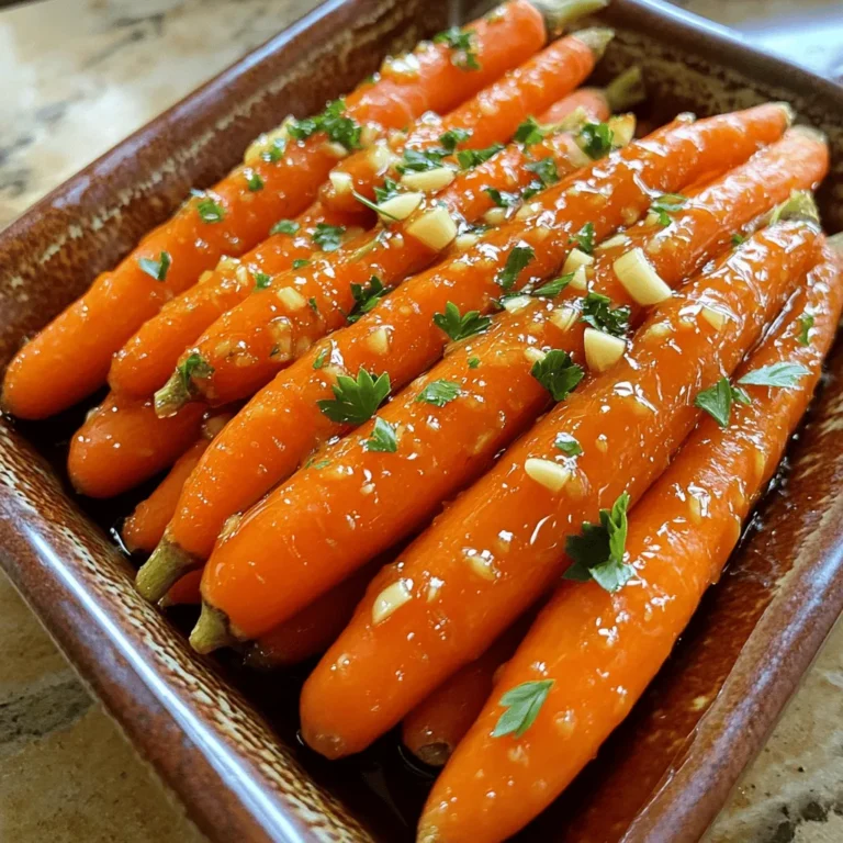 To make Honey Garlic Glazed Carrots, you will need the following ingredients: - 1 lb baby carrots (or regular carrots, peeled and sliced evenly) - 3 tablespoons honey - 2 tablespoons extra virgin olive oil - 3 cloves garlic, finely minced - 1 tablespoon low-sodium soy sauce - 1 teaspoon fresh ginger, finely grated - Sea salt and freshly cracked black pepper, to taste - Fresh parsley, finely chopped (for garnish) These simple ingredients come together to create a sweet and savory glaze. The honey adds a touch of sweetness, while garlic and ginger give it depth. Using fresh ingredients makes a big difference in flavor. You can find the full recipe for these delicious carrots in the main article. Enjoy making this vibrant side dish that pairs perfectly with many meals! - First, wash the baby carrots well. - If using regular carrots, peel and slice them into even pieces. - In a large mixing bowl, mix together honey, olive oil, minced garlic, soy sauce, and grated ginger. - Whisk these ingredients until smooth and well combined. - Add the carrots to the bowl and coat them with the honey-garlic glaze. - Preheat your oven to 400°F (200°C). - Line a baking sheet with parchment paper for easy cleanup. - Spread the coated carrots in a single layer on the baking sheet. - Pour any leftover glaze over the carrots. - Place the baking sheet in the oven and roast for 25-30 minutes. - Toss the carrots halfway through to ensure even cooking. - After roasting, remove the carrots from the oven. - Season them with sea salt and freshly cracked black pepper. - Gently toss to mix the seasoning well. - Transfer the glazed carrots to a serving dish. - Garnish with finely chopped fresh parsley for a vibrant look. You can find the Full Recipe for these delicious honey garlic glazed carrots above. Enjoy every bite! To get the best caramelization, space the carrots well on the baking sheet. They need room to roast. If they are too close, they steam instead of roast. Toss them midway through cooking. This helps them brown evenly on all sides. You can add more flavor with spices or herbs. Try a pinch of cumin or thyme for a fresh twist. If you want it sweeter, add more honey. For a bit of heat, a dash of red pepper flakes works great too. Adjust the sweetness to what you like best. Use a heavy-duty baking sheet for even cooking. A rimmed sheet helps catch any glaze that may run off. A sturdy spatula is great for mixing the carrots with the glaze. These tools will make your cooking easier and more fun. For the full recipe, check out the Sweet & Sticky Honey Garlic Carrots. {{image_4}} Switching up ingredients can make this dish even more exciting. You can try different sweeteners like maple syrup or agave nectar. Each will give a unique taste. Citrus zest, like orange or lemon, adds a bright note. Just a little zest can lift the flavor and make your dish pop. You have choices for how to cook these carrots. Stovetop sautéing gives a quick, tasty option. Just cook them in a pan with the glaze until tender. Oven roasting works well for a sweet, caramelized finish. If you want a smoky flavor, grilling is perfect. Just toss them on the grill after glazing. These honey garlic glazed carrots pair well with many main dishes. They go great with roasted chicken or grilled fish. If you want something lighter, toss them in a salad or a grain bowl. Their sweet and savory taste adds a fun twist to any meal. Want the full recipe? Check out the [Full Recipe]. To keep your honey garlic glazed carrots fresh, store them in the fridge. Use an airtight container. This helps keep out moisture and air, which can spoil the dish. They stay good for about 3–4 days. When you are ready to eat them again, simply reheat in the microwave. Heat them for 1–2 minutes, stirring halfway to ensure even warmth. You can also warm them in a pan over low heat. Just add a little water to prevent sticking. If you want to save some for later, freezing is a great choice. Start by letting the carrots cool completely. Then, place them in a freezer-safe bag or container. Squeeze out as much air as possible to avoid freezer burn. They can last up to 3 months in the freezer. When you want to enjoy them, thaw in the fridge overnight. For quick thawing, you can use the microwave on the defrost setting. Once thawed, reheat them as you would with fresh leftovers. To make this dish vegan, you can substitute honey with maple syrup or agave nectar. These alternatives will still give you a sweet flavor. You can also use coconut aminos instead of soy sauce for a soy-free version. Just mix the new ingredients the same way as the original recipe. This keeps the taste delicious while making it plant-based. You can use frozen carrots, but the texture may change. Frozen carrots often turn softer when cooked. This means they might not get as tender as fresh carrots. You will also need to adjust the cooking time. Start with 15 to 20 minutes in the oven, checking for tenderness along the way. These carrots pair well with many dishes. You can serve them alongside grilled chicken or fish for a healthy meal. They also go great with rice or quinoa for a complete vegetarian dinner. Adding them to a salad can bring a nice sweetness too. This makes for a colorful and tasty plate. Check the Full Recipe for more details on making these tasty carrots! In this post, I shared tips for making Honey Garlic Glazed Carrots. We covered the key ingredients and step-by-step instructions for roasting. I also offered tips for perfect caramelization and flavor enhancement. Whether using stovetop methods or even grilling, you have many options. Remember to store leftovers properly for later enjoyment. With these ideas, you can make a tasty side dish that pairs well with many meals. Try it out and enjoy the boost of flavor in your cooking!
