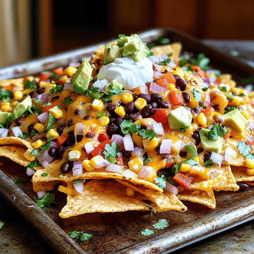 - 1 large bag of tortilla chips - 1 cup black beans, drained and rinsed - 1 cup corn kernels (fresh or frozen) - 1 red bell pepper, chopped into bite-sized pieces - 1 yellow bell pepper, chopped into bite-sized pieces - 1 small red onion, finely diced - 1 jalapeño, thinly sliced (optional, adjust to taste) - 1 cup shredded cheese (a blend of sharp cheddar and mozzarella) - 1 ripe avocado, chopped - 1/2 cup Greek yogurt or sour cream - 1/4 cup fresh cilantro, roughly chopped - 2 tablespoons fresh lime juice - Salt and pepper, to taste - Hot sauce, for an extra kick (optional) Each ingredient plays a key role in your loaded veggie nachos. The tortilla chips serve as a crunchy base. Black beans add protein and fiber. Corn kernels add sweetness and color. Bell peppers bring freshness and crunch. Red onion adds a little bite, while jalapeño offers heat if you like spice. Shredded cheese melts beautifully, making everything gooey and delicious. Avocado adds creaminess and richness. Greek yogurt or sour cream gives a tangy finish. Fresh cilantro brightens the dish, and lime juice adds a zesty kick. Don't forget to season with salt and pepper! You can also add hot sauce for those who crave a spicy bite. For the full recipe, check out the details above. 1. Preheating the oven Set your oven to 350°F (175°C). This step is key for great nachos. 2. Preparing the tortilla chip layer On a large baking sheet, spread your tortilla chips out in one layer. This helps every chip get toppings. 3. Mixing the veggie topping In a bowl, combine black beans, corn, red and yellow bell peppers, onion, and jalapeño if you like spice. Add lime juice, salt, and pepper. Mix well so flavors blend. 4. Distributing the topping over chips Evenly spread the veggie mix over the tortilla chips. Make sure every chip gets some topping for full flavor. 5. Adding cheese and baking Sprinkle the shredded cheese over the entire nacho layer. Bake in your preheated oven for 10-12 minutes. Watch closely until the cheese melts and bubbles. 1. Cooling and topping the nachos Once baked, take the nachos out and let them cool for one minute. This keeps you from burning your fingers while adding toppings. 2. Optional hot sauce garnish For those who enjoy heat, add hot sauce to your nachos. This gives them an extra kick that many love. For the complete cooking process, check out the Full Recipe. - Ensuring even baking: Spread the tortilla chips in a single layer. This helps every chip heat evenly. - Tips for crispy nachos: Use a light drizzle of oil on the chips before baking. This adds crunch. - How to avoid soggy chips: Add toppings right after baking. This keeps the chips crisp longer. - Suggestions for extra toppings: Try adding olives, diced tomatoes, or even grilled mushrooms for fun. - Spice level adjustments: If you love heat, add more jalapeños or sprinkle chili powder. - Making nachos more filling: Add cooked quinoa or lentils for a protein boost. This makes them hearty. Follow the Full Recipe to create these tasty nachos! {{image_4}} You can swap out veggies for a new taste. Use mushrooms, zucchini, or spinach instead of bell peppers. They add freshness and flavor. Try black olives for a briny kick. Cheese can change the whole dish. Use pepper jack for spice or a mix of gouda for creaminess. If you want a lighter option, go for low-fat cheese. For vegan nachos, skip the cheese and use a vegan cheese alternative. Nutritional yeast can add a cheesy flavor without dairy. Replace Greek yogurt with cashew cream or guacamole for a dairy-free twist. Pair your nachos with drinks that cool your palate. A light beer or sparkling water works well. Try a fruity mocktail for a fun touch. Serve your nachos on a large platter for sharing. You can also use small bowls for individual servings. This makes it easy for guests to grab their own nachos. Don't forget the dips! Serve salsa, guacamole, and sour cream on the side. A fresh pico de gallo adds zing. For a twist, try a creamy avocado dip or a zesty salsa verde. Enjoy mixing flavors! To keep your Loaded Veggie Nachos fresh, you need smart storage. First, let the nachos cool completely. This step is key to avoid sogginess. Next, place the nachos in an airtight container. If you have extra toppings, store them separately. This way, your nachos stay crisp longer. You can refrigerate them for up to three days. If you want to save them for longer, freezing is an option. Spread the nachos on a baking sheet. Freeze them for about an hour until solid. Then, transfer the nachos to a freezer-safe bag. You can freeze them for up to two months. Reheating nachos can be tricky. You want to keep them crispy. The best way is to use the oven. Preheat your oven to 350°F (175°C). Spread the nachos on a baking sheet. Heat them for about 10 minutes. Keep an eye on them to avoid burning. You can also use a skillet. Place the nachos in a dry skillet over medium heat. Cover the skillet with a lid. This method keeps the nachos warm and crispy. Avoid using the microwave. It makes nachos soggy. Follow these tips, and your nachos will taste great each time! If you want more delicious ideas, don’t forget to check the Full Recipe! Can I make Loaded Veggie Nachos ahead of time? Yes, you can prep the veggie mix in advance. Just store it in the fridge. Keep the chips separate until you bake them. This way, your nachos stay crispy. What are the best toppings for nachos? Some great toppings include: - Sliced olives - Fresh jalapeños - Chopped tomatoes - Pickled onions - Diced bell peppers These add color and flavor to your nachos. How can I make this recipe gluten-free? To make Loaded Veggie Nachos gluten-free, choose corn tortilla chips. Always check labels for gluten-free certification. This ensures a safe and tasty snack. Are Loaded Veggie Nachos healthy? Loaded Veggie Nachos can be healthy. They include beans and veggies, which add fiber and nutrients. Use less cheese or swap it for a lighter option to make them even better. Can I use different types of cheese? Absolutely! You can mix cheeses like Monterey Jack or pepper jack. Add a bit of cream cheese for a rich taste. Feel free to experiment with your favorites. What dips pair well with nachos? Some tasty dips are: - Guacamole - Salsa - Queso dip These dips enhance your nacho experience and add more flavor. How do I keep nacho cheese warm? You can keep nacho cheese warm by using a slow cooker. Stir it often to prevent it from burning. Another option is to microwave it in small batches. What's the origin of nachos? Nachos first appeared in Mexico in the 1940s. They were created by a man named Ignacio "Nacho" Anaya. He made them for hungry U.S. soldiers. Now, they are loved worldwide! For the full recipe, check out the Loaded Veggie Nachos section above. Loaded veggie nachos are easy to make and fun to share. We covered all the ingredients—from chips to toppings. You learned the step-by-step process for perfect nachos. We discussed tips to keep them crispy and ways to switch up the recipe. Lastly, don't forget about storing leftovers and reheating them right. Enjoy your nachos, experiment with flavors, and impress your friends with your skills!