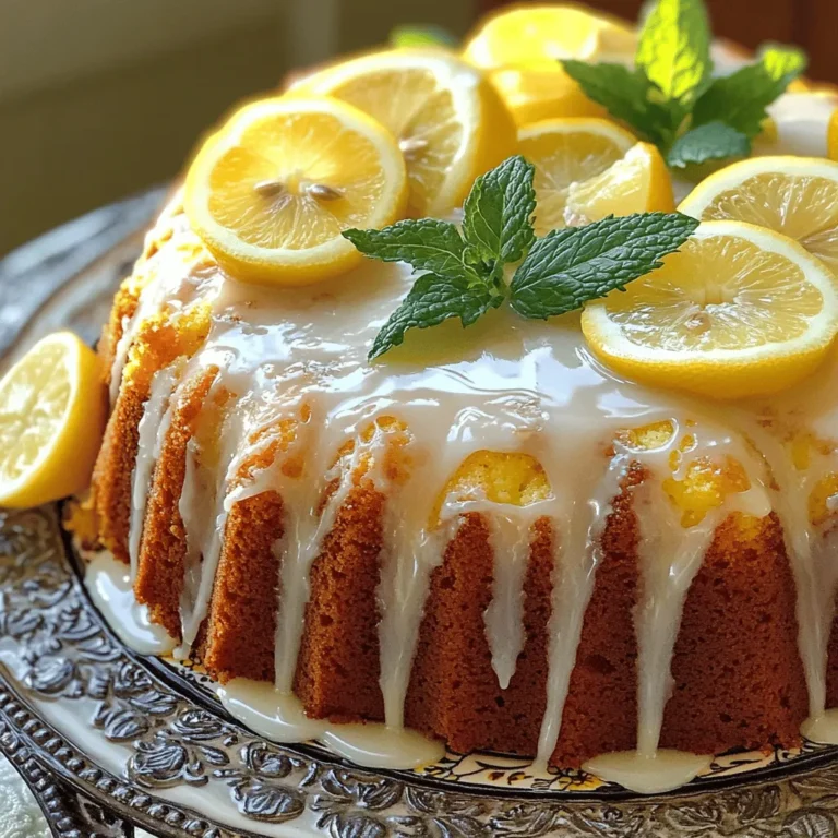 To make a delicious lemon glazed pound cake, you need these ingredients: - 1 ½ cups all-purpose flour - 1 teaspoon baking powder - ½ teaspoon salt - 1 cup unsalted butter, softened - 1 cup granulated sugar - 4 large eggs, at room temperature - 2 teaspoons pure vanilla extract - 2 tablespoons fresh lemon zest (from about 2 lemons) - ½ cup buttermilk, at room temperature - 1 cup powdered sugar (for glaze) - 3 tablespoons fresh lemon juice The lemon zest and juice give the cake a bright flavor. The buttermilk adds moisture and richness. If you don't have buttermilk, you can use milk mixed with vinegar or lemon juice. Just add 1 tablespoon of acid to ½ cup of milk and let it sit for 5 minutes. This will create a similar effect. If you want a gluten-free version, consider using a gluten-free all-purpose flour blend. Make sure it has a binding agent, like xanthan gum, for the best texture. For this recipe, you will need a few key tools: - A 9x5-inch loaf pan - Electric mixer for beating the butter and sugar - Mixing bowls for dry and wet ingredients - A whisk for mixing dry ingredients and glaze - A spatula for smoothing the batter These tools will help you mix and bake your pound cake with ease. Having everything ready makes the process smoother. Start by preheating your oven to 350°F (175°C). This is key for even cooking. Next, take your 9x5-inch loaf pan. Coat it well with butter to prevent sticking. You can also dust it with flour. Alternatively, use parchment paper to help with easy removal later. Now let’s mix the batter! In one bowl, combine 1 ½ cups of flour, 1 teaspoon of baking powder, and ½ teaspoon of salt. Give them a good whisk. This helps air get into the mix. In another bowl, cream together 1 cup of softened butter and 1 cup of sugar using an electric mixer. This will take about 3 to 5 minutes. Beat in 4 large eggs one at a time, mixing well after each. Add 2 teaspoons of vanilla extract and 2 tablespoons of lemon zest. Next, combine the dry and wet mixtures. Start by adding a third of the dry mix, then half a cup of buttermilk. Repeat this, ending with the dry mix. Make sure not to over-mix. You want a smooth batter without lumps. Pour the batter into your prepared loaf pan. Smooth the top with a spatula. Bake it in the preheated oven for 50 to 60 minutes. To check if it's done, insert a toothpick in the center. If it comes out clean, it’s ready! After baking, let it cool in the pan for about 10 minutes. Then transfer the cake to a wire rack to cool fully. This step is vital to prevent sogginess. Enjoy making your lemon glazed pound cake with this full recipe! To make a great pound cake, avoid common mistakes. One pitfall is over-mixing the batter. This can make your cake dense. Instead, mix just until the ingredients combine. Another mistake is not using room temperature eggs and butter. Cold ingredients can lead to a heavy texture. For a moist and fluffy cake, remember a few secrets. First, use fresh ingredients, like eggs and butter. This adds richness. Second, incorporate buttermilk for added moisture. It makes the cake soft and tender. Lastly, let the cake cool in the pan for a bit. This helps it stay together and not crumble. While lemon is delightful, you can explore other flavors, too. Try orange or lime zest for a fresh twist. You can also mix in a teaspoon of almond or coconut extract. This adds a unique touch to the cake. To boost the lemon flavor, add more zest. Use the zest from three lemons instead of two. You can also mix in a little lemon extract. This creates a stronger lemon taste, making each bite a burst of flavor. Presenting your glazed cake can be fun and creative. Place the cake on a beautiful plate for a nice look. A cake stand makes it more eye-catching. For garnishes, consider adding thin lemon slices on top. Fresh mint leaves can add a pop of color. A light dusting of powdered sugar gives an elegant touch. These small details make your lemon glazed pound cake stand out. For the full recipe, check out the detailed instructions above. {{image_4}} You can change the flavor of your lemon glazed pound cake by using other citrus zests. Try orange, lime, or even grapefruit for a fun twist. Each of these adds a unique zing to the cake. You can also mix in fruits like blueberries or raspberries for color and taste. Chopped nuts, like walnuts or pecans, add a nice crunch. This cake is open to your creativity! If you want a twist on the glaze, consider a chocolate or vanilla glaze. To make a chocolate glaze, melt semi-sweet chocolate with a bit of cream. For vanilla, just mix powdered sugar with vanilla extract and milk. You can also make a cream cheese glaze. Just mix cream cheese, powdered sugar, and a splash of lemon juice. A yogurt-based glaze is another option. Combine plain yogurt with powdered sugar and lemon for a tangy twist. Pair your lemon glazed pound cake with a refreshing drink like iced tea or lemonade. A scoop of vanilla ice cream on the side makes it even better. For gatherings, serve slices with fresh berries or whipped cream. This cake shines for spring and summer events. It brightens up any dessert table and brings smiles to faces! To keep your lemon glazed pound cake fresh, store it at room temperature. Use a cake dome or wrap it in plastic wrap. This helps keep the moisture in. If you live in a hot area, it may be best to refrigerate the cake. However, refrigeration can dry it out. For longer storage, freeze the cake. Wrap it tightly in plastic wrap and then in foil. This way, it can last up to three months. Your pound cake will stay fresh for about four to five days at room temperature. In the fridge, it can last up to a week. Check for signs of spoilage. If you see mold or an off smell, it's best to throw it away. A dry texture also indicates that it is no longer good to eat. To reheat the pound cake safely, use the oven or microwave. If using the oven, set it to 350°F (175°C). Place the cake on a baking sheet and heat for about 10 minutes. For the microwave, slice the cake and heat for 15 to 20 seconds. To restore moisture, cover the cake with a damp paper towel in the microwave. This method helps keep the cake soft and tasty. Enjoy your delicious lemon glazed pound cake! For the full recipe, refer to the recipe section above. Yes, you can use a different pan size. Just know that it changes baking time and texture. A smaller pan means a thicker cake and longer baking time. A larger pan spreads the batter thin and bakes faster. Check for doneness by inserting a toothpick. It should come out clean. Dense pound cakes often result from a few common issues. Over-mixing the batter can trap too much air and make it heavy. Using cold eggs or butter can also lead to a dense texture. Make sure to use room temperature ingredients. If you add too much flour, it can also cause density. Measure carefully for the best results. You can prepare this cake ahead of time. Bake the pound cake, then cool it completely. Wrap it tightly in plastic wrap and store it in the fridge for up to 3 days. You can also freeze it. Just wrap it in foil or freezer-safe bags. It stays fresh for up to 3 months. Thaw in the fridge before serving. To make a vegan version, swap the eggs for flax eggs. Mix 1 tablespoon of ground flaxseed with 3 tablespoons of water for each egg. Use plant-based butter instead of regular butter. Replace buttermilk with almond milk mixed with a little lemon juice. This keeps the flavor bright and zesty. Enjoy a tasty vegan treat! You’ve now learned how to make a delicious lemon glazed pound cake. We covered essential ingredients and possible substitutions. You saw the tools needed for baking and how to prepare your oven and pan. I shared tips for mixing and baking, so your cake turns out moist. We explored variations and storage tips, plus answered common questions. With practice, your baking skills will shine. Don’t hesitate to experiment and personalize your cake. Enjoy each slice and share it with friends and family. Your baking journey is just beginning!