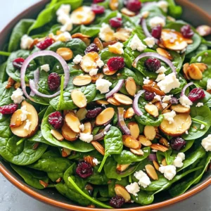 To make the Spinach and Almond Salad, gather these simple ingredients: - 4 cups fresh spinach, thoroughly washed and gently dried - 1 cup sliced almonds, lightly toasted - 1/2 cup dried cranberries, plump - 1/2 cup feta cheese, crumbled into bite-sized pieces - 1/4 red onion, thinly sliced into rings - 1/4 cup high-quality olive oil - 2 tablespoons balsamic vinegar - 1 tablespoon honey, preferably raw - Sea salt and freshly cracked black pepper to taste You can swap some ingredients if needed. For spinach, try kale or arugula. Instead of almonds, use walnuts or pecans. If you want a nut-free version, skip the nuts altogether. For feta, goat cheese works well too. For a vegan option, replace honey with agave nectar. These changes can still make a tasty salad. Each serving of this salad packs a punch with healthy nutrients. Here's what you get: - Calories: 250 - Protein: 8g - Carbohydrates: 20g - Fiber: 5g - Fats: 18g - Sodium: 200mg This salad is not only delicious but also a great way to get vitamins and minerals. Enjoy the fresh taste and the health benefits it brings! For the full recipe, check out Spinach and Almond Delight Salad. To make the Spinach and Almond Salad, start with the almonds. First, toast them. Place a dry skillet on medium heat. When it warms up, add the sliced almonds. Stir them often for 3-4 minutes until they turn golden and smell great. This step adds a nice crunch. Once toasted, set them aside to cool. Next, grab a large salad bowl. Add 4 cups of fresh spinach. Make sure it's washed and dried well. Then, toss in the cooled almonds, 1/2 cup of dried cranberries, 1/2 cup of crumbled feta cheese, and 1/4 red onion sliced into rings. Mix everything gently so that each ingredient is evenly spread. For the dressing, take a small bowl. Whisk together 1/4 cup of olive oil, 2 tablespoons of balsamic vinegar, and 1 tablespoon of honey. Add a pinch of sea salt and black pepper. Keep whisking until the mixture is smooth. This dressing brings all the flavors together. Drizzle the dressing over the salad mix. Use tongs or large spoons to toss everything lightly. Aim to coat all the ingredients well. You want each bite to be delicious! Finally, serve the salad. You can either present it on a large platter or divide it into individual bowls. To toast almonds perfectly, keep a close eye on them. They can burn quickly. Stir them often while toasting. Look for a light golden color. This means they are just right. Also, let them cool completely after toasting. This keeps their crunchiness intact. When making the dressing, use a whisk for a smooth blend. If you want a thicker dressing, add a bit more honey. For a tangy twist, add more balsamic vinegar. This lets you tailor the dressing to your taste. You can even try adding a pinch of garlic powder for extra flavor! When you pick spinach, look for bright green leaves. The leaves should feel crisp and firm. Avoid any that look yellow or wilted. Check for dirt on the leaves; they should be clean. If you can, smell the spinach. Fresh spinach has a clean scent. This salad shines as a side dish or main meal. Serve it with grilled chicken for protein. Pair it with fish for a light dinner option. You can also add slices of avocado for creaminess. For a fun twist, try adding fresh berries or other nuts. Always dress your salad right before serving. This keeps the spinach fresh and crisp. Use just enough dressing to coat the leaves. You don’t want it swimming in dressing. Toss gently to mix all the flavors. A little goes a long way, so taste as you go. Check out the Full Recipe for more tips! {{image_4}} You can make your spinach and almond salad even tastier. Here are some fun add-ins: - Avocado: Creamy and rich, it adds a nice texture. - Chickpeas: They boost protein and give a hearty bite. - Apple slices: Sweet and crunchy, they bring freshness. - Cucumber: Crisp and cool, it adds a light crunch. - Sunflower seeds: They give a nutty flavor and a nice crunch. Feel free to mix and match these items. Each add-in brings a unique twist to the salad. This salad is easy to adapt for everyone. To make it vegetarian, just keep the feta cheese. If you want it vegan, simply leave out the cheese. You can also use a vegan dressing made with lemon juice or tahini. These choices keep the salad full of flavor and nutrients. Use seasonal ingredients to keep your salad fresh. In spring, try adding fresh peas or radishes. In summer, ripe tomatoes or bell peppers can brighten the dish. In fall, roasted squash or apples add warmth. In winter, consider using kale or hearty greens. These swaps keep your salad exciting year-round. For the full recipe, check out Spinach and Almond Delight Salad. Each variation enhances the salad's taste and keeps it fun! To keep your Spinach and Almond Salad fresh, store it in an airtight container. Make sure the salad is cool before sealing. This helps prevent moisture buildup, which can make the greens soggy. If you have dressing left, store it separately. This keeps the salad crisp. If stored correctly, the salad lasts about three days. After that, the spinach may wilt. The almonds can lose their crunch too. Always check the salad before eating. If anything smells off or looks bad, it's best to toss it. There is no need to reheat this salad. Spinach and Almond Salad is best served cold. If you want to enjoy it later, just chill it in the fridge. When ready to eat, you can add fresh dressing for extra flavor. Yes, you can make this salad ahead of time. Prepare the salad without the dressing. Store it in the fridge for up to a day. This keeps the spinach crisp. When you're ready to eat, add the dressing. Toss it well before serving. For protein, consider adding grilled chicken or shrimp. These options work well with the salad. You can also use chickpeas or black beans for a plant-based choice. Nuts like walnuts or pumpkin seeds add protein too. This salad is naturally gluten-free. Just ensure all your ingredients are gluten-free. Check the labels on the balsamic vinegar and honey. Most brands are safe, but it's best to confirm. Enjoy this fresh and healthy delight without worries! This blog post gave you a complete guide to making a Spinach and Almond Salad. You learned about all the key ingredients, substitutions, and nutrition facts. I walked you through detailed steps for preparation and shared tips for perfecting flavors. You discovered how to choose fresh spinach and serve ideas. Finally, you found storage tips and answered common questions. With this knowledge, you can make a tasty salad every time. Enjoy creating and sharing this healthy dish with others!