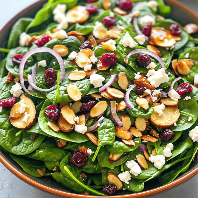 To make the Spinach and Almond Salad, gather these simple ingredients: - 4 cups fresh spinach, thoroughly washed and gently dried - 1 cup sliced almonds, lightly toasted - 1/2 cup dried cranberries, plump - 1/2 cup feta cheese, crumbled into bite-sized pieces - 1/4 red onion, thinly sliced into rings - 1/4 cup high-quality olive oil - 2 tablespoons balsamic vinegar - 1 tablespoon honey, preferably raw - Sea salt and freshly cracked black pepper to taste You can swap some ingredients if needed. For spinach, try kale or arugula. Instead of almonds, use walnuts or pecans. If you want a nut-free version, skip the nuts altogether. For feta, goat cheese works well too. For a vegan option, replace honey with agave nectar. These changes can still make a tasty salad. Each serving of this salad packs a punch with healthy nutrients. Here's what you get: - Calories: 250 - Protein: 8g - Carbohydrates: 20g - Fiber: 5g - Fats: 18g - Sodium: 200mg This salad is not only delicious but also a great way to get vitamins and minerals. Enjoy the fresh taste and the health benefits it brings! For the full recipe, check out Spinach and Almond Delight Salad. To make the Spinach and Almond Salad, start with the almonds. First, toast them. Place a dry skillet on medium heat. When it warms up, add the sliced almonds. Stir them often for 3-4 minutes until they turn golden and smell great. This step adds a nice crunch. Once toasted, set them aside to cool. Next, grab a large salad bowl. Add 4 cups of fresh spinach. Make sure it's washed and dried well. Then, toss in the cooled almonds, 1/2 cup of dried cranberries, 1/2 cup of crumbled feta cheese, and 1/4 red onion sliced into rings. Mix everything gently so that each ingredient is evenly spread. For the dressing, take a small bowl. Whisk together 1/4 cup of olive oil, 2 tablespoons of balsamic vinegar, and 1 tablespoon of honey. Add a pinch of sea salt and black pepper. Keep whisking until the mixture is smooth. This dressing brings all the flavors together. Drizzle the dressing over the salad mix. Use tongs or large spoons to toss everything lightly. Aim to coat all the ingredients well. You want each bite to be delicious! Finally, serve the salad. You can either present it on a large platter or divide it into individual bowls. To toast almonds perfectly, keep a close eye on them. They can burn quickly. Stir them often while toasting. Look for a light golden color. This means they are just right. Also, let them cool completely after toasting. This keeps their crunchiness intact. When making the dressing, use a whisk for a smooth blend. If you want a thicker dressing, add a bit more honey. For a tangy twist, add more balsamic vinegar. This lets you tailor the dressing to your taste. You can even try adding a pinch of garlic powder for extra flavor! When you pick spinach, look for bright green leaves. The leaves should feel crisp and firm. Avoid any that look yellow or wilted. Check for dirt on the leaves; they should be clean. If you can, smell the spinach. Fresh spinach has a clean scent. This salad shines as a side dish or main meal. Serve it with grilled chicken for protein. Pair it with fish for a light dinner option. You can also add slices of avocado for creaminess. For a fun twist, try adding fresh berries or other nuts. Always dress your salad right before serving. This keeps the spinach fresh and crisp. Use just enough dressing to coat the leaves. You don’t want it swimming in dressing. Toss gently to mix all the flavors. A little goes a long way, so taste as you go. Check out the Full Recipe for more tips! {{image_4}} You can make your spinach and almond salad even tastier. Here are some fun add-ins: - Avocado: Creamy and rich, it adds a nice texture. - Chickpeas: They boost protein and give a hearty bite. - Apple slices: Sweet and crunchy, they bring freshness. - Cucumber: Crisp and cool, it adds a light crunch. - Sunflower seeds: They give a nutty flavor and a nice crunch. Feel free to mix and match these items. Each add-in brings a unique twist to the salad. This salad is easy to adapt for everyone. To make it vegetarian, just keep the feta cheese. If you want it vegan, simply leave out the cheese. You can also use a vegan dressing made with lemon juice or tahini. These choices keep the salad full of flavor and nutrients. Use seasonal ingredients to keep your salad fresh. In spring, try adding fresh peas or radishes. In summer, ripe tomatoes or bell peppers can brighten the dish. In fall, roasted squash or apples add warmth. In winter, consider using kale or hearty greens. These swaps keep your salad exciting year-round. For the full recipe, check out Spinach and Almond Delight Salad. Each variation enhances the salad's taste and keeps it fun! To keep your Spinach and Almond Salad fresh, store it in an airtight container. Make sure the salad is cool before sealing. This helps prevent moisture buildup, which can make the greens soggy. If you have dressing left, store it separately. This keeps the salad crisp. If stored correctly, the salad lasts about three days. After that, the spinach may wilt. The almonds can lose their crunch too. Always check the salad before eating. If anything smells off or looks bad, it's best to toss it. There is no need to reheat this salad. Spinach and Almond Salad is best served cold. If you want to enjoy it later, just chill it in the fridge. When ready to eat, you can add fresh dressing for extra flavor. Yes, you can make this salad ahead of time. Prepare the salad without the dressing. Store it in the fridge for up to a day. This keeps the spinach crisp. When you're ready to eat, add the dressing. Toss it well before serving. For protein, consider adding grilled chicken or shrimp. These options work well with the salad. You can also use chickpeas or black beans for a plant-based choice. Nuts like walnuts or pumpkin seeds add protein too. This salad is naturally gluten-free. Just ensure all your ingredients are gluten-free. Check the labels on the balsamic vinegar and honey. Most brands are safe, but it's best to confirm. Enjoy this fresh and healthy delight without worries! This blog post gave you a complete guide to making a Spinach and Almond Salad. You learned about all the key ingredients, substitutions, and nutrition facts. I walked you through detailed steps for preparation and shared tips for perfecting flavors. You discovered how to choose fresh spinach and serve ideas. Finally, you found storage tips and answered common questions. With this knowledge, you can make a tasty salad every time. Enjoy creating and sharing this healthy dish with others!