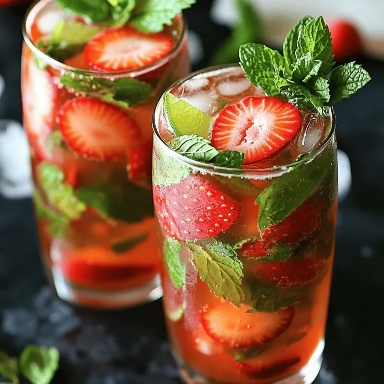To make a delightful Strawberry Mojito Mocktail, gather these main ingredients: - 1 cup fresh strawberries, hulled and sliced - 10-12 fresh mint leaves, plus extra for garnish - 2 tablespoons freshly squeezed lime juice - 2 tablespoons honey or agave syrup - 2 cups soda water or sparkling water - Ice cubes These ingredients blend to create a fresh and vibrant drink. The strawberries give a sweet burst, while the mint adds a refreshing touch. Garnishes make your mocktail look special. Consider using: - Extra mint leaves - Additional sliced strawberries These not only enhance the look of your drink but also add fresh flavors. You can choose your sweetener based on your taste: - Honey adds a floral note. - Agave syrup is a gentle sweetener. Adjust the amount to fit your sweetness level. If you prefer less sweetness, use less honey or agave syrup. This flexibility lets you customize your drink just the way you like it. For the full recipe, check out the details above. First, grab your fresh strawberries. You will need one cup of them, hulled and sliced. Place the strawberries in a mixing bowl. Next, add about 10 to 12 fresh mint leaves. This is where the fun begins! Use the back of a spoon or a muddler. Gently press down on the strawberries and mint. You want to release the juice from the strawberries and the oils from the mint. This step is key for great flavor! Once you muddle the strawberries and mint, it’s time to add more flavor. Pour in 2 tablespoons of freshly squeezed lime juice. Then, add 2 tablespoons of honey or agave syrup. The choice is yours! Mix the ingredients well. Use a spoon to stir until the honey or syrup fully dissolves. This will help blend the flavors nicely. Now that your mixture is ready, let’s build the mocktail. Take two glasses and fill each halfway with ice cubes. This keeps your drink cool and refreshing. Carefully strain the strawberry-mint mixture into each glass. Make sure to leave some space at the top for soda water. Now, pour in 2 cups of soda water or sparkling water. Fill the glasses to your desired level. Give it a gentle stir to mix, but don’t overdo it! Finally, for a lovely touch, garnish with extra mint and sliced strawberries. Enjoy this vibrant drink! For the full recipe, check out the complete details. Muddling is key to making a great Strawberry Mojito Mocktail. Start with fresh strawberries and mint. Place them in a bowl or glass. Use a muddler or the back of a spoon. Press gently to release flavors. Do not mash too hard; you want juice, not mush. Muddling should take about 10-15 seconds. This process brings out the sweet and minty notes. You can change the flavors by adding different fruits. Try ripe peaches, juicy watermelon, or tangy blueberries. Each fruit gives a new twist to your drink. You can also mix herbs. Use basil for a sweet and savory flavor. Lemon balm is another great option if you want something fresh and bright. Experimenting makes the drink fun and unique. Serve your mocktail in chilled glasses. This keeps your drink cool and refreshing. For a fun touch, run a lime wedge along the glass rim. Dip it in sugar for a sweet look. Add extra mint and strawberry slices on top for color. You can also serve with a straw for easy sipping. This drink pairs well with light snacks, making it perfect for parties. {{image_4}} You can make your Strawberry Mojito Mocktail even better by adding other fruits. Pineapple adds a sweet and tropical taste. Just chop up some pineapple and muddle it with the strawberries and mint. Lime is another great option. It gives a zesty kick. Squeeze fresh lime juice into the mix for a bright flavor. These fruity enhancements make your drink more exciting and colorful. Want to spice things up? Try adding jalapeño or ginger. For jalapeño, slice a few pieces and muddle them with strawberries and mint. This will add a nice heat. If you prefer ginger, grate a small piece and mix it in. It adds warmth and a unique taste. This spicy twist makes your mocktail stand out and brings a fun surprise. You can also play with herbs to change the flavor. Instead of mint, try using basil or rosemary. Basil gives a sweet and fresh taste. Simply muddle fresh basil leaves like you do with mint. Rosemary adds a stronger flavor. Use just a little because it's quite bold. Each herb brings its own charm to the drink, making it special and fresh. For the complete recipe, check out the Full Recipe section. If you have leftover strawberry mojito mocktail, store it in the fridge. Use an airtight container. This keeps the flavors fresh and vibrant. Drink it within 24 hours for the best taste. To ensure freshness, avoid mixing in soda water until serving. The bubbles make it fizzy and fun. If you mix it early, the drink goes flat. Keep the fresh mint leaves in water. This helps them stay green and lively. You can freeze the strawberry-mint mixture for later use. Pour it into ice cube trays and freeze. Once frozen, pop the cubes into a bag. When you want a refreshing drink, blend a few cubes with soda water. This gives you a quick and tasty mocktail. For the full recipe, check out the instructions above and enjoy your drink! Yes, you can easily make a larger batch. Just multiply the ingredients by the number of servings you need. For example, if you want to serve four people, double the recipe. Use two cups of strawberries, 20-24 mint leaves, and so on. Mix it all in a large pitcher. This makes it easy to serve at parties or gatherings. If you want a different sweetener, try agave syrup or maple syrup. Both work well and add a unique flavor. You can also use simple syrup made from sugar and water. If you prefer no added sugar, try using mashed ripe bananas or pureed dates for natural sweetness. To cut the sweetness, reduce the honey or sweetener you use. Start with just one tablespoon and adjust to taste. You can also add more lime juice or soda water. This balances the flavors and gives a fresh taste. More mint leaves can also help brighten the drink without adding sweetness. You’ve learned how to make a refreshing Strawberry Mojito Mocktail. We covered the key ingredients, preparation steps, and helpful tips. You can add unique flavors or mix different fruits for variety. Remember to store any leftovers properly to keep them fresh. Mocktails can be fun and easy to make in larger batches. Enjoy experimenting with the sweeteners and garnishes. Now, grab your ingredients and create a delightful drink!