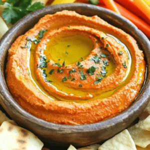 - 1 cup canned chickpeas, drained and rinsed - 1 large roasted red pepper - 2 tablespoons tahini - 2 tablespoons extra virgin olive oil - 1 garlic clove, minced - 1 tablespoon fresh lemon juice - 1/2 teaspoon ground cumin - Salt, to taste - Water, as needed - Fresh parsley for garnish To make roasted red pepper hummus, gather these simple ingredients. You can find canned chickpeas easily at any store. Roasted red peppers can also be found in jars or made fresh at home. I love using tahini because it gives a rich, nutty flavor. Extra virgin olive oil adds a nice depth. Garlic and lemon juice bring brightness. Ground cumin adds warmth to the mix. Salt is key to enhance all the flavors. Water helps to achieve the smooth texture you want. Lastly, fresh parsley makes for a lovely garnish. You can find the full recipe by clicking the link. Enjoy your cooking adventure! - First, drain and rinse your chickpeas. This helps remove extra salt and improves taste. - Next, mince your garlic. Fresh garlic adds a great kick to the hummus. - If you use fresh red peppers, roast them. This step brings out their sweet flavor. - Now, combine all the ingredients in a food processor. This includes chickpeas, roasted red pepper, tahini, olive oil, garlic, lemon juice, cumin, and a pinch of salt. - Process the mixture until it becomes creamy. Scrape down the sides as needed for even blending. - If the hummus is too thick, add water slowly. Start with one tablespoon at a time. - Taste the hummus and adjust the seasoning. You can add more salt or lemon juice for extra flavor. This process turns simple ingredients into a creamy and flavorful dip. Enjoy your homemade roasted red pepper hummus! For the complete guide, check the Full Recipe. To avoid gritty hummus, use well-cooked chickpeas. If you prefer a smoother texture, peel the chickpeas before blending. This small step makes a big difference. When adding water, do it slowly. Start with one tablespoon at a time. Blend well after each addition. This helps you control the thickness. Aim for a creamy dip that is not too thin. You can boost the flavor with spices or herbs. Try adding smoked paprika for a hint of smokiness. Fresh herbs like basil or cilantro can brighten the taste. Each option adds a unique twist. For a richer taste, use flavored oils. Garlic-infused olive oil or chili oil can enhance the hummus. These alternatives bring new layers of flavor to your dip. Serve your hummus in a unique bowl. A shallow dish allows for easy dipping. You can also create a swirl in the hummus with a spoon for a nice look. Garnishing can elevate your dish. A drizzle of olive oil on top adds shine. Fresh parsley or a sprinkle of paprika adds color. These touches make your hummus not just tasty but also beautiful. For the full recipe, check the section above. {{image_4}} You can change up your roasted red pepper hummus in fun ways. One tasty option is spicy roasted red pepper hummus. Just add a pinch of cayenne or a dash of hot sauce. This kick adds warmth without overpowering the dish. You can also mix in spices like smoked paprika for a different flavor. Another great idea is to go for Mediterranean-inspired variations. Try adding olives or sun-dried tomatoes. These ingredients give the hummus a tangy twist and a colorful look. You could even blend in herbs like basil or oregano for a fresh taste. If you want to make this dip vegan, you’re in luck! All the ingredients are already plant-based. For those avoiding gluten, this hummus is naturally gluten-free. Just be sure to serve it with gluten-free dippers like veggie sticks or rice crackers. If you want to switch tahini, try sunflower seed butter. It has a similar creamy texture and nutty flavor. You can also use Greek yogurt for a creamy twist, though that makes it not vegan. When serving your roasted red pepper hummus, think about the best dippers. Pita chips are a classic choice, but fresh veggies work great too. Try cucumber slices, carrot sticks, or bell pepper strips. They add crunch and freshness. You can also use it as a spread on sandwiches or wraps. It pairs well with grilled chicken or roasted veggies, making everything taste better. If you want to get fancy, serve it with a drizzle of olive oil and a sprinkle of paprika. This makes it look as good as it tastes. Check out the Full Recipe to get started! To keep your hummus fresh, use an airtight container. Glass jars work well. You can also use plastic containers with tight lids. Store it in the fridge right after making it. Hummus stays good for about 4 to 7 days in the fridge. Always check for any off smell before using. If you want to save some for later, freezing is a great option. Scoop the hummus into a freezer-safe container. Leave some space at the top for expansion. You can also freeze it in smaller portions using ice cube trays. This way, you can thaw just what you need. To thaw, move it to the fridge overnight. For a creamier texture, add a little water and blend again after thawing. Leftover hummus is super versatile! You can spread it on sandwiches or wraps for extra flavor. Use it as a dip for fresh veggies or pita chips. You can even mix it into pasta or grain salads for a creamy twist. Try adding it to soups to give them a rich taste. If you want more ideas, check out the Full Recipe for Roasted Red Pepper Hummus to inspire your creativity! The best way to roast a red pepper is to use an oven or an open flame. For oven roasting, preheat your oven to 450°F (232°C). Place the whole pepper on a baking sheet. Roast for about 20 minutes, turning it halfway through. When the skin blisters and turns black, it’s ready. For flame roasting, hold the pepper over a gas burner. Turn it until the skin chars. Once roasted, place it in a bowl and cover it with plastic wrap. This helps the skin loosen for easy peeling. Yes, you can make roasted red pepper hummus without tahini. If you skip tahini, your hummus will taste different but still delicious. You can substitute tahini with a bit of olive oil or a nut butter, like almond or sunflower seed butter. This will keep it creamy and smooth. Roasted red pepper hummus lasts about 4 to 5 days in the fridge. Store it in an airtight container to keep it fresh. If you notice any change in smell or texture, it’s best to toss it out. Yes, roasted red pepper hummus is healthy. It is packed with protein from chickpeas and healthy fats from olive oil. The red pepper adds vitamins A and C, plus antioxidants. It’s a great snack, especially when paired with fresh veggies. You can buy roasted red pepper hummus at most grocery stores. Check the deli or refrigerated section. Many brands offer this flavor. You can also find it at health food stores or local farmers' markets. For those ready to dive into deliciousness, here’s the full recipe for roasted red pepper hummus. Making roasted red pepper hummus is simple and fun. We explored the ingredients needed, like chickpeas and tahini, and shared step-by-step instructions for blending them into a creamy dip. I offered tips for the perfect texture, flavor boosts, and creative presentation ideas. I also covered variations and how to store leftovers for later use. With this guide, you can create a delicious hummus that wows every time. Enjoy experimenting with flavors and sharing this treat. Let your kitchen be a place of joy!