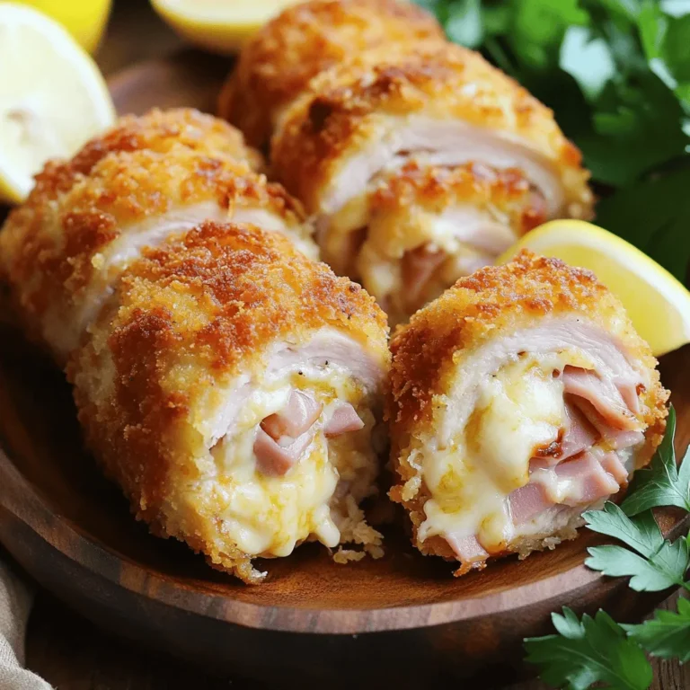 To make easy chicken cordon bleu, you need a few simple items. Here’s what you will gather: - 4 boneless, skinless chicken breasts - 4 slices of Swiss cheese - 4 slices of ham (choose between smoked or honey) - 1 cup all-purpose flour - 2 large eggs, beaten - 1 cup panko breadcrumbs - 1 teaspoon garlic powder - 1 teaspoon paprika - Salt and pepper to taste - Olive oil or cooking spray With these ingredients, you can create a dish that is both delicious and impressive. The chicken breasts serve as a tender base, while the ham and cheese bring creamy, savory goodness. The flour, eggs, and panko breadcrumbs create a golden crust. This recipe uses simple flavors, but they come together beautifully. You can find the full recipe to guide you through each step. - Preheat the oven to 350°F (175°C). - Place each chicken breast between plastic wrap. - Pound the chicken to an even thickness of about 1/2 inch. - Season both sides with salt, pepper, garlic powder, and paprika. - Lay one slice of ham on each chicken breast. - Add a slice of Swiss cheese on top of the ham. - Roll the chicken from the short end tightly. - Secure each roll with toothpicks to hold it together. - Set up a breading station with three bowls: flour, beaten eggs, and breadcrumbs. - Dip each roll first in flour, shaking off the extra. - Next, coat it in the eggs, letting the excess drip off. - Finally, roll it in breadcrumbs, pressing gently for a good coat. - Heat olive oil in a skillet over medium heat. - Add the chicken rolls seam-side down when the oil is hot. - Fry for about 3-4 minutes on each side until golden. - Transfer the rolls to a baking dish and bake for 15-20 minutes. - Check that the chicken reaches 165°F (75°C) inside. - Remove toothpicks before serving and let rest for a few minutes. For the full recipe, refer to the section above. - Use a meat mallet for even pounding. This helps the chicken cook evenly. - Ensure good seasoning for flavor. Salt, pepper, garlic powder, and paprika are key. - Maintain the optimal frying temperature. This should be medium heat, around 350°F (175°C). - To check the internal temperature, use a meat thermometer. The chicken should reach 165°F (75°C). - Slice each roll in half to show the melted cheese and ham inside. This makes it look appealing. - Garnish with fresh herbs like parsley and lemon wedges. This adds color and freshness to your dish. For the full recipe, check out the crispy chicken cordon bleu above. {{image_4}} You can change the cheese in Chicken Cordon Bleu. Instead of Swiss cheese, try cheddar for a sharp taste. Gouda gives a creamy flavor that many love. You can also switch the ham for turkey if you want a lighter meal. Chicken bacon works well too, adding a crispy bite to the dish. For a gluten-free version, swap panko breadcrumbs for gluten-free alternatives like crushed rice cereal. Almond flour is a great choice instead of regular flour. It adds a nice nutty flavor and keeps the dish gluten-free. Always check labels to ensure your ingredients meet gluten-free standards. Want to kick up the taste? Add herbs like thyme or rosemary to your breadcrumb mixture. This gives your Chicken Cordon Bleu a fragrant twist. You can also use flavored oils for frying. Garlic-infused olive oil brings a lovely aroma. Try using chili oil for a spicy kick, making the dish your own. For the full recipe, check out the [Full Recipe]. To store leftovers safely, place the chicken cordon bleu in an airtight container. This keeps moisture in and prevents drying out. Always let your chicken cool to room temperature first. Then, cover it and refrigerate within two hours of cooking. This helps keep it fresh. For best practices to maintain freshness, consume leftovers within three days. Reheating multiple times can reduce quality. If you plan to eat it later, just take out what you need. To freeze cooked rolls, first, let them cool completely. Then, wrap each roll tightly in plastic wrap. After wrapping, place them in a freezer bag. This keeps air out and prevents freezer burn. When you're ready to eat, thaw the rolls overnight in the fridge. For reheating, place them in the oven at 350°F (175°C) for about 20 minutes. This ensures they heat evenly and stay crispy. Leftovers can be kept in the fridge for up to three days. After that, they may not taste as good. Signs the dish may no longer be good include a sour smell, off-color, or slimy texture. If you see any of these signs, it's best to throw it away. Always trust your senses when it comes to food safety. To make Chicken Cordon Bleu from scratch, start with chicken breasts. Pound them flat to about 1/2 inch thick. Season the chicken with salt, pepper, garlic powder, and paprika. Lay a slice of ham and cheese on each piece of chicken. Roll them up and secure with toothpicks. Bread the rolls in flour, eggs, and panko. Fry them in oil until golden, then bake to finish cooking. You can find the full recipe for more details. Yes, you can bake Chicken Cordon Bleu for a healthier option. To do this, preheat your oven to 350°F (175°C). After breading the chicken rolls, place them in a baking dish. Lightly spray the rolls with cooking spray for a crispy texture. Bake for about 25-30 minutes or until the chicken is cooked through and golden brown. Many side dishes pair well with Chicken Cordon Bleu. Here are a few ideas: - Steamed vegetables like broccoli or green beans - Mashed potatoes or garlic mashed potatoes - A fresh side salad with vinaigrette - Rice or quinoa for a hearty option To check if the chicken is done, use a meat thermometer. The internal temperature should be 165°F (75°C). You can also cut into the roll and look for clear juices. If the juices run clear and the meat is no longer pink, your chicken is ready to serve. In this post, we covered how to make Chicken Cordon Bleu from scratch. You learned about the key ingredients like chicken, Swiss cheese, and ham. I walked you through easy steps, from prepping the chicken to cooking it perfectly. We explored tips for beginners and variations to suit your taste. Remember to store leftovers properly to keep them fresh. Enjoy making this dish and impressing your friends and family with your cooking skills! This recipe is fun and rewarding. Happy cooking!