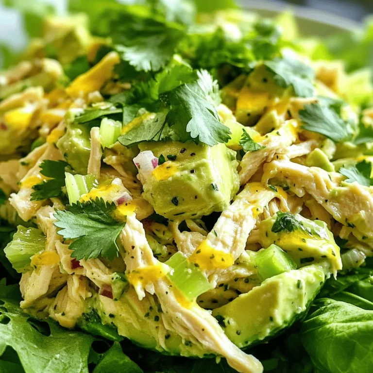 To make this dish, you need a few key items. Here’s what to gather: - 2 cups cooked chicken, shredded or diced (preferably rotisserie for added flavor) - 1 ripe avocado, perfectly mashed - 1/4 cup plain Greek yogurt (for creaminess and tang) - 1 tablespoon Dijon mustard (adds a subtle kick) - 1 tablespoon fresh lemon juice (brightens the flavors) - 1/2 cup celery, finely chopped (for crunch) - 1/4 cup red onion, finely chopped (for sweetness) - Salt and freshly cracked pepper to taste - Fresh cilantro or parsley, chopped, for garnish These ingredients come together to create a rich and creamy salad. The avocado gives it a smooth texture, while the chicken adds protein. Greek yogurt is lighter than mayonnaise, making it a healthier option. You can easily change the salad to fit your taste. Here are some optional ingredients: - Chopped bell peppers for added crunch - Diced apples or grapes for a sweet twist - Chopped nuts like walnuts or pecans for extra crunch Feel free to mix and match. This salad is flexible. You can adjust it to what you have at home or what you like best. Choosing great ingredients makes a difference. Here are some tips: - For chicken, opt for rotisserie. It’s tender and packed with flavor. - Pick a ripe avocado. It should feel soft but not mushy. - Use fresh vegetables. They add the best taste and crunch. - Select plain Greek yogurt with no added sugar. It keeps the salad healthy. By focusing on quality, you enhance the overall taste. This salad will be a hit with your family and friends. You can find the full recipe above to guide you through making this delightful dish. Start with cooked chicken. I like to use rotisserie chicken for its great flavor. Shred or dice the chicken into bite-sized pieces. This makes it easier to mix. Place the chicken in a large bowl. Next, add the ripe avocado to the bowl. Mash it well with a fork until it’s smooth. Gently mix in the chicken to coat it evenly. Now, add the Greek yogurt and Dijon mustard. Squeeze in the fresh lemon juice too. These ingredients make the salad creamy and tangy. Stir everything until you achieve a smooth mix. Now, fold in the finely chopped celery and red onion. This adds a nice crunch and sweetness. Season your salad with salt and pepper. Taste it and adjust as needed. For the best flavor, cover the bowl and chill the salad for 30 minutes. This lets the flavors blend nicely. To serve, you have many options. You can place the salad on a bed of leafy greens. It also works well in a sandwich or in lettuce wraps. Just before serving, sprinkle fresh cilantro or parsley on top. This adds color and a fresh taste. For the full recipe, check out the detailed instructions. To get the best avocado texture, pick a ripe one. A ripe avocado feels soft when you press it gently. Slice it in half and remove the pit. Use a fork to mash the flesh in a bowl. Aim for a smooth yet slightly chunky mix. This gives your salad a creamy feel without being too mushy. If you have leftover salad, store it in an airtight container. This keeps it fresh longer. Place a piece of plastic wrap directly on the salad before sealing the lid. This helps prevent browning and keeps flavors intact. The salad will stay good for about two days in the fridge. To boost the flavor, add fresh herbs like cilantro or parsley. They give a bright, fresh taste. You can also try a dash of garlic powder or smoked paprika for depth. If you like heat, a pinch of cayenne or red pepper flakes can spice things up. Don’t forget to taste as you go to find your perfect mix! For a full recipe, check out the [Full Recipe]. {{image_4}} You can add nuts or seeds to your chicken salad. Chopped walnuts or sliced almonds add a nice crunch. Sunflower seeds also work well and offer a nutty taste. I love using toasted nuts for extra flavor. This makes your salad more exciting and fun to eat. If you want a different protein, try chickpeas or tofu. Both options are great for plant-based eaters. Chickpeas are hearty and add fiber. Tofu is soft but takes on flavors well. You can also use turkey instead of chicken for a leaner choice. These swaps keep your salad tasty and healthy. Fruits can make your avocado chicken salad even better. Adding grapes gives a sweet burst. Diced apples add crunch and sweetness. Try mixing in dried cranberries or apricots for a chewy texture. These fruits brighten the dish and add more layers of flavor. For the complete recipe, check out the Full Recipe section. To keep your creamy avocado chicken salad fresh, store it in an airtight container. Make sure the container is clean and dry to prevent any spoilage. If you have leftovers, press a piece of plastic wrap directly onto the surface of the salad before sealing the lid. This helps to limit air exposure, which can lead to browning of the avocado. When stored properly, your creamy avocado chicken salad can last in the fridge for about 3 days. After this time, the avocado may start to brown, and the flavors might change. Be sure to check for any off smells or changes in texture before enjoying it after a few days. Freezing avocado chicken salad is not ideal, as it can change the texture of the avocado. If you must freeze it, do so without the avocado. You can mix the salad as usual, but add the mashed avocado after you thaw it. To freeze, use a freezer-safe container and label it with the date. It will keep for about 1 month in the freezer. When ready to eat, thaw it in the fridge overnight and mix in fresh avocado before serving. For the full recipe, check the Creamy Avocado Chicken Salad section. Yes, you can use canned chicken. It saves time and still tastes good. Look for canned chicken in water or broth for better flavor. Drain it well before adding to the salad. This option makes the recipe quick and easy. You can pair this salad with many types of bread. For a classic choice, use whole wheat or sourdough. Croissants add a nice touch, too. You might also try a hearty baguette or pita. Each option adds its own twist to the meal. Absolutely! This salad is great for meal prep. It keeps well in the fridge for a few days. Just store it in an airtight container. You can pack it with your favorite bread or veggies for lunch. The flavors get even better after chilling. For the full recipe, check the earlier section. This blog covered how to make a creamy avocado chicken salad. We explored key ingredients and tips for picking quality foods. I shared step-by-step instructions to combine chicken and avocado. You learned how to achieve the perfect texture and flavor. We also discussed tasty variations to fit different diets. Finally, I highlighted proper storage to keep your salad fresh. Try this versatile dish at home and enjoy each bite!