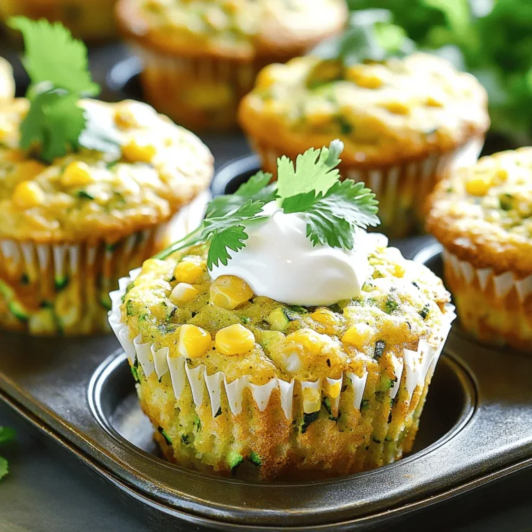 - 1 cup grated zucchini - 1 cup corn kernels (fresh or canned) - 1 cup all-purpose flour - 1 cup cornmeal - 1/2 cup sugar (brown or coconut sugar works well) - 1 tablespoon baking powder - 1/2 teaspoon baking soda - 1/2 teaspoon salt - 1 large egg, beaten - 1/2 cup milk (dairy or non-dairy) - 1/4 cup vegetable oil or melted coconut oil The main ingredients create a perfect blend of flavors and textures. The grated zucchini keeps the muffins moist. The corn adds sweetness and crunch. Flour and cornmeal give structure. Using different sugars can enhance the flavor depth. - 1/2 teaspoon ground cumin (for warmth) - 1/4 teaspoon cayenne pepper (optional, for spice) Spices can change the taste. Cumin adds a nice warmth. Cayenne gives an extra kick. You can skip or add spices based on your taste. - Muffin tin and liners - Mixing bowls - Whisk Using the right tools makes baking easier. A muffin tin helps shape the muffins. Liners keep them from sticking. Mixing bowls and a whisk are key for combining your ingredients well. Following the Full Recipe will guide you through the process smoothly. Start by preheating your oven to 375°F (190°C). This step is crucial for even baking. While the oven heats, prepare your muffin tin. You can lightly grease each cup with oil or use paper liners. This helps to prevent sticking and makes cleanup easier. In a large bowl, combine 1 cup of grated zucchini and 1 cup of corn kernels. If you use fresh corn, cut it right off the cob. Next, add 1 beaten egg. Pour in 1/2 cup of milk and 1/4 cup of oil. Mix everything well until it looks even. In another bowl, whisk together 1 cup of all-purpose flour, 1 cup of cornmeal, and 1/2 cup of sugar. Add 1 tablespoon of baking powder, 1/2 teaspoon of baking soda, and 1/2 teaspoon of salt. For extra flavor, include 1/2 teaspoon of ground cumin and, if you like, 1/4 teaspoon of cayenne pepper. Gradually add the dry mixture to the wet mixture. Stir gently until just combined. It's important not to overmix. A few lumps are okay. This keeps the muffins light and fluffy. Now it’s time to fill the muffin cups. Use a spoon to fill each cup about two-thirds full. This gives the muffins room to rise. Place the muffin tin in your preheated oven. Bake for 18 to 20 minutes. To check if they are done, insert a toothpick in the center of a muffin. If it comes out clean, they are ready. After baking, let the muffins cool in the pan for about 5 minutes. Then, transfer them to a wire rack to cool completely. For a great presentation, serve the muffins warm. Top them with a dollop of sour cream or yogurt. You can also sprinkle some chopped cilantro or chives for extra color. These muffins are perfect for breakfast or a snack. For the complete recipe, check the Full Recipe. To get the best muffins, avoid overmixing the batter. When you combine wet and dry ingredients, mix just until you see no dry flour. This keeps the muffins light and fluffy. Use all-purpose flour and cornmeal in the right amounts. Too much flour can make them dense. Stick to the measurements in the Full Recipe for great results. You can boost the flavor by adding herbs or cheese. Try mixing in chopped chives or shredded cheddar. This adds a nice touch to the taste. Don't be afraid to experiment with spices, too. Ground cumin gives warmth, while a little cayenne pepper adds heat. Adjust these spices to your liking. Ovens can vary, so check your muffins a few minutes early. If they look golden and a toothpick comes out clean, they're ready. After baking, store the leftovers in an airtight container. This keeps them fresh for a few days. You can also freeze them for later. Just reheat in the oven for the best taste. {{image_4}} If you need a gluten-free option, you can use almond flour or oat flour. Both work well in muffins. Almond flour adds a nice nutty taste. Oat flour keeps the muffins moist and fluffy. You can also blend these two for a unique flavor. For a savory twist, add shredded cheese or fresh herbs like basil or thyme. Cheese gives a rich flavor, while herbs add freshness. If you prefer sweet, try using honey or maple syrup instead of sugar. This change adds a warm sweetness everyone loves. Consider adding nuts or seeds to your muffins for crunch and nutrition. Chopped walnuts or sunflower seeds work great. For a sweeter touch, you can mix in dried fruits like raisins or cranberries. They add bursts of flavor and a chewy texture. You can explore these variations to create your perfect Zucchini Corn Muffins. Each choice makes the recipe unique and fun. Check out the Full Recipe for more details! To keep your zucchini corn muffins fresh at room temperature, place them in an airtight container. This will prevent them from drying out. Leave them on the counter for up to two days. If you want them to last a bit longer, you can refrigerate them. Just remember to seal them well. For long-term storage, freezing the muffins is a great option. Wrap each muffin in plastic wrap, then place them in a freezer-safe bag. This keeps them moist and tasty. When you're ready to enjoy them, take out a muffin and let it thaw at room temperature. You can also warm it in the microwave for about 15-20 seconds. This brings back the fresh-baked taste. These muffins can stay fresh for about 2 days at room temperature. In the fridge, they can last up to a week. If you freeze them, they can keep for about 3 months. Just make sure to check for any freezer burn before eating. Enjoy your zucchini corn muffins whenever you like! For the full recipe, check the earlier section. Yes, you can make these muffins ahead. To prepare in advance, bake them and let them cool. Store them in an airtight container at room temperature. They stay fresh for up to three days. If you need them to last longer, freeze them. Wrap each muffin in plastic wrap. Place them in a freezer bag for later use. You can swap zucchini for other vegetables. Shredded carrots work well and add sweetness. Grated sweet potatoes also add a nice flavor. Try using grated squash for a similar texture. Each vegetable gives the muffins a unique taste and keeps them moist. These muffins offer several health benefits. Zucchini is low in calories and high in fiber. Corn adds vitamins and minerals, like vitamin C and magnesium. Using whole grain flour boosts the fiber content. If you choose brown sugar, you add some nutrients too. Overall, they make a tasty, nutritious snack or breakfast option. To test if the muffins are done, use a toothpick. Insert it into the center of a muffin. If it comes out clean, the muffins are ready. You can also look for a golden brown top. They should spring back when lightly touched. Yes, frozen corn works great in this recipe. Just thaw it and drain any excess water. Frozen corn can make the muffins sweet and tasty. Fresh corn is also good if you have it on hand. Both options are delicious, so use what you prefer. These muffins pair well with many options. Serve them warm with butter or cream cheese. You can also add a dollop of yogurt for extra creaminess. They make a great side for soups or salads too. Enjoy them as a snack or part of breakfast! Zucchini corn muffins are easy and fun to make. You learned about key ingredients, steps, and tips for baking them. Remember, variations let you be creative. Mix in cheese or nuts for a twist. Store muffins correctly to keep them fresh. These muffins are tasty and full of nutrients. Enjoy sharing them with friends and family. They make meals delightful and snacks satisfying. Try baking today, and brighten your table with these yummy treats!