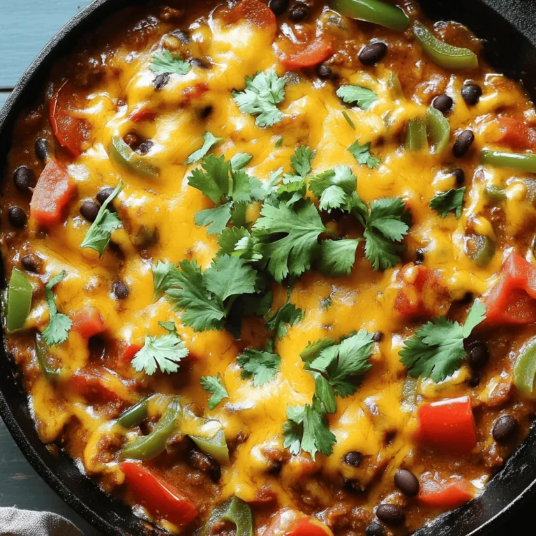 To make the Easy Cheesy Taco Skillet, you will need: - 1 lb ground beef (or ground turkey for a lighter option) - 1 medium onion, finely chopped - 2 cloves garlic, minced - 1 bell pepper (any color), diced - 1 can (15 oz) black beans, drained and rinsed - 1 can (15 oz) corn, drained - 1 packet taco seasoning (about 1 ounce) - 1 cup diced tomatoes (fresh or canned, preferably with juices) - 1 cup shredded cheddar cheese - Salt and pepper to taste - 2 tablespoons olive oil - Fresh cilantro or sliced green onions for garnish (optional, but recommended for freshness) You can switch things up based on what you have. Here are some fun ideas: - Protein: Try ground chicken or plant-based meat for a different taste. - Beans: Swap black beans with pinto or kidney beans for a new flavor. - Cheese: Use pepper jack for a spicy kick or mozzarella for a milder taste. - Veggies: Add in zucchini, corn, or spinach for extra nutrients and color. If you run out of something, don’t worry! Here’s how to adapt: - Ground Meat: If you don’t have beef or turkey, use canned beans for a vegetarian option. - Taco Seasoning: Blend your own with chili powder, cumin, and paprika if needed. - Fresh Herbs: If you lack fresh cilantro or green onions, dried herbs work well too. Use half the amount since they are more potent. These simple swaps help you create a dish that suits your taste and what you have on hand. Enjoy the process! For the full recipe, check out the instructions above. Start by heating 2 tablespoons of olive oil in a large skillet over medium heat. Once the oil shimmers, add 1 medium onion, finely chopped. Sauté for 3-4 minutes until the onion turns transparent. This builds a nice base of flavor. Then, add 2 cloves of minced garlic and 1 diced bell pepper. Cook for another 2-3 minutes. Stir occasionally until the peppers soften. Next, raise the heat to medium-high and add 1 pound of ground beef or ground turkey. Break up the meat with a wooden spoon, cooking for 5-6 minutes. Ensure the meat is browned and there is no pink left. Now, stir in 1 packet of taco seasoning. This adds a burst of flavor. Mix in 1 can of black beans (drained), 1 can of corn (drained), and 1 cup of diced tomatoes. Let this mixture simmer for about 5 minutes to meld the flavors. Once the mixture simmers, lower the heat. Sprinkle 1 cup of shredded cheddar cheese evenly over the top. Cover the skillet with a lid and wait 2-3 minutes for the cheese to melt. The gooey cheese makes the dish irresistible! Finally, season with salt and pepper to taste. Gently stir to combine all the ingredients. If you like, garnish with fresh cilantro or sliced green onions for a pop of color and flavor. - Prep Time: 10 minutes - Cook Time: 20 minutes - Total Time: 30 minutes - Heat Settings: Start at medium heat, increase to medium-high, then lower to low for cheese melting. For presentation, serve the cheesy taco skillet right in the skillet for a rustic look. You can also spoon it into bowls. Consider adding a dollop of sour cream or slices of avocado for creaminess. A sprinkle of lime zest on top brightens the dish. Feel free to explore the [Full Recipe] for more details and tips! To make your Easy Cheesy Taco Skillet shine, follow these simple tips. Start with fresh ingredients. Fresh vegetables boost taste and color. Always chop your onion and bell pepper evenly. This ensures they cook at the same rate. Cook the meat until it’s brown and there’s no pink left. This step adds depth to your dish. Use a large skillet for easy stirring. A non-stick skillet works best to prevent sticking. Want to take your skillet to the next level? Try adding spices! A pinch of cumin or chili powder can kick up the heat. Fresh herbs like cilantro or parsley brighten the flavors. If you love heat, add diced jalapeños or a splash of hot sauce. For a creamy twist, mix in some sour cream before serving. This adds richness and balances the spices. And don’t forget about lime juice! A squeeze of lime adds freshness and zest. Avoid common pitfalls to make your dish perfect. Don’t rush the cooking of your onions and garlic. Cooking them slowly brings out their sweetness. If you don’t drain the beans and corn well, your dish may become soggy. Always taste before adding salt. The taco seasoning can be salty, so cautious seasoning is key. Finally, let the dish rest for a few minutes after cooking. This lets the flavors meld beautifully. For the complete recipe, check the Full Recipe section! {{image_4}} You can easily make a vegetarian version of the Easy Cheesy Taco Skillet. Swap the ground beef for plant-based meat, like lentils or crumbled tofu. You can also use mushrooms for a meaty texture. Add extra veggies like zucchini or spinach for more flavor. Black beans and corn will still give a hearty base. This way, you keep all the flavors while being meat-free. Want more heat? You can add diced jalapeños or a pinch of cayenne pepper to the mix. Stir in hot sauce at the end for that extra kick. If you like smoky flavors, try adding chipotle peppers in adobo sauce. These changes will give your dish a new twist without changing too much. Meal prep with this dish is simple. Cook the taco skillet ahead of time and store it in the fridge for up to four days. You can reheat it in a skillet or microwave. Serve it with warm tortillas or over rice for a filling meal. Top with fresh avocado, sour cream, or fresh salsa for extra flavor. You can even freeze portions for later. Just thaw and heat when you’re ready to eat! For more ideas, check out the Full Recipe. To keep your Easy Cheesy Taco Skillet fresh, let it cool first. Then, transfer it to an airtight container. This method helps lock in flavors and prevent spoilage. You can also use resealable bags. Just make sure to squeeze out any extra air before sealing. Label the containers with the date to keep track of freshness. When you're ready to enjoy leftovers, reheat them on the stove or microwave. For the stove, place the skillet over low heat. Stir often until it's warm. This method keeps the texture nice. In the microwave, use a microwave-safe dish. Heat in short bursts of 30 seconds, stirring in between. Make sure it's heated through. Properly stored, your Easy Cheesy Taco Skillet lasts in the fridge for about 3 to 4 days. If you want to keep it longer, consider freezing it. In the freezer, it can last up to 2 to 3 months. Just remember to thaw it in the fridge before reheating. This ensures it stays safe and tasty. To make the Easy Cheesy Taco Skillet gluten-free, choose a gluten-free taco seasoning. Many store brands offer gluten-free options. Always check the label to be sure. You can also use fresh vegetables and beans that are certified gluten-free. This way, you enjoy the same tasty flavors without gluten. Yes, you can use different types of cheese! If you want a sharper taste, try pepper jack or Monterey Jack. For a creamier texture, use cream cheese or a blend of cheeses. Cheese choices can change the dish's flavor, so feel free to experiment. Many sides go well with this dish. Here are some ideas: - Rice: White or brown rice adds a nice base. - Salad: A fresh green salad balances the rich flavors. - Tortilla Chips: Crispy chips provide crunch and fun. - Guacamole: Creamy guacamole enhances the meal. - Sour Cream: A dollop adds coolness and creaminess. These sides can make your meal more complete and enjoyable. For the full recipe, check out the Easy Cheesy Taco Skillet! The Easy Cheesy Taco Skillet is simple to make with various ingredient choices. We explored cooking steps, including times and tips. Remember, adjusting flavors enhances the dish. Consider vegetarian or spicy twists for fun. Store it well for easy meals later. This dish is great for any night of the week. Enjoy the comfort and taste of your creation!