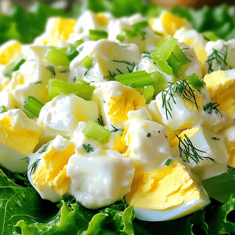 - 6 large eggs - 1/4 cup creamy mayonnaise - 1 tablespoon Dijon mustard - 1 tablespoon freshly squeezed lemon juice - 1/4 cup finely diced celery - 1/4 cup finely sliced green onions - 2 tablespoons finely chopped fresh dill - 1 tablespoon finely chopped fresh parsley - Salt and freshly cracked pepper to taste - Optional: 2 teaspoons rinsed and coarsely chopped capers - Serving suggestion: Crisp lettuce leaves I love using fresh ingredients for my egg salad. The creamy mayonnaise adds smoothness, while Dijon mustard gives a nice zing. Fresh lemon juice brings brightness to the dish. The diced celery and sliced green onions add crunch and flavor. Dill and parsley give it a fresh herb taste. For an extra twist, capers add a briny touch. You can skip the capers if you prefer a milder flavor. This simple list of ingredients makes the egg salad easy to prepare. You can find everything at your local grocery store. Once you gather these items, you're ready to create a classic dish that everyone will enjoy! If you're curious about the full recipe, check it out! To make perfect hard-boiled eggs, start with fresh eggs. Place them in a medium saucepan. Cover the eggs with water, ensuring it's about an inch above them. Heat the pan on medium-high until the water boils. Once boiling, cover the pot and remove it from heat. Let the eggs sit in the hot water for 12 minutes. This method cooks them just right. After 12 minutes, prepare an ice bath. Fill a large bowl with cold water and ice. Carefully move the eggs from the hot water to the ice bath. Let them cool for about 5 minutes. This cooling stops the cooking and makes peeling much easier. Once the eggs are cool, gently tap each egg against a hard surface. Crack the shell and peel it off. Peeling under running water helps remove any stubborn bits. Next, chop the peeled eggs into bite-sized pieces. You want a chunky texture for your egg salad. In a mixing bowl, combine the chopped eggs with creamy mayonnaise, Dijon mustard, lemon juice, diced celery, sliced green onions, fresh dill, parsley, and capers if you choose to add them. Now, mix the salad. Use a spatula or spoon to fold the ingredients together gently. Avoid overmixing, as you want to keep some texture. To bring out the flavors, season with salt and freshly cracked pepper. Taste the mixture and adjust the seasoning if needed. For serving, scoop the egg salad onto crisp lettuce leaves for a fresh touch. You can also spread it on your favorite bread for a tasty sandwich. I love serving it in vibrant colors, garnishing with herbs for an inviting look. Enjoy your delicious creation! For the full recipe, check out the details above. To get the best texture, chop your eggs into bite-sized pieces. Aim for a chunky look. This method keeps the salad from feeling mushy. When mixing, don't overdo it. Gently fold the ingredients together. This keeps the egg bits intact and gives a nice mouthfeel. You want to enjoy each bite, not just a creamy spread. Adding spices can really boost your egg salad. I love using fresh dill and parsley. They add a bright taste that makes the dish pop. You can also try a pinch of paprika for a little kick. Always use fresh ingredients. Fresh eggs and herbs make a huge difference in flavor. They bring the dish alive and give it that homemade touch. Serving matters just as much as taste. For a fun twist, use crisp lettuce leaves as cups. Scoop in the salad and enjoy a fresh bite. You can also plate the salad on a colorful dish. Garnish with extra herbs or even some cherry tomatoes. This makes your dish look inviting. Want something different? Try serving it on toasted bread for a tasty sandwich. For the full recipe, check out the Full Recipe section. {{image_4}} You can easily change the classic egg salad to fit your taste. Adding spices like paprika or curry powder can give a nice kick. You can also try a little garlic powder for a deeper flavor. If you want something fresh, adding diced pickles or relish can brighten the dish. You can switch out the mayonnaise for Greek yogurt. This makes it lighter and healthier. If you're vegan, try using mashed avocado instead of eggs. It gives a creamy texture and a unique taste. Egg salad is great as a sandwich, but you can also get creative. Use lettuce leaves instead of bread for a low-carb option. This keeps it fresh and crunchy. You can also top baked potatoes or mix it into pasta for a delicious twist. Another fun idea is to use egg salad as a filling for savory pastries. Stuff it into puff pastry for a tasty treat. You can even create a dip by mixing it with sour cream and serving it with chips or veggies. The variations are endless. Enjoy experimenting with your egg salad! To keep your egg salad fresh, store it in an airtight container. This helps prevent air from spoiling the flavor. Glass or plastic containers with tight lids work well. If you use a bowl, cover it tightly with plastic wrap. Always label the container with the date. This way, you will know when you made it. Classic egg salad lasts about three to five days in the fridge. Always check for signs of spoilage. If you see any changes in color or smell, it’s best to throw it out. Look for separation or an off odor. These signs mean it’s no longer safe to eat. Enjoy your egg salad while it's fresh for the best taste! How long does it take to make classic egg salad? It only takes about 30 minutes to make classic egg salad. You need 15 minutes to prep and 15 minutes to cook and mix the ingredients. This quick dish is perfect for a busy day. Can I use other types of mustard or mayonnaise? Yes, you can use any mustard or mayonnaise you like. Yellow mustard gives a milder taste, while spicy mustard adds a nice zing. For mayonnaise, try Greek yogurt for a lighter option. What can I add for a spicy kick? You can add hot sauce or cayenne pepper for heat. Chopped jalapeños or red pepper flakes also work well. Just be sure to start with a small amount and taste. Can classic egg salad be frozen? I do not recommend freezing egg salad. The texture of the eggs and mayonnaise can change. It’s best to enjoy it fresh for the best taste and quality. What are some good side dishes to serve with egg salad? Egg salad pairs well with fresh veggies, chips, or a light soup. You can also serve it with a simple green salad or crusty bread for a delightful meal. For more details on making this delightful dish, check out the Full Recipe. Egg salad is simple and tasty. You start with eggs and add great ingredients. Chopping and mixing well gives it the best texture. Always use fresh ingredients for maximum flavor. You can change up tastes with spices or different veggies. Egg salad can be eaten on bread or lettuce. Remember to store it right to keep it fresh. Enjoy experimenting with your egg salad to find your favorite way!