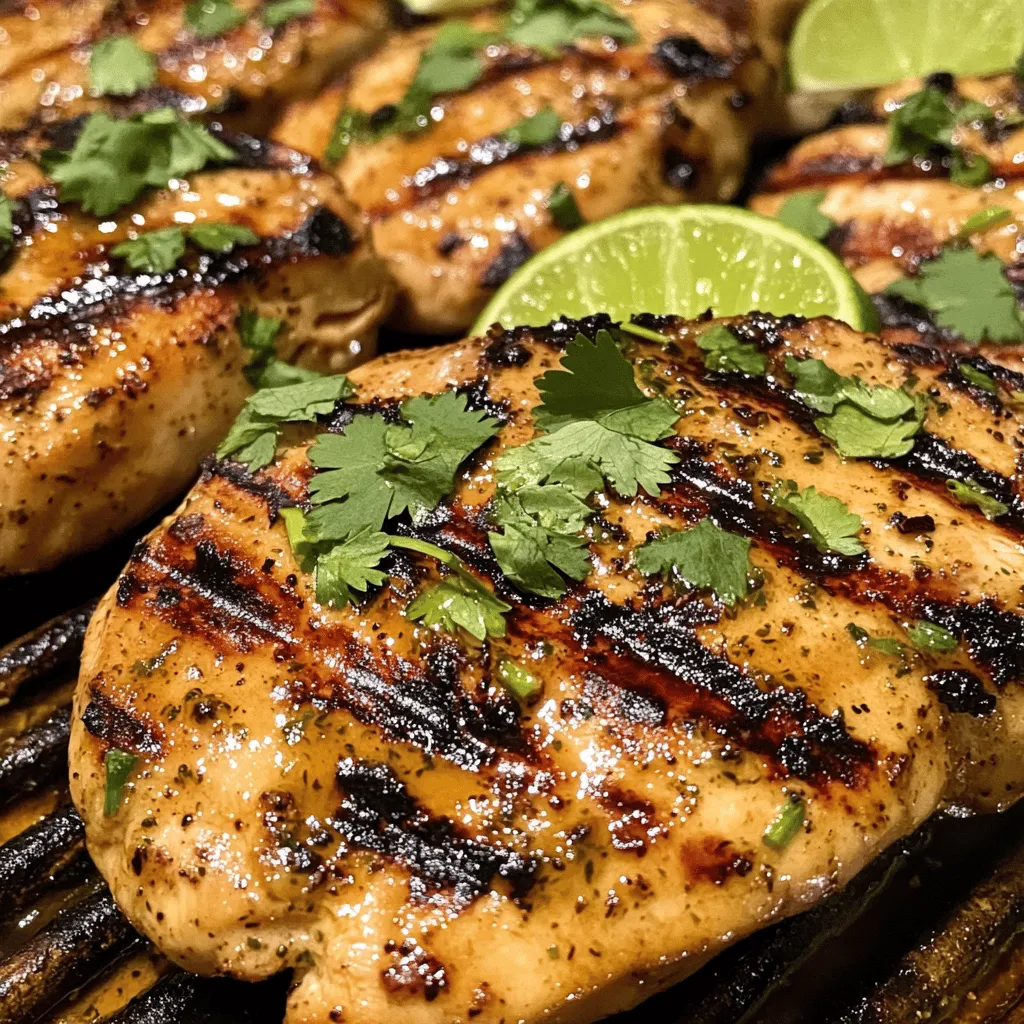 To make Chili Lime Grilled Chicken, you need fresh and zesty ingredients. This dish bursts with flavor and is easy to prepare. You will use basic pantry items along with fresh produce for the best taste. The blend of chili and lime brings a wonderful kick to the chicken. Here are the ingredients you will need: - 4 boneless, skinless chicken breasts - 3 tablespoons extra virgin olive oil - Juice of 2 fresh limes - Zest of 1 lime - 2 tablespoons chili powder - 1 teaspoon smoked paprika - 2 cloves garlic, finely minced - 1 teaspoon ground cumin - Salt and freshly cracked black pepper to taste - Fresh cilantro, finely chopped, for garnish - Lime wedges, for serving Each ingredient plays a key role. The lime juice and zest add bright flavor. The chili powder and paprika give heat and depth. I recommend using fresh ingredients whenever possible. Fresh limes provide the best juice and zest. Fresh garlic has a stronger flavor than dried. The same goes for cilantro; fresh is always better. Dried spices work well, but fresh gives the best taste. Using fresh ingredients makes your chicken more vibrant and tasty. For the best results, choose quality items. This will help your Chili Lime Grilled Chicken shine. For more details, check out the Full Recipe. To start, gather your ingredients. You need olive oil, lime juice, lime zest, chili powder, smoked paprika, garlic, cumin, salt, and pepper. In a large bowl, mix the olive oil, lime juice, and zest. Add the chili powder, smoked paprika, minced garlic, cumin, salt, and pepper. Use a whisk to blend everything well. This mix will add great flavor to your chicken. Next, take your chicken breasts and place them in the bowl with the marinade. Make sure each piece is well coated. Cover the bowl with plastic wrap or a lid. Place it in the fridge for at least one hour. For the best taste, let it marinate overnight. This time allows the flavors to seep into the chicken. About 15 minutes before grilling, preheat your grill to medium-high. Remove the chicken from the marinade, letting the extra drip off. Discard the leftover marinade to keep things safe. Place the chicken on the grill and cook each side for 6-7 minutes. Check that the internal temperature reaches 165°F (75°C). Once done, transfer the chicken to a clean plate and let it rest for 5 minutes. This helps keep it juicy. After resting, slice the chicken and serve. Garnish with cilantro and lime wedges. This Chili Lime Grilled Chicken will impress with its fresh and zesty flavor. To get the best flavor, preheat your grill well. I suggest heating it to medium-high. This heat helps create those nice grill marks. Place the chicken on the grill and avoid constant flipping. Let it cook for about 6-7 minutes on each side. This way, you lock in the flavors. To check if the chicken is done, use a meat thermometer. The internal temperature should reach 165°F (75°C). If you don’t have a thermometer, cut into the thickest part. The meat should be white and the juices clear. If it still looks pink, give it more time on the grill. Want to take your chicken to the next level? Add some extras! Fresh herbs like cilantro or parsley can brighten the dish. You can also sprinkle some queso fresco for a creamy touch. For heat lovers, add sliced jalapeños or a dash of hot sauce. Each addition can make your meal unique and exciting. For the full recipe, check out the recipe section above. {{image_4}} If you crave extra heat, you can spice up your chili lime grilled chicken. Simply add more chili powder or include fresh chopped jalapeños in your marinade. You can also mix in cayenne pepper for a fiery kick. Adjust the spice level to fit your taste buds. This bold twist makes the dish exciting and fun. You do not have to stick with chicken. Try using shrimp or fish instead. Both cook quickly and soak up flavors well. For shrimp, marinate for just 30 minutes. Fish can take about an hour. Use firm types like salmon or mahi-mahi for best results. This way, you can enjoy the same zesty flavor with different proteins. For a meat-free meal, opt for vegetables or plant-based proteins. You can grill zucchini, bell peppers, or mushrooms. Tofu is another great choice. Marinate tofu cubes in the same chili lime mix. Grill them until they are golden and crisp. These options stay true to the fresh and zesty theme while being deliciously satisfying. Feel free to get creative with these variations. They keep the chili lime grilled chicken fun and fresh! Check out the Full Recipe for more details. After you finish your meal, let the chicken cool down. Once cool, place it in an airtight container. This keeps the chicken fresh and tasty. Store your chicken in the fridge. It will last for up to four days. Remember to label the container with the date so you can keep track. When you are ready to eat the leftovers, you can reheat the chicken easily. The best way is to use an oven or a skillet. If using an oven, preheat to 350°F (175°C). Place the chicken on a baking sheet and cover it with foil. Heat for about 10-15 minutes. For a skillet, warm it over medium heat for about 5 minutes. This helps keep the chicken juicy. If you want to save the chicken for a longer time, freezing is a great option. Wrap each piece tightly in plastic wrap. Then, place the wrapped chicken in a freezer bag. Make sure to push out any air before sealing. The chicken can stay good in the freezer for up to three months. When you're ready to eat, just thaw it in the fridge overnight before reheating. You can enjoy your Chili Lime Grilled Chicken anytime! For the full recipe, check the earlier sections. You can pair Chili Lime Grilled Chicken with many sides. Here are some tasty options: - Grilled vegetables: Bell peppers, zucchini, and corn add color and flavor. - Rice or quinoa: Both are great for soaking up juices. - Salad: A fresh green salad with lime dressing works well. - Tacos: Shred the chicken and use it in tacos with fresh toppings. - Beans: Black beans or refried beans offer great protein and taste. These sides help balance the zesty chicken and make a full meal. Yes, you can use various cuts of chicken. Here are some good choices: - Thighs: Chicken thighs are juicy and flavorful. - Drumsticks: These are fun to eat and grill well. - Wings: Chicken wings can soak in the marinade nicely. Adjust the cooking time as needed. Thighs and drumsticks may need a bit longer. You can marinate the chicken for at least 1 hour. However, for the best flavor: - 1 hour: A quick soak gives good taste. - 4 to 6 hours: This lets the flavors seep in more. - Up to overnight: Ideal for deep flavor and tenderness. Just avoid marinating too long, as the acid from lime can make the chicken mushy. Try the full recipe for best results! You learned about making delicious Chili Lime Grilled Chicken. We covered the ingredients needed, along with their quantities. I shared step-by-step instructions for marinating and grilling. You also found tips for grilling and checking doneness. Variations showed how to spice it up or use different proteins. Lastly, I provided storage info for leftovers and answered key FAQs. Now, you are ready to impress your family and friends with this tasty dish. Enjoy your cooking journey!