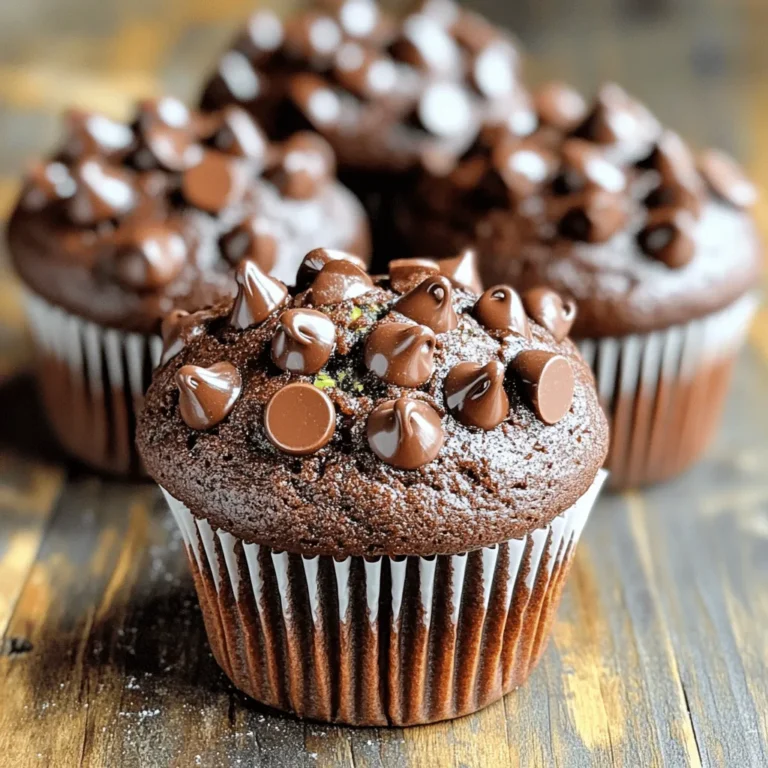 To create these rich and decadent zucchini chocolate muffins, gather the following items: - 1 cup grated zucchini (about 1 medium zucchini) - 1 cup all-purpose flour - 1/2 cup unsweetened cocoa powder - 1/2 teaspoon baking soda - 1 teaspoon baking powder - 1/4 teaspoon salt - 1/2 cup granulated sugar - 1/2 cup packed brown sugar - 1/2 cup vegetable oil (or melted coconut oil for a tropical flair) - 2 large eggs - 1 teaspoon pure vanilla extract - 1/2 cup semi-sweet chocolate chips (plus extra for garnish) You can swap some ingredients if you need to. Here are my top tips: - For a gluten-free option, use almond flour or a gluten-free flour blend. - Replace vegetable oil with applesauce to cut down on fat. - If you prefer a vegan version, substitute eggs with flaxseed meal or applesauce. - Use dark chocolate chips instead of semi-sweet for a richer taste. - You can mix in nuts or dried fruits for added texture and flavor. Choosing the best zucchini is key to your muffins. Here’s how to pick the freshest ones: - Look for firm zucchinis with smooth skin. - Avoid zucchinis that have soft spots or wrinkles. - Choose smaller zucchinis, as they tend to be sweeter and more tender. - Check for bright color, which indicates freshness. - Store zucchini in a cool, dry place or in the fridge for longer shelf life. Use these tips and ingredients to ensure your muffins turn out rich and decadent. For the complete guide on making these muffins, check the Full Recipe. First, preheat your oven to 350°F (175°C). This helps the muffins bake evenly. Next, grab a muffin tin. Line it with paper liners or spray it with nonstick spray. This keeps the muffins from sticking. In a medium bowl, mix the grated zucchini, granulated sugar, brown sugar, vegetable oil, eggs, and vanilla extract. Stir until smooth. Make sure there are no lumps. In a larger bowl, whisk together the flour, cocoa powder, baking soda, baking powder, and salt. This step is key for even baking. Now, pour the wet mix into the dry mix. Stir gently with a spatula. Don’t overmix. Some lumps are okay. Then, fold in the chocolate chips. Reserve a few chips for topping later. Using a spoon or cookie scoop, fill each muffin cup two-thirds full with batter. Top each muffin with the reserved chocolate chips. This gives your muffins a nice, chocolaty look. Place the muffin tin in the preheated oven. Bake for 18 to 20 minutes. The smell will be amazing! To check if the muffins are done, insert a toothpick into the center of a muffin. If it comes out clean or with a few moist crumbs, they are ready. If not, bake them for a few more minutes. After baking, let the muffins cool in the pan for 5 minutes. Then, move them to a wire rack to cool completely. This helps them stay moist and delicious. For the full recipe, check the earlier section! One common mistake is overmixing the batter. This can make your muffins tough. Mix just until the ingredients blend. Another mistake is not draining excess moisture from the zucchini. Too much moisture can lead to soggy muffins. Gently squeeze the grated zucchini in a clean cloth before adding it to the mix. To boost the flavor, use high-quality cocoa powder. It will make your muffins richer. Adding a pinch of cinnamon can also enhance the taste. Consider folding in nuts or dried fruit for texture. They add a nice crunch and a burst of flavor. If you like, swap the semi-sweet chocolate chips for dark chocolate for a deeper taste. Keeping your muffins moist is key to their success. Use oil instead of butter for a soft texture. Oil helps retain moisture better. You can also add a spoonful of yogurt or sour cream. These ingredients add extra moisture and a slight tang. Store the muffins in an airtight container. This keeps them fresh for longer. If you want to enjoy them warm, simply pop them in the microwave for a few seconds. Now that you have these tips, you can make your zucchini chocolate muffins even better! For the full recipe, check the earlier section. Enjoy your baking! {{image_4}} To make gluten-free zucchini chocolate muffins, replace all-purpose flour with gluten-free flour. You can use a blend made for baking, which often includes rice flour or almond flour. The muffins will still be moist and delicious. Adjust baking time slightly, as gluten-free flour can change the texture. Try adding a tablespoon of xanthan gum to help with structure. For vegan zucchini chocolate muffins, swap the eggs for flax eggs. Mix one tablespoon of ground flaxseed with three tablespoons of water. Let it sit for five minutes until it thickens. Use plant-based milk and a vegan oil, like coconut or canola oil. The muffins will be soft and rich, with no animal products. You can personalize these muffins with fun add-ins. Try adding chopped nuts, like walnuts or pecans, for a crunch. Dried fruit, like raisins or cranberries, adds sweetness. Want more chocolate? Add chocolate chunks instead of chips. For a hint of spice, mix in some cinnamon or espresso powder. Each change makes the muffins your own special treat. For the full recipe, you can refer to the earlier section. To keep your zucchini chocolate muffins fresh, store them in an airtight container. Placing a slice of bread in the container helps keep the muffins moist. You can store them at room temperature for up to three days. If you want to keep them longer, refrigeration is an option, but it may change the texture slightly. Freezing these muffins is a great way to save them for later. Let the muffins cool completely first. Wrap each muffin in plastic wrap and then place them in a freezer-safe bag. They can last up to three months in the freezer. When you're ready to enjoy one, simply take it out and let it thaw at room temperature. To reheat your muffins, you can use the microwave or the oven. For the microwave, place one muffin on a plate and heat it for about 15-20 seconds. If you prefer the oven, preheat it to 350°F (175°C) and heat the muffins for about 5-10 minutes. This helps bring back their warm, soft texture. Enjoy them fresh from the oven! Yes, you can make these muffins without eggs. You can use unsweetened applesauce or mashed bananas as a great substitute. For each egg, use 1/4 cup of applesauce or 1/2 ripe banana. This helps keep the muffins moist and adds a subtle sweetness. To prevent soggy muffins, make sure to squeeze out excess moisture from the zucchini. After grating, place the zucchini in a clean kitchen towel and twist to remove liquid. Also, don’t overmix the batter. Overmixing can lead to dense, soggy muffins. Leftover zucchini can be used in many ways. You can add it to salads for extra crunch. It also works well in stir-fries or as a healthy addition to soups. Another option is to spiralize it into noodles, which is a fun pasta alternative. For more ideas, check out the Full Recipe for inspiration. In this post, we explored the key ingredients and step-by-step instructions for making zucchini chocolate muffins. I shared tips on selecting fresh zucchini and avoiding common mistakes. You learned about variations, storage, and reheating methods to keep your muffins tasty. Baking can be fun and rewarding. With the right ingredients and techniques, you can create delicious treats that everyone will love. Enjoy your muffin-making journey!