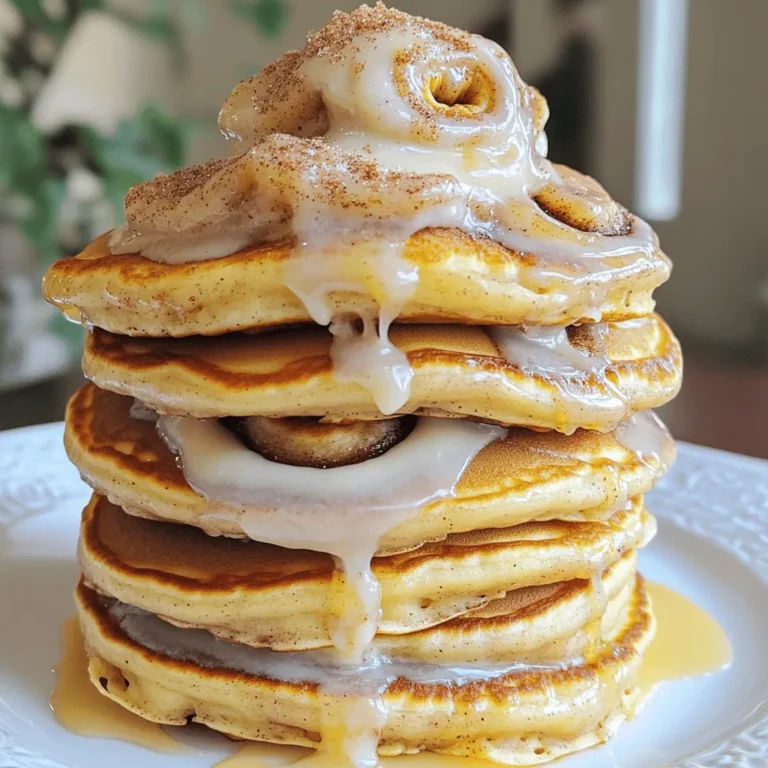 To make these delicious cinnamon roll pancakes, you'll need the following: - 1 cup all-purpose flour - 2 tablespoons granulated sugar - 2 teaspoons baking powder - 1/2 teaspoon baking soda - 1/4 teaspoon fine sea salt - 1 cup buttermilk, at room temperature - 1 large egg - 2 tablespoons unsalted butter, melted and cooled slightly - 1 teaspoon pure vanilla extract The cinnamon swirl adds a delightful twist. Gather these: - 1/4 cup packed light brown sugar - 1 tablespoon ground cinnamon - 2 tablespoons unsalted butter, softened to room temperature This glaze makes the pancakes even better. You will need: - 1/2 cup cream cheese, softened - 1/4 cup powdered sugar - 1 tablespoon milk, plus more as needed - 1/2 teaspoon pure vanilla extract These ingredients come together to create a warm, comforting dish that feels like a hug in the morning. When you follow the Full Recipe, you will see how easy it is to make these pancakes at home. Start by making the cinnamon swirl. In a small bowl, mix together the packed light brown sugar, ground cinnamon, and softened butter. Use a fork to blend until smooth and creamy. This should take about a minute. Set the mixture aside. Let it cool slightly so it firms up a bit. This helps the swirl hold its shape when you cook the pancakes. Next, prepare the pancake batter. In a large bowl, whisk together the all-purpose flour, granulated sugar, baking powder, baking soda, and fine sea salt. Mix these dry ingredients well. In another bowl, combine the buttermilk, large egg, melted butter, and vanilla extract. Stir these wet ingredients together. Pour the wet mix into the dry mix. Gently stir until just combined. Don’t worry if there are a few lumps. This batter is ready when it looks slightly lumpy. Now, it's time to cook! Preheat a non-stick skillet or griddle over medium heat. Lightly grease the surface with butter or a spray. For each pancake, pour about 1/4 cup of batter onto the skillet. Take a teaspoon of your cinnamon swirl mixture. Drizzle it over the batter in a spiral pattern. Use a toothpick or the back of a spoon to create the swirl. Cook until bubbles form on the surface, about 2 to 3 minutes. Then, flip the pancake and cook for another 1 to 2 minutes until golden brown. Repeat this process until all the batter is cooked. While the pancakes are cooking, let's make the cream cheese glaze. In a medium bowl, blend the softened cream cheese, powdered sugar, milk, and vanilla extract. You can use a hand mixer or a whisk. Mix until the glaze is smooth and creamy. If you want a thinner glaze, add a teaspoon of milk until you reach your desired consistency. When the pancakes are ready, stack them on a serving plate. Drizzle the cream cheese glaze generously over the top. Let the glaze run down the sides for a beautiful look. For extra flair, sprinkle some cinnamon sugar or finely chopped nuts on top. Fresh berries also add color and freshness. Enjoy your delightful cinnamon roll pancakes! For the full recipe, check out the earlier section. To get fluffy pancakes, mix your batter gently. Overmixing makes the pancakes tough. Aim for some lumps in your batter; they will go away when cooked. Use room temperature buttermilk for a lighter texture. It helps the pancakes rise well. When cooking, keep the heat medium. This ensures golden brown pancakes inside and out. If you want to switch up the flour, try whole wheat flour. It adds a nutty flavor and more fiber. You can also use almond flour for a gluten-free option. Just remember, almond flour can make pancakes a bit denser. Mixing different flours can give you unique textures and tastes. For the best swirl, use a toothpick or the back of a spoon. Right after pouring the batter, add a teaspoon of your cinnamon mixture. Swirl it gently to create a spiral pattern. Don’t mix it in fully; keep some of that cinnamon layer. This gives you that delicious cinnamon roll taste in each bite. Follow these tips for the perfect cinnamon roll pancakes! You can find the full recipe above. {{image_4}} You can make these pancakes even better! Adding chocolate chips or nuts can bring new flavors. For chocolate lovers, sprinkle a handful of mini chocolate chips into the batter. They melt nicely and add sweetness. If you like crunch, try adding chopped nuts, like pecans or walnuts. Mix them in just before you cook the pancakes. This adds a tasty twist to your cinnamon roll pancakes. Want to make a healthier version? You can swap some ingredients. Use whole wheat flour instead of all-purpose flour. This adds fiber and nutrients. You can also use almond milk or oat milk instead of buttermilk. If you want to cut sugar, try using honey or maple syrup in the batter. These changes keep the flavor but make the dish a bit lighter. Seasonal flavors can change your pancakes too. In fall, add pumpkin puree and a pinch of nutmeg for a warm taste. In winter, try adding crushed peppermint candies for a festive touch. During summer, mix in fresh berries like blueberries or strawberries. These add color and a burst of flavor. Each season brings new ideas to keep your pancakes exciting. For the full recipe and more tips, check out the [Full Recipe]. After making your cinnamon roll pancakes, you might have some left over. To store them properly, let the pancakes cool down to room temperature. Then, stack them with a piece of parchment paper in between each pancake. This will help prevent sticking. Place the stack in an airtight container. You can keep them in the fridge for up to three days. When you are ready to enjoy your leftover pancakes, you can easily reheat them. The microwave is the quickest way. Just place one pancake on a microwave-safe plate and heat it for about 15 to 30 seconds. If you want them to be crispy, use a skillet. Heat the skillet over medium heat and warm each pancake for about one minute on each side. This method keeps them fluffy and delicious. Freezing pancakes is a great way to keep them fresh longer. Once your pancakes are cool, stack them with parchment paper in between. Then, wrap the stack tightly in plastic wrap. Place the wrapped pancakes in a freezer-safe bag or container. You can freeze them for up to two months. When you're ready to eat them, thaw the pancakes in the fridge overnight. Then, use the reheating techniques to enjoy them warm. Yes, you can make these pancakes gluten-free. Use a gluten-free flour blend instead of all-purpose flour. Many blends work well, like almond or coconut flour. Just check the package for best results. Adjust the liquid if needed, since some gluten-free flours absorb more moisture. To get that perfect swirl, use a squeeze bottle or a piping bag. Fill it with the cinnamon swirl mixture. Gently squeeze it on top of the batter in a spiral. Start from the center and move outward. Practice makes it easier, so don’t worry if it’s not perfect at first! You can top your pancakes with many tasty options. Try maple syrup for a classic touch. Fresh fruit like strawberries or bananas adds color and flavor. Whipped cream or a sprinkle of nuts gives it a nice crunch. Get creative with toppings you love! Yes, you can prepare the batter ahead of time. Just mix the dry and wet ingredients separately. Combine them just before cooking. This way, your pancakes stay fluffy. If you make the batter the night before, store it in the fridge. Give it a good stir before cooking. Cinnamon roll pancakes are a fun twist on breakfast. We covered the key ingredients and detailed steps. You learned how to mix the swirl and batter, cook the pancakes, and prepare the glaze. I also shared tips for the perfect texture and creative variations. Don’t forget about storage options for leftovers. Enjoying these pancakes can become a delicious family tradition. Try them out and find your favorite flavors! They’re sure to make your mornings brighter!