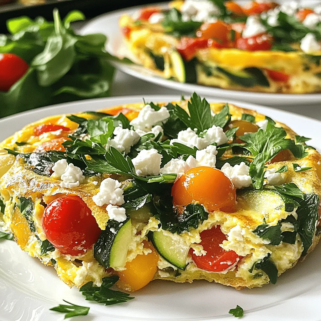 To make a tasty veggie frittata, you need these ingredients: - 6 large eggs - 1 cup fresh spinach, chopped - ½ bell pepper, diced (choose any color you prefer) - ½ cup cherry tomatoes, halved - ¼ cup onion, finely chopped - ½ cup zucchini, diced - 1 tablespoon extra virgin olive oil - ¼ cup feta cheese, crumbled - Salt and freshly ground black pepper to taste - Fresh herbs (such as parsley or basil) for garnish When shopping for vegetables, look for bright colors and firm textures. Choose spinach that has no yellow spots. The bell pepper should feel heavy for its size. For tomatoes, pick ones that are slightly soft but not mushy. Zucchini should have smooth skin and be free of blemishes. Fresh veggies add flavor and nutrients to your frittata. You can easily change the recipe to fit your needs. If you're dairy-free, skip the feta or use a plant-based option. For a vegan version, replace eggs with silken tofu or chickpea flour mixed with water. For gluten-free diets, this recipe is already safe. Feel free to add or swap in other veggies like mushrooms or kale. This allows you to customize the frittata to your taste. For the full recipe, check out the complete guide. First, preheat your oven to 375°F (190°C). This step is key to getting a nicely cooked frittata. While it warms, lightly grease a 9-inch skillet with cooking spray or a small drizzle of olive oil. This helps prevent sticking and makes for easy serving later. Next, grab a large bowl. Crack six eggs into the bowl and whisk them until smooth. This should take about a minute. Add a pinch of salt and some freshly ground black pepper to taste. Whisk again to mix in the seasonings, then set the bowl aside. This egg mixture will become fluffy and delicious when cooked. Now, it’s time to cook the veggies. Heat one tablespoon of extra virgin olive oil in your skillet over medium heat. Add the finely chopped onion and diced bell pepper. Sauté these for about 3 to 4 minutes. You want them to become soft and fragrant. Next, toss in the diced zucchini and halved cherry tomatoes. Keep cooking for another 2 to 3 minutes. The tomatoes should start to soften, adding a nice flavor. Finally, stir in the chopped spinach. Cook just until it wilts, which takes about 1 to 2 minutes. Once your veggies are ready, spread them evenly across the bottom of the skillet. Now, pour the whisked eggs over the top, making sure to cover all the vegetables. For added flavor, sprinkle some crumbled feta cheese on top of the egg mixture. You are now ready to bake your frittata! To get a great texture, use fresh eggs. Whisk them well. This helps create air pockets. Air pockets make the frittata fluffy. Don't skip the seasoning. Salt and pepper enhance the flavor. A touch of feta cheese adds creaminess. Use a non-stick skillet for easy release. Preheat your oven to 375°F (190°C). This ensures even cooking. Keep the heat on medium when sautéing veggies. This way, they soften but don’t brown too much. Pour in the egg mixture slowly, covering all veggies. This helps everything cook evenly. Serve frittata slices warm or at room temperature. Garnish with fresh herbs like parsley or basil. A side of mixed greens adds crunch and balance. You can drizzle olive oil on the greens for flavor. This dish pairs well with crusty bread or a light salad. For a twist, try serving it with salsa or hot sauce. For the full recipe, check out the details provided. {{image_4}} You can switch up the veggies in your frittata. Use what you have! Here are some great ideas: - Broccoli florets - Mushrooms, sliced - Asparagus, chopped - Carrots, grated - Kale, chopped Feel free to mix and match these options. Each choice brings unique flavors and textures to your frittata. For a fun twist, try adding roasted vegetables. They add depth and sweetness. Want to make your frittata more filling? You can add proteins or grains. Here are a few options: - Cooked chicken or turkey - Crumbled sausage or bacon - Black beans or lentils - Quinoa or cooked rice Adding these can turn your frittata into a complete meal. It’s perfect for brunch or a cozy dinner. Just remember to adjust cooking times to ensure everything is cooked well. Herbs and spices can make your frittata shine. Here are some great choices: - Basil for a fresh taste - Oregano for an Italian vibe - Cumin for warmth - Paprika for smokiness You can also use fresh herbs as a garnish. Try parsley or chives for a pop of color. This extra touch makes your frittata look appealing. For a special kick, add a dash of hot sauce before serving. It’s all about making it yours! For the complete guide, check out the Full Recipe. After enjoying your veggie frittata, store any leftovers in an airtight container. This helps keep it fresh. You can place the frittata in the fridge for up to four days. Make sure the frittata cools to room temperature before sealing it. This prevents moisture from building up inside the container. For the best taste, reheat your frittata in the oven. Preheat your oven to 350°F (175°C). Place the frittata slice on a baking sheet and cover it with foil. Heat for about 10-15 minutes until warm. If you're in a hurry, you can use the microwave. Heat it in short bursts of 30 seconds until warm. If you want to save the frittata for later, freezing is a great option. First, let the frittata cool completely. Then, cut it into slices. Wrap each slice tightly in plastic wrap. Place the wrapped slices in a freezer-safe bag or container. This keeps them fresh for up to three months. When you're ready to eat, thaw in the fridge overnight and reheat as mentioned above. For the full recipe, refer to the section above. A veggie frittata lasts about 3 to 4 days in the fridge. To keep it fresh, store it in an airtight container. You can also cover it tightly with plastic wrap. This helps maintain moisture and flavor. Always check for any signs of spoilage before eating. Yes, you can make a veggie frittata ahead of time. It’s perfect for meal prep. You can bake it, cool it, and store it in the fridge. Just reheat it when you're ready to eat. It also tastes great cold, making it a good option for lunches. You can serve a veggie frittata with many sides. Here are some ideas: - Mixed greens salad with a light vinaigrette - Toasted bread or bagels - Sliced avocado for creaminess - Fresh fruit for a sweet touch - Hummus or tzatziki for dipping These sides add variety and balance to the meal. Enjoy your frittata with your favorite pairings! For the full recipe, check out the Garden Delight Veggie Frittata. Making a veggie frittata is simple and fun. We covered key ingredients, how to select fresh veggies, and substitutions for diets. The step-by-step guide showed you how to cook and get the perfect texture. We also explored fun variations and storage tips. A frittata is a great meal you can enjoy any time. Plan your ingredients and take your time cooking. You’ll end up with a dish everyone will love. Enjoy your frittata adventure!