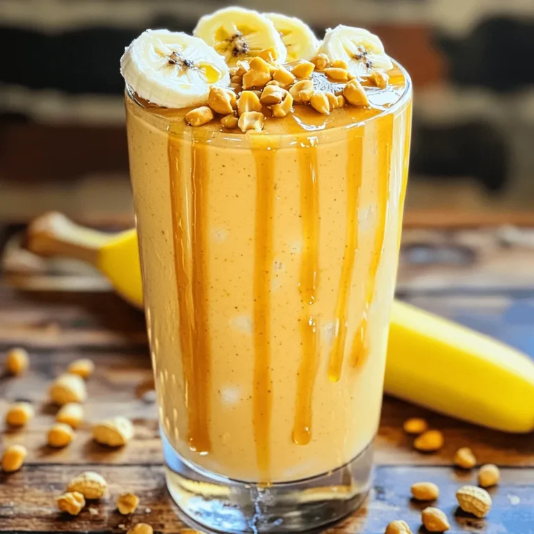 To make a Peanut Butter Banana Smoothie, you need a few simple ingredients. Here’s what you'll need: - Ripe banana - Creamy peanut butter - Almond milk (or milk alternative) - Honey or maple syrup (optional) - Vanilla extract - Greek yogurt (optional) - Ice cubes - Garnishes (chopped peanuts and banana slices) Each ingredient plays an important role in creating a tasty smoothie. The ripe banana adds natural sweetness and creaminess. Creamy peanut butter gives a rich nutty flavor and healthy fats. Almond milk keeps it light and smooth. If you want a sweeter drink, add honey or maple syrup. A splash of vanilla extract enhances the flavor. Greek yogurt makes the smoothie extra creamy and adds protein. Ice cubes chill the drink and give it a refreshing texture. Finally, garnishing with chopped peanuts and banana slices makes it look pretty. For the full recipe, check out the detailed instructions below! - Preparing the Ingredients Start by gathering your ingredients. You need one ripe banana, two tablespoons of creamy peanut butter, and one cup of almond milk. Add a tablespoon of honey or maple syrup if you want sweetness. Don’t forget the half teaspoon of vanilla extract and the optional Greek yogurt for creaminess. Lastly, grab some ice cubes. - Blending the Smoothie Place the sliced banana, peanut butter, almond milk, honey, vanilla extract, and Greek yogurt into the blender. Toss in the ice cubes for a chill. Blend everything on high speed until it's smooth and creamy. Stop to scrape down the sides if needed. - Adjusting Sweetness After blending, taste your smoothie. If you want it sweeter, add more honey or maple syrup. Blend again for a few seconds to mix it well. - Pouring into Glasses Carefully pour the smoothie into two glasses. Make sure to serve it right away for the best taste. - Garnishing Options For a fun touch, garnish each glass with chopped peanuts and banana slices. It adds a nice look and extra flavor. Enjoy your tasty Peanut Butter Banana Smoothie! For the full recipe, check out Nutty Banana Bliss Smoothie 🥜. Blending Techniques To get that smooth texture, start with your liquids first. Pour in the almond milk. Then, add the banana and peanut butter. This order helps blend better. Blend on high until it’s creamy. If you notice lumps, stop and scrape the sides of the blender. Blend again until smooth. Ice Considerations Ice adds chill and thickness. Use a handful of ice cubes for a cold drink. If you prefer a thicker smoothie, add more ice. Just remember, too much ice can make it watery. Adding More Nut Butter Want a stronger nutty taste? Add more peanut butter. Just one extra tablespoon can elevate the flavor. It also boosts the creaminess. If you want variety, try almond or cashew butter. Incorporating Spices Spices can make your smoothie pop. A pinch of cinnamon adds warmth and depth. You could also try nutmeg or even cocoa powder for a chocolatey twist. Experiment with what you like. Health Advantages of Ingredients Each ingredient brings benefits. Bananas provide potassium, which helps with muscle function. Peanut butter offers healthy fats and protein. Almond milk is low in calories, and Greek yogurt adds probiotics for gut health. Protein Boost with Greek Yogurt Adding Greek yogurt increases protein content. This helps keep you full longer. If you want a thicker texture, Greek yogurt is perfect. It makes your smoothie creamy and delicious, while also being nutritious. For the full recipe, check the previous section. {{image_4}} If you want a dairy-free smoothie, almond milk works great. You can also try oat milk or coconut milk. Each one adds a unique flavor. They help keep the smoothie creamy and smooth. For a dairy-free yogurt option, use coconut yogurt. It gives a nice texture and taste. You can also skip yogurt if you prefer. The smoothie will still taste amazing! Adding spinach or kale boosts your smoothie’s nutrients. Just a handful blends right in. You won’t even taste it! This is a smart way to add vitamins without changing the flavor. You can add protein powder to keep you full longer. Flaxseeds or chia seeds are also great choices. They add healthy fats and fiber. Just mix them in with the other ingredients. For a sweet twist, add cocoa powder to the mix. It creates a chocolate peanut butter delight. This combination satisfies your chocolate cravings! Try adding berries like strawberries or blueberries. They add a fruity flavor and bright color. It’s a fun way to switch up your smoothie while keeping it healthy. For the full recipe, check out Nutty Banana Bliss Smoothie. - Refrigeration Tips: If you have leftover smoothie, store it in a sealed jar. It stays good for up to 24 hours in the fridge. Give it a shake before drinking. This helps mix any settled ingredients. - Freezing for Later Use: For longer storage, freeze the smoothie. Pour it into ice cube trays or freezer-safe bags. This way, you can blend it again later. Smoothies can last up to three months in the freezer. - Keeping Bananas Fresh: To keep bananas fresh, store them at room temperature. Avoid putting them in the fridge until they are very ripe. If you want to slow down ripening, separate them. This helps prolong their life. - Storing Peanut Butter: Store peanut butter in a cool, dry place. If you buy natural peanut butter, keep it in the fridge to prevent spoilage. Stir well before using, as oil may separate. How long can I store a Peanut Butter Banana Smoothie? You can store your smoothie in the fridge for up to 24 hours. After that, it may lose its creamy texture. For best taste, drink it fresh. Can I use frozen bananas for this recipe? Yes, frozen bananas work great! They make your smoothie colder and creamier. Just blend them straight from the freezer. What can I substitute for almond milk in this smoothie? You can use any milk you like. Options include cow's milk, soy milk, or oat milk. Each will give a slightly different flavor. Is this smoothie healthy for weight loss? Yes, this smoothie can be part of a weight loss plan. It's full of protein and healthy fats. These keep you full longer and help curb cravings. How much protein is in a Peanut Butter Banana Smoothie? A typical serving contains about 15 grams of protein. This comes from the peanut butter and Greek yogurt, which are great sources. What is the full recipe for Nutty Banana Bliss Smoothie? The full recipe for Nutty Banana Bliss Smoothie includes: - 1 ripe banana, sliced - 2 tablespoons creamy peanut butter - 1 cup almond milk (or any milk of your choice) - 1 tablespoon honey or maple syrup (optional for added sweetness) - 1/2 teaspoon vanilla extract - 1/2 cup Greek yogurt (optional, adds creaminess) - A handful of ice cubes - Chopped peanuts and banana slices for garnish This recipe is simple and quick. It takes just 5 minutes to make! In this blog post, we explored how to make a delicious Peanut Butter Banana Smoothie. You learned about the key ingredients, step-by-step mixing instructions, and tips for creating the perfect texture. We also reviewed variations and storage tips to keep smoothies fresh. Remember, this smoothie offers health benefits and can be adjusted to fit your taste. Try different flavors or add-ins to make it your own. Enjoy crafting a nutritious treat that fuels your day!
