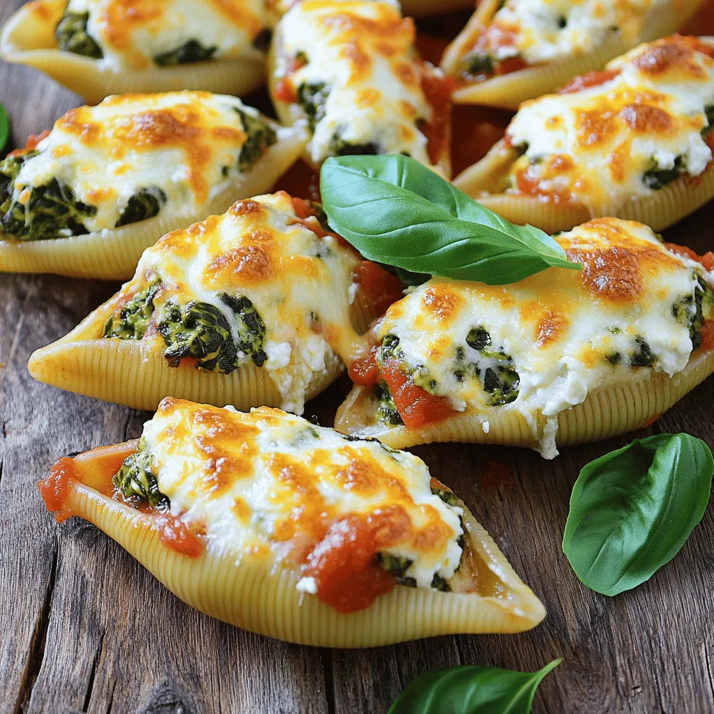 For Cheesy Spinach Stuffed Shells, gather these tasty ingredients: - 20 jumbo pasta shells - 2 cups fresh spinach, finely chopped - 1 cup creamy ricotta cheese - 1 cup shredded mozzarella cheese (divided) - 1/2 cup freshly grated Parmesan cheese - 1 large egg - 1 teaspoon garlic powder - 1 teaspoon onion powder - Sea salt and freshly cracked black pepper to taste - 2 cups rich marinara sauce - Fresh basil leaves for garnish These ingredients blend well to create a rich and cheesy filling. The spinach adds color and nutrition, while the cheeses provide a creamy texture. The spices like garlic and onion powder enhance the flavors. Using fresh basil as a garnish makes the dish look beautiful and bright. For the complete recipe and instructions, check the Full Recipe. First, we need to get the oven ready. Preheat it to 375°F (190°C). This step ensures your stuffed shells cook evenly. Next, take a large pot and fill it with salted water. Bring the water to a boil. Add the jumbo pasta shells and cook them until they are al dente. Follow the package instructions for the right time. Once done, drain the shells and let them cool for a bit. Now, let’s make the filling. In a mixing bowl, combine the finely chopped spinach, ricotta cheese, half of the shredded mozzarella cheese, grated Parmesan cheese, the large egg, garlic powder, onion powder, and a pinch of salt and pepper. Stir this mixture until it is smooth and creamy. Now for the fun part—filling the pasta shells! Use a spoon or a piping bag to fill each shell with the cheesy spinach mixture. Pack it in gently, but make sure it’s full. Grab a large baking dish. Spread half of the marinara sauce evenly at the bottom. This creates a tasty base. Carefully place the filled shells in a single layer over the sauce. Make sure they don’t touch to cook evenly. Once they are all lined up, pour the rest of the marinara sauce over the shells. Finally, sprinkle the remaining mozzarella cheese on top. This will give it a gooey finish. Cover the baking dish with aluminum foil. This helps keep the cheese from burning. Bake in the preheated oven for 20 minutes. After that, take off the foil and bake for another 10 minutes. You want the cheese to bubble and turn a lovely golden brown. When it’s ready, take the dish out of the oven. Let it cool for a few minutes. Just before serving, add fresh basil leaves on top for color and flavor. For the full recipe, check out the complete instructions provided. To avoid tearing the shells, cook them just until al dente. This keeps them firm. After cooking, let them cool slightly before you fill them. For easy filling, use a spoon or a piping bag. This way, you can pack the filling in gently without breaking the shells. To boost flavor, add spices like Italian seasoning or red pepper flakes. Fresh herbs like parsley or basil also work well. If you want a twist, try different cheeses. Cottage cheese or goat cheese can add a new taste to the dish. Bake the stuffed shells at 375°F (190°C). This temperature helps melt the cheese without burning it. If you want to make this dish ahead, you can freeze it before baking. Just remember to cover it well. When ready, bake it straight from the freezer, adding extra time to the cooking. {{image_4}} You can change up the filling to match your taste. Add ground meat like chicken or turkey for a heartier dish. If you prefer veggies, consider mushrooms or bell peppers for more flavor. For a vegan twist, swap the ricotta cheese for a mix of blended tofu and nutritional yeast. This keeps the creamy texture while adding great taste. The sauce can transform this dish. Instead of marinara, try pesto for a fresh burst of flavor. You can also make a creamy sauce with Alfredo or a white sauce. These options create a rich, comforting meal. Tomato-based sauces work well, but creamy sauces add a nice twist. For sides, a fresh salad pairs well with these cheesy stuffed shells. You might also enjoy garlic bread to soak up all that sauce. When plating, use a large dish and pour extra marinara on top. Garnish with fresh basil leaves for a pop of color. This makes your meal look as good as it tastes! To store leftovers, place them in an airtight container. Make sure the shells are cool before sealing. Store the container in the refrigerator. They will last up to three days. For freezing, transfer the stuffed shells to a freezer-safe dish. Cover them tightly with plastic wrap and foil. They can freeze for up to three months. This way, you can enjoy them later! When reheating, use the oven for the best results. Preheat your oven to 350°F (175°C). Place the stuffed shells in a baking dish. Add a splash of marinara sauce to keep them moist. Cover with foil and heat for about 20 minutes. If using a microwave, heat them in 1-minute intervals. Check to ensure they are hot throughout. This helps maintain the texture and flavor. The typical shelf life for cooked cheesy spinach stuffed shells is three to five days in the fridge. Always check for signs of spoilage. If you see any mold or if they smell off, throw them away. Freshness is key for great taste. Enjoy your delicious meal while it's at its best! For the Full Recipe, visit the recipe section above. Yes, you can use regular pasta shells. However, they may hold less filling. Jumbo shells give you more room for the cheesy goodness. If using regular shells, be gentle when filling them to prevent tearing. To stop the filling from leaking, pack it tightly into the shells. Also, do not overfill them. Make sure to cover the dish with foil while baking to keep moisture in. This will help the filling stay put. Yes, you can prepare the stuffed shells in advance. Assemble them and store in the fridge for up to a day. When you're ready to bake, just add a few extra minutes to the cooking time if they are cold. You can use cottage cheese or cream cheese as a substitute for ricotta. Both options provide a creamy texture. You can also try vegan cream cheese if you prefer a dairy-free option. To make this dish gluten-free, use gluten-free pasta shells. There are many brands available now that taste great. Just check the package and follow the cooking instructions carefully. In this article, I shared a detailed guide on making stuffed pasta shells. We covered ingredients, preparation steps, and baking methods. I offered tips for perfect shells and suggested variations to suit your taste. Remember, the key to great stuffed shells is the right balance of flavors and textures. Enjoy experimenting with your creations, and don't hesitate to make it your own. Happy cooking!