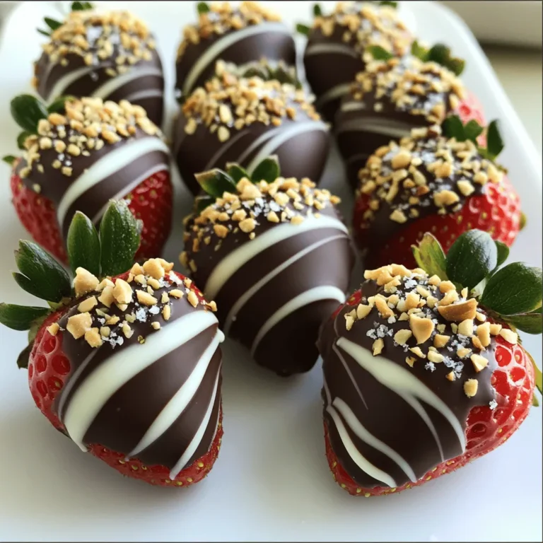 For this recipe, you need fresh strawberries. Choose ripe, bright red ones. Look for firm berries with green leaves. This will give you the best flavor. Rinse them well under cold water. Then, dry them completely with a paper towel. Moisture will stop the chocolate from sticking well. You will use two types of chocolate: dark and white. Dark chocolate gives a rich flavor. I recommend chocolate with at least 70% cocoa. This makes it less sweet and more intense. For the white chocolate, choose a good quality brand. The sweetness of white chocolate pairs well with the tartness of strawberries. You will also need coconut oil. It helps the chocolate melt smoothly. Just one tablespoon is enough. Sea salt or crushed nuts make great toppings. They add flavor and crunch. These small details make your bites look beautiful and taste amazing. This simple mix of fresh strawberries, quality chocolate, and a few extras makes the perfect treat. For the full recipe, check out the detailed instructions above. First, rinse one pound of fresh strawberries under cold water. Make sure to wash them gently. Then, pat them dry with a paper towel. This step is very important. If your strawberries are wet, the chocolate will not stick well. You want the strawberries to be completely dry before dipping. Now, take eight ounces of dark chocolate and chop it into small pieces. Place the chopped chocolate in a microwave-safe bowl. Add one tablespoon of coconut oil to help it melt smoothly. Microwave the bowl on high in 30-second bursts. Stir the mixture between each burst. Keep going until the chocolate is fully melted and smooth. Be careful not to overheat it. Hold each strawberry by the stem and dip it into the warm dark chocolate. Swirl it around to coat it well. Let any extra chocolate drip off. Place the dipped strawberry on a baking sheet lined with parchment paper. Make sure to space them out to avoid sticking. After all strawberries are dipped, melt four ounces of white chocolate the same way. Pour it into a piping bag or a small sandwich bag. Cut a small corner off. Drizzle the white chocolate over the dark chocolate layer in a fun zigzag pattern. While the chocolate is still wet, sprinkle a little sea salt or crushed nuts on top. This adds a nice crunch and flavor. Now, carefully put the baking sheet in the refrigerator. Let the chocolate set for about 30 minutes. It should feel firm when you touch it. Once set, serve these chocolate-covered strawberry bites on a nice platter. Enjoy this delicious treat! For the full recipe, check out the details above. To get the best chocolate-covered strawberries, start with dry berries. Any water can ruin the chocolate coating. Hold the strawberry by its green stem. Dip it slowly into the melted chocolate. Twirl it gently to coat evenly. Let excess chocolate drip off before placing it on parchment paper. This method helps you avoid clumps and ensures a smooth finish. One common mistake is overheating the chocolate. Heat it in short bursts, stirring often. If the chocolate seizes up, add a tiny bit of coconut oil to fix it. Also, do not crowd the dipped strawberries on the tray. Give them space to set without sticking together. Lastly, remember to sprinkle toppings right after drizzling the white chocolate. This way, they stick well. For a beautiful display, use a nice platter. Arrange the strawberries in a circle or line. Drizzle extra melted white chocolate over them for flair. Add a few whole strawberries around the edges for color. If you used nuts, sprinkle some on the platter for a rustic look. This simple touch can impress your guests and make the treat even more inviting. For the full recipe, check out the detailed steps above. {{image_4}} You can use many types of chocolate for your bites. Dark chocolate is rich and bold. Milk chocolate gives a sweeter touch. White chocolate adds a creamy finish. You can even mix chocolates for a fun look. Try using flavored chocolates, like mint or orange, to add a twist. Each choice changes the flavor and look of your treats. Toppings can make your strawberry bites more exciting. You can sprinkle crushed nuts or sea salt for crunch. Try adding colorful sprinkles for a fun touch. Shredded coconut adds a tropical taste. You can even use crushed cookies, like Oreos, for a unique flavor. Get creative and mix your favorite toppings to make your bites special! Infusing flavors into your chocolate is a great way to change things up. Add a few drops of vanilla or peppermint extract to the melted chocolate. You can also use citrus zest, like orange or lemon, for a fresh twist. Experiment with spices like cinnamon or chili powder for a surprising kick. These infusions make every bite a fun and tasty adventure! For the full recipe of Chocolate-Covered Strawberry Bites, check out the detailed instructions! To keep your chocolate-covered strawberry bites fresh, store them in an airtight container. Place parchment paper between layers to avoid sticking. Make sure the container is in the fridge. This helps keep the strawberries firm and the chocolate shiny. When stored properly in the fridge, these treats last about 2 to 3 days. After that, strawberries may lose their freshness. Always check them for mold or any signs of spoilage before enjoying. You can freeze chocolate-covered strawberries for later use. First, let them set in the fridge. Once firm, place them on a baking sheet and freeze until solid. Then transfer them to a freezer-safe bag. They can last up to 2 months in the freezer. When you’re ready to enjoy, let them thaw in the fridge for a few hours. To make chocolate-covered strawberries, start by washing and drying fresh strawberries. You need 1 pound of strawberries for this. Next, melt 8 ounces of dark chocolate in a bowl with 1 tablespoon of coconut oil. Dip each strawberry into the chocolate and let it drip. Place them on a baking sheet lined with parchment paper. Drizzle 4 ounces of melted white chocolate over them for flair. Finally, chill the strawberries in the fridge for about 30 minutes to set. You can find the full recipe above for more details. Yes, you can use milk chocolate instead of dark chocolate. Milk chocolate has a creamier taste and is sweeter. This can make your bites more appealing to kids or those who prefer a sweeter flavor. Keep in mind that the chocolate may not set as firm as dark chocolate. For a healthier option, consider using dark chocolate with a higher cocoa percentage. You can also use sugar-free chocolate chips. Another idea is to dip strawberries in yogurt instead of chocolate. Greek yogurt can add protein and creaminess without all the sugar. You can find pre-made chocolate-covered strawberry bites at many grocery stores, specialty shops, and online. Look for them in the dessert section of your local store. Online retailers like Amazon also offer a variety of options. You can even check local chocolatiers for fresh, gourmet choices. You learned how to create delicious chocolate-covered strawberries. We discussed choosing fresh strawberries, types of chocolate, and other add-ins. I gave you step-by-step instructions, along with tips to avoid mistakes. You also discovered fun variations and best practices for storing your treats. Enjoying this tasty snack is easy and fun. With these tips, you can impress anyone with your treats. Now, get started and enjoy your chocolate-covered strawberries!