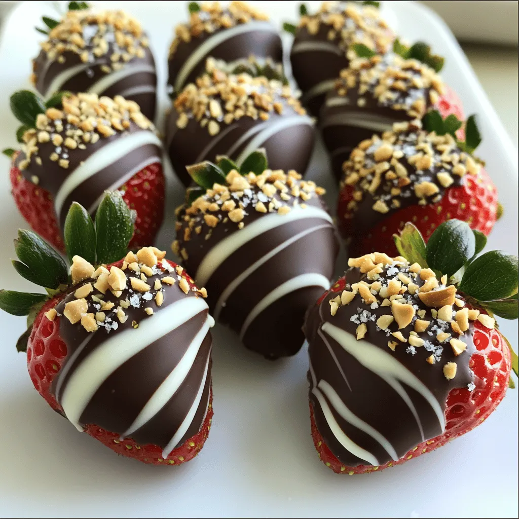 For this recipe, you need fresh strawberries. Choose ripe, bright red ones. Look for firm berries with green leaves. This will give you the best flavor. Rinse them well under cold water. Then, dry them completely with a paper towel. Moisture will stop the chocolate from sticking well. You will use two types of chocolate: dark and white. Dark chocolate gives a rich flavor. I recommend chocolate with at least 70% cocoa. This makes it less sweet and more intense. For the white chocolate, choose a good quality brand. The sweetness of white chocolate pairs well with the tartness of strawberries. You will also need coconut oil. It helps the chocolate melt smoothly. Just one tablespoon is enough. Sea salt or crushed nuts make great toppings. They add flavor and crunch. These small details make your bites look beautiful and taste amazing. This simple mix of fresh strawberries, quality chocolate, and a few extras makes the perfect treat. For the full recipe, check out the detailed instructions above. First, rinse one pound of fresh strawberries under cold water. Make sure to wash them gently. Then, pat them dry with a paper towel. This step is very important. If your strawberries are wet, the chocolate will not stick well. You want the strawberries to be completely dry before dipping. Now, take eight ounces of dark chocolate and chop it into small pieces. Place the chopped chocolate in a microwave-safe bowl. Add one tablespoon of coconut oil to help it melt smoothly. Microwave the bowl on high in 30-second bursts. Stir the mixture between each burst. Keep going until the chocolate is fully melted and smooth. Be careful not to overheat it. Hold each strawberry by the stem and dip it into the warm dark chocolate. Swirl it around to coat it well. Let any extra chocolate drip off. Place the dipped strawberry on a baking sheet lined with parchment paper. Make sure to space them out to avoid sticking. After all strawberries are dipped, melt four ounces of white chocolate the same way. Pour it into a piping bag or a small sandwich bag. Cut a small corner off. Drizzle the white chocolate over the dark chocolate layer in a fun zigzag pattern. While the chocolate is still wet, sprinkle a little sea salt or crushed nuts on top. This adds a nice crunch and flavor. Now, carefully put the baking sheet in the refrigerator. Let the chocolate set for about 30 minutes. It should feel firm when you touch it. Once set, serve these chocolate-covered strawberry bites on a nice platter. Enjoy this delicious treat! For the full recipe, check out the details above. To get the best chocolate-covered strawberries, start with dry berries. Any water can ruin the chocolate coating. Hold the strawberry by its green stem. Dip it slowly into the melted chocolate. Twirl it gently to coat evenly. Let excess chocolate drip off before placing it on parchment paper. This method helps you avoid clumps and ensures a smooth finish. One common mistake is overheating the chocolate. Heat it in short bursts, stirring often. If the chocolate seizes up, add a tiny bit of coconut oil to fix it. Also, do not crowd the dipped strawberries on the tray. Give them space to set without sticking together. Lastly, remember to sprinkle toppings right after drizzling the white chocolate. This way, they stick well. For a beautiful display, use a nice platter. Arrange the strawberries in a circle or line. Drizzle extra melted white chocolate over them for flair. Add a few whole strawberries around the edges for color. If you used nuts, sprinkle some on the platter for a rustic look. This simple touch can impress your guests and make the treat even more inviting. For the full recipe, check out the detailed steps above. {{image_4}} You can use many types of chocolate for your bites. Dark chocolate is rich and bold. Milk chocolate gives a sweeter touch. White chocolate adds a creamy finish. You can even mix chocolates for a fun look. Try using flavored chocolates, like mint or orange, to add a twist. Each choice changes the flavor and look of your treats. Toppings can make your strawberry bites more exciting. You can sprinkle crushed nuts or sea salt for crunch. Try adding colorful sprinkles for a fun touch. Shredded coconut adds a tropical taste. You can even use crushed cookies, like Oreos, for a unique flavor. Get creative and mix your favorite toppings to make your bites special! Infusing flavors into your chocolate is a great way to change things up. Add a few drops of vanilla or peppermint extract to the melted chocolate. You can also use citrus zest, like orange or lemon, for a fresh twist. Experiment with spices like cinnamon or chili powder for a surprising kick. These infusions make every bite a fun and tasty adventure! For the full recipe of Chocolate-Covered Strawberry Bites, check out the detailed instructions! To keep your chocolate-covered strawberry bites fresh, store them in an airtight container. Place parchment paper between layers to avoid sticking. Make sure the container is in the fridge. This helps keep the strawberries firm and the chocolate shiny. When stored properly in the fridge, these treats last about 2 to 3 days. After that, strawberries may lose their freshness. Always check them for mold or any signs of spoilage before enjoying. You can freeze chocolate-covered strawberries for later use. First, let them set in the fridge. Once firm, place them on a baking sheet and freeze until solid. Then transfer them to a freezer-safe bag. They can last up to 2 months in the freezer. When you’re ready to enjoy, let them thaw in the fridge for a few hours. To make chocolate-covered strawberries, start by washing and drying fresh strawberries. You need 1 pound of strawberries for this. Next, melt 8 ounces of dark chocolate in a bowl with 1 tablespoon of coconut oil. Dip each strawberry into the chocolate and let it drip. Place them on a baking sheet lined with parchment paper. Drizzle 4 ounces of melted white chocolate over them for flair. Finally, chill the strawberries in the fridge for about 30 minutes to set. You can find the full recipe above for more details. Yes, you can use milk chocolate instead of dark chocolate. Milk chocolate has a creamier taste and is sweeter. This can make your bites more appealing to kids or those who prefer a sweeter flavor. Keep in mind that the chocolate may not set as firm as dark chocolate. For a healthier option, consider using dark chocolate with a higher cocoa percentage. You can also use sugar-free chocolate chips. Another idea is to dip strawberries in yogurt instead of chocolate. Greek yogurt can add protein and creaminess without all the sugar. You can find pre-made chocolate-covered strawberry bites at many grocery stores, specialty shops, and online. Look for them in the dessert section of your local store. Online retailers like Amazon also offer a variety of options. You can even check local chocolatiers for fresh, gourmet choices. You learned how to create delicious chocolate-covered strawberries. We discussed choosing fresh strawberries, types of chocolate, and other add-ins. I gave you step-by-step instructions, along with tips to avoid mistakes. You also discovered fun variations and best practices for storing your treats. Enjoying this tasty snack is easy and fun. With these tips, you can impress anyone with your treats. Now, get started and enjoy your chocolate-covered strawberries!