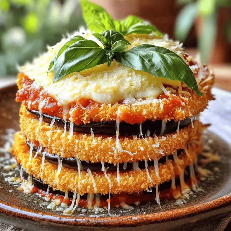 To make a tasty Eggplant Parmesan Bake, gather these ingredients: - 2 medium eggplants, sliced into 1/4-inch thick rounds - 3 cups marinara sauce (homemade or your favorite store-bought) - 2 cups shredded mozzarella cheese - 1 cup grated Parmesan cheese - 2 cups all-purpose flour - 1 cup Italian-style breadcrumbs - 3 large eggs, beaten until smooth - 1 tablespoon dried oregano - 1 tablespoon fresh basil, finely chopped (or 1 teaspoon dried basil) - Salt and freshly ground black pepper to taste - Olive oil for drizzling and brushing Each serving of Eggplant Parmesan Bake offers a great mix of nutrients. Here's a quick look at what you get: - Calories: Approximately 350-400 - Protein: 15-20 grams - Carbohydrates: 30-35 grams - Fat: 20-25 grams - Fiber: 4-5 grams This dish provides a hearty meal. It is filling and satisfying. When picking eggplants for your dish, keep these tips in mind: - Choose eggplants that feel heavy for their size. - Look for smooth, shiny skin without blemishes or soft spots. - Check the stem; it should be green and fresh, not brown or dried out. - Gently press the skin; it should spring back quickly without leaving a dent. Fresh eggplants will enhance the flavor of your Eggplant Parmesan Bake. They will also add better texture to your dish. For the full recipe, follow the steps outlined above! To start, slice your eggplants into 1/4-inch thick rounds. Lay them in a colander and sprinkle salt generously over them. This step is key. The salt draws out moisture and bitterness. Let the eggplants sit for about 30 minutes. Afterward, rinse them under cold water. Gently pat them dry with paper towels. This makes the eggplants ready for breading. Next, set up your breading station. Use three bowls. In the first bowl, add flour. In the second bowl, beat the eggs until smooth. In the third bowl, mix breadcrumbs with dried oregano, chopped basil, salt, and pepper. This mix enhances flavor. Now, take each eggplant slice. Dip it first in flour, shaking off the extra. Then, coat it in the beaten egg. Finally, press it into the breadcrumb mix. Make sure to get a good coating on both sides. This process will give you that crunchy texture. In a large skillet, heat a drizzle of olive oil over medium heat. When the oil shimmers, add the breaded eggplant slices. Do this in batches to avoid overcrowding. Cook each side for about 3-4 minutes, or until golden brown. After cooking, transfer them to a plate lined with paper towels. Now for the fun part: layering! Grab a 9x13 inch baking dish. Start by spreading a thin layer of marinara sauce on the bottom. Place half of the cooked eggplant slices on top. Then, spread half of the remaining marinara sauce. Follow this with half of the mozzarella cheese and half of the Parmesan cheese. Repeat this layering until all ingredients are used. Cover the dish with aluminum foil, ensuring it does not touch the cheese. Bake in a preheated oven at 375°F (190°C) for 30 minutes. Remove the foil and bake for another 15-20 minutes. The cheese should be bubbling and golden. Once done, cool the eggplant bake for about 10 minutes before slicing. Enjoy your Eggplant Parmesan Bake! For the complete recipe, check the Full Recipe section. To make the best breaded eggplant, start with fresh eggplants. Choose ones that feel firm and heavy. Look for smooth skin with no blemishes. Before cooking, slice the eggplants and sprinkle them with salt. This step removes extra moisture and bitterness. Let them sit for about 30 minutes. Rinse and dry them well. This simple method helps them fry crisp. When breading, set up three bowls: one with flour, one with beaten eggs, and the last with seasoned breadcrumbs. Dip each slice first in flour, then in egg, and finally in breadcrumbs. Press the breadcrumbs firmly for a good coat. Cook them in hot oil until golden brown. This will give you a crunchy texture and rich flavor. Melted cheese is key to a great Eggplant Parmesan Bake. Use a mix of mozzarella and Parmesan for best results. Shred the cheese yourself for a creamier melt. Pre-grated cheese often has additives that prevent smooth melting. Layer the cheese evenly in your dish. Cover the baking dish with foil for the first half of baking. This keeps the moisture in and melts the cheese evenly. Remove the foil later to let the cheese brown. Bake until it bubbles and turns golden. This creates a delicious, gooey topping that everyone loves. When serving Eggplant Parmesan Bake, presentation matters. Cut neat slices and place them on white plates. This contrast highlights the rich colors of the dish. Garnish with fresh basil and a sprinkle of Parmesan. Pair it with a simple green salad or garlic bread. A light red wine enhances the flavors. You can also serve it with pasta for a hearty meal. This dish is great for family dinners or gatherings. It is sure to impress everyone at your table. For more inspiration, check out the Full Recipe! {{image_4}} You can easily make Eggplant Parmesan Bake vegetarian and vegan. For a vegetarian option, simply use eggs as usual in the breading process. To make it vegan, replace the eggs with a mixture of plant-based milk and ground flaxseed. This swap binds the breadcrumbs just as well. Use vegan mozzarella and Parmesan cheese to keep the dish dairy-free. You still get all the rich flavors without any animal products. If you need a gluten-free version, you can swap out the all-purpose flour and breadcrumbs. Use gluten-free flour and gluten-free breadcrumbs instead. Many brands offer these options, making it easy to find. Ensure that your marinara sauce is also gluten-free. This way, you can enjoy a classic dish while sticking to your dietary needs. You can mix things up with ingredient substitutions. For example, try using eggplant and zucchini for a different veggie twist. Swap marinara sauce for pesto for a fresh, herby taste. You can also change up the cheese. Using gouda or provolone adds a smoky flavor. Don't hesitate to play with herbs, too. Adding thyme or rosemary gives the dish a unique scent and taste. These small changes can create a whole new experience with Eggplant Parmesan Bake. For more ideas, check out the Full Recipe. To store your Eggplant Parmesan Bake, let it cool first. Use an airtight container. Place layers of parchment paper between slices to keep them from sticking. Store it in the fridge for up to four days. When you are ready to enjoy your leftovers, preheat your oven to 350°F (175°C). Place the bake in an oven-safe dish. Cover it with foil to prevent drying out. Heat for about 20 minutes or until warm. If you want a crispy top, remove the foil for the last 5 minutes. If you want to freeze Eggplant Parmesan Bake, first cool it completely. Cut it into slices for easy thawing. Wrap each slice tightly in plastic wrap, then place them in a freezer-safe bag. It can last up to three months in the freezer. To reheat, let it thaw overnight in the fridge, then follow the reheating instructions for the best taste. For the complete recipe, check out the Full Recipe. Yes, you can prepare Eggplant Parmesan Bake ahead. Make the layers and bake when ready. Assemble the dish, cover it, and store it in the fridge for up to two days. When it's time to eat, just pop it in the oven until hot. Eggplant Parmesan Bake pairs well with many sides. Here are some great options: - A simple green salad - Garlic bread or breadsticks - Steamed vegetables - Pasta with olive oil and herbs These sides add fresh flavors and textures to your meal. To prevent soggy eggplant, start by salting the slices. This step draws out moisture and bitterness. Let them sit in a colander for about 30 minutes. Rinse and dry them well before breading. Frying them until golden also helps keep the texture firm. For more details, check the Full Recipe for tips and insights on making this dish perfect. This blog post covered how to make a tasty Eggplant Parmesan Bake from start to finish. You learned about the best ingredients, preparation steps, and how to layer and bake. I shared tips for fresh eggplants, perfect breading, and serving ideas. You can explore variations for different diets and how to store leftovers. Eggplant Parmesan Bake is versatile and fun. Enjoy exploring new flavors and making this dish your own!