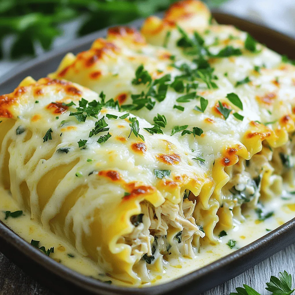 - 8 lasagna noodles - 2 cups cooked chicken, shredded - 1 cup ricotta cheese In this recipe, I use simple ingredients that blend perfectly. The lasagna noodles create a sturdy base. Shredded chicken adds protein and flavor. Ricotta cheese brings creaminess and richness to each bite. - 1 cup mozzarella cheese, shredded - 1/2 cup Parmesan cheese, grated Mozzarella gives that stretchy, gooey texture we love. Parmesan adds a sharp flavor that enhances the dish. Together, they create a cheesy topping that melts beautifully. - 2 cups Alfredo sauce - 1 cup fresh or thawed frozen spinach, chopped - 1 teaspoon garlic powder - Salt and pepper to taste Alfredo sauce is the star here, making everything creamy and delicious. Spinach adds color and nutrients. Garlic powder gives a subtle kick, while salt and pepper balance the flavors. For the full recipe, check the details above. - Preheat the oven to 375°F (190°C). - Cook lasagna noodles as directed on the package. Start by boiling salted water in a large pot. Once it reaches a rolling boil, carefully add the lasagna noodles. Cook them until they are al dente, which means they should still have a bit of bite. Drain the noodles and lay them flat on a clean kitchen towel. This prevents them from sticking together. - Mix chicken, ricotta, mozzarella, Parmesan, spinach, and seasonings. In a mixing bowl, take your cooked chicken and shred it. Add ricotta, half of the mozzarella, grated Parmesan, and chopped spinach. This is where the magic happens! Sprinkle in garlic powder, salt, and pepper. Stir until everything mixes well and looks creamy. This filling is the heart of your roll-ups. - Spread Alfredo sauce in the baking dish and roll the noodles with filling. - Add the remaining sauce and cheese before baking. Grab a 9x13 inch baking dish and spread a thin layer of Alfredo sauce on the bottom. Take one lasagna noodle and spoon a generous portion of your creamy filling along its length. Roll the noodle up tightly from one end to the other. Place each roll seam-side down in the dish. Repeat this process until all the noodles are filled. Once all the roll-ups are in the dish, pour the remaining Alfredo sauce over the top. Finish by sprinkling the rest of the mozzarella cheese on top. This will create a gooey, cheesy layer when baked. Now, cover the dish with aluminum foil and place it in the preheated oven. Bake for 25 minutes. After that, remove the foil and bake for an additional 15 minutes to let the cheese turn golden and bubbly. This simple method ensures your Chicken Alfredo Lasagna Roll-Ups come out perfect every time. For the full recipe, check out the details above! - Use rotisserie chicken for convenience. It saves time and adds great flavor. - Prevent noodles from sticking with a kitchen towel. Lay them flat as you cook. - Cover with foil to prevent over-browning. This keeps your roll-ups moist. - Let cool slightly before serving for better structure. This makes them easier to cut. - Garnish with fresh parsley and extra sauce for serving. It adds color and taste. - Serve from the baking dish or on individual plates. Either way, it looks great! For the full recipe of Chicken Alfredo Lasagna Roll Ups, check out the details above! {{image_4}} You can change the chicken in this dish. Use ground turkey or beef instead. This swap adds a nice twist. You can also try different cheese types. For example, use feta for a tangy flavor. Cream cheese can also make it richer and creamier. Want a richer taste? Make homemade Alfredo sauce. It is simple and adds depth. You can also use marinara sauce for a different vibe. This adds a nice tomato flavor to your roll-ups. Experiment with both sauces to find what you love. Add veggies to your filling for more flavor. Mushrooms bring earthiness and texture. Zucchini adds moisture and a mild taste. Bell peppers give a sweet crunch. Mix and match these veggies to suit your taste. They make this dish even more delicious and colorful. Store your Chicken Alfredo Lasagna Roll Ups in an airtight container in the fridge for up to 3 days. This keeps them fresh and tasty, ready for your next meal. You can freeze these roll-ups, whether baked or unbaked, for up to 2 months. If you freeze them unbaked, they will save you some time on a busy day. Just remember to thaw them in the refrigerator before baking or reheating. This step helps maintain the best texture. For the best texture, reheat the roll-ups in the oven. Heat your oven to 350°F (175°C) and cover the dish with foil. This prevents the top from burning. To keep the sauce creamy, add a splash of milk to it when reheating. This little trick makes sure that your meal tastes just as good as when it was first made. For the Full Recipe, check out the complete ingredient list and step-by-step instructions. Enjoy your cooking! To make Chicken Alfredo, you need simple ingredients. Start with butter, heavy cream, and garlic. Add Parmesan cheese for flavor. Here’s a quick list of what to use: - 1/2 cup butter - 1 cup heavy cream - 2 cloves garlic, minced - 1 cup Parmesan cheese, grated - Salt and pepper to taste Melt the butter in a pan, then add the garlic. Stir in the cream and let it simmer. Finally, mix in the cheese until it melts. This sauce is creamy and rich, perfect for your lasagna roll-ups! Yes, you can prepare them ahead of time! Assemble the roll-ups and place them in the baking dish. Cover the dish tightly with plastic wrap and store it in the fridge. They can sit there for up to 24 hours. When you’re ready to bake, just add a few extra minutes to the cooking time. Pair these roll-ups with simple sides. A fresh green salad works great. You can also serve garlic bread for extra flavor. Here are some ideas: - Mixed green salad with vinaigrette - Steamed broccoli or green beans - Garlic bread or breadsticks These sides complement the creamy dish and add freshness to your meal. You should bake them for about 40 minutes total. First, cover the dish with foil and bake for 25 minutes. Then, remove the foil and bake for another 15 minutes. This helps the cheese melt and bubble nicely. Keep an eye on it to ensure it does not over-brown. Absolutely! You can use gluten-free lasagna noodles for this recipe. Many brands offer a great taste and texture. Just follow the cooking instructions on the package. This way, everyone can enjoy these delicious roll-ups! In summary, this article covered how to make Chicken Alfredo Lasagna Roll Ups. You learned about the main ingredients, including chicken and cheeses. We discussed step-by-step instructions for preparation and assembly. I shared helpful tips for baking and storage too. These roll-ups are easy to customize and can suit any taste. Enjoy experimenting with different ingredients and flavors. Now, gather your supplies and create a delicious meal your family will love!