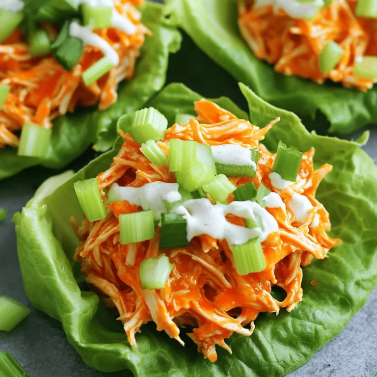 To make delicious Buffalo Chicken Lettuce Wraps, you need the following ingredients: - 1 lb (450g) boneless, skinless chicken breasts, shredded - 1/2 cup buffalo sauce (adjust to your preferred spice level) - 1 tablespoon olive oil - 1 teaspoon garlic powder - 1 teaspoon onion powder - 1/2 teaspoon smoked paprika - Salt and pepper, to taste - 1 head of iceberg or butter lettuce, leaves separated - 1/2 cup ranch or blue cheese dressing (for drizzling) - 1/4 cup green onions, chopped (for garnish) - 1/4 cup celery, finely diced (to add crunch) You can add these optional ingredients to enhance your wraps: - Fresh parsley, chopped (for garnish) - Shredded carrots (for extra crunch and sweetness) - Avocado slices (for creaminess) - Diced tomatoes (for freshness) These wraps are a great option for a healthy meal. Here’s what you can expect per serving: - Calories: about 300 - Protein: 30g - Carbohydrates: 10g - Fat: 15g - Fiber: 2g These wraps are low in carbs and high in protein, making them a healthy delight. You can enjoy them without the guilt! For the complete recipe, check out the Full Recipe. To start, heat 1 tablespoon of olive oil in a large skillet over medium heat. Once the oil shimmers, add 1 lb of shredded chicken. Sprinkle garlic powder, onion powder, smoked paprika, salt, and black pepper over the chicken. Stir the chicken every few minutes for about 5 minutes. This allows the chicken to soak up all those great flavors. Next, pour in 1/2 cup of buffalo sauce. Mix it well so each piece of chicken gets coated. Cook for another 3 to 5 minutes until the chicken is heated through. Taste it! If you want more kick, add more buffalo sauce or spices to suit your taste. While the chicken cooks, grab your head of iceberg or butter lettuce. Separate the leaves carefully, and rinse them under cold water. Pat them dry gently to keep them intact. Now, take a lettuce leaf and spoon in some of the buffalo chicken mixture. Drizzle your favorite ranch or blue cheese dressing on top. Add finely diced celery and chopped green onions for extra crunch and flavor. For a nice finish, sprinkle some fresh parsley on top if you like. Serve these delicious wraps while the chicken is still warm. You can find the Full Recipe linked above for detailed steps! To get juicy and flavorful chicken, start with high-quality meat. Use boneless, skinless chicken breasts for this dish. Heat olive oil in your skillet before adding the chicken. Season it well with garlic powder, onion powder, smoked paprika, salt, and pepper. Stir occasionally to cook evenly. Cook the chicken until it’s fully heated and flavorful, about 5 to 10 minutes. This is key for a tasty filling in your wraps. Buffalo sauce can be spicy or mild. Adjust the spice to fit your taste. Start with a 1/2 cup of sauce, then taste and add more if needed. If you want it hotter, mix in some cayenne pepper or hot sauce. For a sweeter flavor, add a bit of honey. The right balance makes the wraps exciting and delicious. Always mix the sauce thoroughly with the chicken for full flavor. When serving, arrange the lettuce wraps on a big, colorful platter. This makes them look inviting. Drizzle ranch or blue cheese dressing over the chicken for extra creaminess. Top each wrap with chopped celery and green onions for crunch. You can even sprinkle fresh parsley for a pop of color. Serve the wraps right away while they are warm. This adds to the fun of eating them fresh. Check out the Full Recipe for more tips on how to make the best Buffalo Chicken Lettuce Wraps! {{image_4}} If you want a lighter sauce, try using Greek yogurt mixed with hot sauce. This mix gives you that creamy texture with fewer calories. You can also use a homemade ranch dressing made from low-fat ingredients. This way, you keep the flavor while making it healthier. You can switch chicken for turkey, shrimp, or tofu. For a spicy kick, try grilled shrimp with a touch of lime. If you use tofu, press it to remove water and then marinate it in buffalo sauce. This adds flavor and keeps it firm. To make these wraps vegan, use jackfruit instead of chicken. Cook it with the same spices and buffalo sauce. It has a texture similar to pulled chicken. You can also use lentils or black beans for a hearty option. Pair these with your favorite vegan dressing for extra flavor. Feel free to explore these variations and make the dish your own! For more details, check out the Full Recipe. To keep leftover wraps fresh, place them in an airtight container. Make sure to separate the chicken from the lettuce to avoid soggy leaves. Store them in the fridge for up to three days. If you want to enjoy them later, keep the sauce in a separate container. This way, you can drizzle it on just before eating. When you are ready to eat your wraps, take the chicken out of the fridge. Heat it in a skillet over medium heat for about five minutes. Stir occasionally to ensure even heating. You can also microwave the chicken in a bowl for one to two minutes. Just cover it with a microwave-safe lid or wrap. This keeps the chicken moist and tasty. If you want to save your wraps for later, freezing is a great option. First, let the chicken cool completely. Then, put it in a freezer-safe bag or container. Label it with the date. You can freeze the chicken for up to three months. When you are ready to eat, thaw it in the fridge overnight. Then, reheat as mentioned above before assembling your wraps. You can add more heat to your Buffalo Chicken Lettuce Wraps by using extra buffalo sauce. Try adding diced jalapeños for a fresh kick. You might also mix in some chili powder or cayenne pepper. A sprinkle of smoked paprika gives great flavor too. Consider adding some pepper jack cheese for a creamy, spicy touch. Absolutely! You can use any crunchy veggies you like. Shredded carrots add sweetness and color. Bell peppers bring a nice crunch and flavor. Cucumber slices are refreshing and crisp. You can even add diced tomatoes for a juicy bite. Just remember, the goal is to balance flavors and textures. Buffalo Chicken Lettuce Wraps go great with several sides. Try serving them with carrot sticks or celery for some crunch. A light salad with greens and vinaigrette also pairs well. Sweet potato fries make a tasty side too. If you want something creamy, consider a side of guacamole or hummus. You can find the Full Recipe for these Buffalo Chicken Lettuce Wraps in the recipe section above. Follow the steps to create this tasty meal at home! Buffalo chicken lettuce wraps are tasty and easy to make. We explored the key ingredients, including healthy options and tasty sauces. You learned step-by-step how to cook the chicken and assemble the wraps. Tips and variations let you tweak flavors and try new proteins. Proper storage and reheating keep leftovers fresh. Now, you can enjoy these wraps anytime by following these helpful tips. Get creative and make them your own!