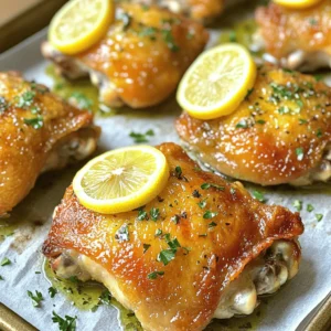 - 4 bone-in, skin-on chicken thighs - 3 tablespoons olive oil - Zest and juice of 1 lemon, plus additional slices from another lemon - 4 cloves of garlic, finely minced - 1 tablespoon fresh rosemary, finely chopped - 1 tablespoon fresh thyme, finely chopped - 1 teaspoon paprika - Salt and freshly ground black pepper to taste - Fresh parsley, finely chopped, for garnish The right ingredients make your meal shine. I love using fresh herbs like rosemary and thyme. They add a burst of flavor that pairs perfectly with lemon. The chicken thighs give a rich taste and a juicy bite. You can find these ingredients at your local grocery store. If you have fresh herbs from your garden, use them! They will make your dish even better. Don't forget the olive oil! It helps the skin crisp up nicely. Zesty lemon juice and zest brighten the dish. Garlic adds depth and warmth. When you gather these items, you set the stage for a delicious meal. This combination creates a dish that is both easy and tasty. For the full recipe, check below. Set your oven to 400°F (200°C). This step ensures the chicken cooks evenly and gets crispy. In a bowl, whisk together: - 3 tablespoons olive oil - Zest and juice of 1 lemon - 4 cloves of garlic, finely minced - 1 tablespoon fresh rosemary, finely chopped - 1 tablespoon fresh thyme, finely chopped - 1 teaspoon paprika - Salt and freshly ground black pepper to taste This mix creates a bright, tangy marinade that makes the chicken tasty. First, dry the chicken thighs with paper towels. This step helps get crispy skin. Next, place the chicken in a large bag or dish. Pour the marinade over the chicken. Make sure each piece is covered well. Seal the bag or cover the dish with plastic wrap. Refrigerate for at least 30 minutes. For even more flavor, let it marinate for up to 2 hours. After marinating, your chicken is ready for baking! Check out the Full Recipe for more details on cooking and serving. Drying chicken thighs is key for crispy skin. When you pat them dry, you remove excess moisture. This helps the skin crisp up nicely during baking. The oven's heat will then work wonders, giving you that golden crust we all love. For the best flavor, marinate the chicken for at least 30 minutes. However, if you have time, let it sit for up to 2 hours. The longer it marinates, the better the flavors blend. You will taste the herbs and lemon in every bite. Presentation matters when serving your baked lemon herb chicken thighs. Use a rustic wooden platter for a homey feel. Surround the chicken with roasted lemon slices. Sprinkle fresh parsley on top for color. This not only looks great but also makes your dish more inviting. {{image_4}} You can switch up the herbs to change the flavor. If you want a new twist, try these: - Oregano - Basil - Dill - Sage These herbs add depth and a fresh taste to your chicken dish. You can mix and match to find your favorite. If you want to cook fast, try grilling or pan-searing. For grilling, heat your grill to medium-high. Cook the chicken for about 6-7 minutes on each side, until it’s golden and cooked through. For pan-searing, heat a bit of oil in a skillet over medium heat. Cook the chicken skin side down for 5-6 minutes. Flip and cook for another 5-6 minutes until done. Both methods give you a tasty meal! You can add more flavor with simple tweaks. For a sweet touch, drizzle honey on your chicken before baking. If you like spice, sprinkle cayenne pepper in the marinade. You can even add a splash of soy sauce for a savory kick. These small changes can make your dish even more exciting! For the complete recipe, check out the Full Recipe. To keep your baked lemon herb chicken thighs fresh, store leftovers in an airtight container. Make sure the chicken is completely cool before sealing. This will help lock in moisture. Leftovers can last for up to three days in the fridge. When you’re ready to eat again, just take it out and enjoy! If you want to freeze the dish, it’s best to do it right away. Let the chicken cool, then place it in a freezer-safe bag. Remove as much air as possible to prevent freezer burn. You can freeze it for up to three months. To thaw, place it in the fridge overnight before reheating. To reheat the chicken without drying it out, use the oven. Preheat your oven to 350°F (175°C). Place the chicken on a baking sheet and cover it with foil. Heat for about 15-20 minutes or until warmed through. If you prefer a quick option, use a microwave. Just be sure to cover it to keep some moisture in. Enjoy your tasty meal! It takes about 35 to 40 minutes to bake chicken thighs at 400°F. The skin should turn golden brown and crispy. To check if they’re done, use an instant-read thermometer. The thickest part of the thigh should read at least 165°F. This ensures the chicken is safe to eat and juicy. Yes, you can use boneless chicken thighs. They cook faster than bone-in thighs. Reduce the baking time to about 25 to 30 minutes. Keep checking the internal temperature to ensure it reaches 165°F. Boneless thighs are great for a quicker meal but may be slightly less juicy. Baked lemon herb chicken thighs pair well with many sides. Here are some tasty suggestions: - Roasted vegetables: Carrots, broccoli, or Brussels sprouts add color and flavor. - Rice or quinoa: These grains soak up the chicken juices and add texture. - Salad: A fresh green salad with a light dressing complements the dish well. - Mashed potatoes: Creamy potatoes balance the zesty chicken flavor. Feel free to mix and match! These sides make your meal fun and filling. For the full recipe, check out the recipe section. This blog post covered a simple and tasty recipe for baked lemon herb chicken thighs. You learned about the key ingredients and how to prep them. We discussed tips for getting crispy skin and how to marinate for the best flavor. I also shared variations and storage tips. Enjoy making this dish your own with different herbs or flavors. It’s all about creating a meal you love. Happy cooking!