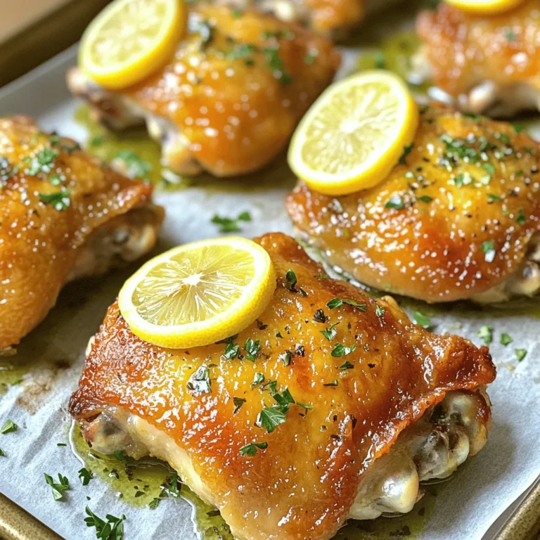 - 4 bone-in, skin-on chicken thighs - 3 tablespoons olive oil - Zest and juice of 1 lemon, plus additional slices from another lemon - 4 cloves of garlic, finely minced - 1 tablespoon fresh rosemary, finely chopped - 1 tablespoon fresh thyme, finely chopped - 1 teaspoon paprika - Salt and freshly ground black pepper to taste - Fresh parsley, finely chopped, for garnish The right ingredients make your meal shine. I love using fresh herbs like rosemary and thyme. They add a burst of flavor that pairs perfectly with lemon. The chicken thighs give a rich taste and a juicy bite. You can find these ingredients at your local grocery store. If you have fresh herbs from your garden, use them! They will make your dish even better. Don't forget the olive oil! It helps the skin crisp up nicely. Zesty lemon juice and zest brighten the dish. Garlic adds depth and warmth. When you gather these items, you set the stage for a delicious meal. This combination creates a dish that is both easy and tasty. For the full recipe, check below. Set your oven to 400°F (200°C). This step ensures the chicken cooks evenly and gets crispy. In a bowl, whisk together: - 3 tablespoons olive oil - Zest and juice of 1 lemon - 4 cloves of garlic, finely minced - 1 tablespoon fresh rosemary, finely chopped - 1 tablespoon fresh thyme, finely chopped - 1 teaspoon paprika - Salt and freshly ground black pepper to taste This mix creates a bright, tangy marinade that makes the chicken tasty. First, dry the chicken thighs with paper towels. This step helps get crispy skin. Next, place the chicken in a large bag or dish. Pour the marinade over the chicken. Make sure each piece is covered well. Seal the bag or cover the dish with plastic wrap. Refrigerate for at least 30 minutes. For even more flavor, let it marinate for up to 2 hours. After marinating, your chicken is ready for baking! Check out the Full Recipe for more details on cooking and serving. Drying chicken thighs is key for crispy skin. When you pat them dry, you remove excess moisture. This helps the skin crisp up nicely during baking. The oven's heat will then work wonders, giving you that golden crust we all love. For the best flavor, marinate the chicken for at least 30 minutes. However, if you have time, let it sit for up to 2 hours. The longer it marinates, the better the flavors blend. You will taste the herbs and lemon in every bite. Presentation matters when serving your baked lemon herb chicken thighs. Use a rustic wooden platter for a homey feel. Surround the chicken with roasted lemon slices. Sprinkle fresh parsley on top for color. This not only looks great but also makes your dish more inviting. {{image_4}} You can switch up the herbs to change the flavor. If you want a new twist, try these: - Oregano - Basil - Dill - Sage These herbs add depth and a fresh taste to your chicken dish. You can mix and match to find your favorite. If you want to cook fast, try grilling or pan-searing. For grilling, heat your grill to medium-high. Cook the chicken for about 6-7 minutes on each side, until it’s golden and cooked through. For pan-searing, heat a bit of oil in a skillet over medium heat. Cook the chicken skin side down for 5-6 minutes. Flip and cook for another 5-6 minutes until done. Both methods give you a tasty meal! You can add more flavor with simple tweaks. For a sweet touch, drizzle honey on your chicken before baking. If you like spice, sprinkle cayenne pepper in the marinade. You can even add a splash of soy sauce for a savory kick. These small changes can make your dish even more exciting! For the complete recipe, check out the Full Recipe. To keep your baked lemon herb chicken thighs fresh, store leftovers in an airtight container. Make sure the chicken is completely cool before sealing. This will help lock in moisture. Leftovers can last for up to three days in the fridge. When you’re ready to eat again, just take it out and enjoy! If you want to freeze the dish, it’s best to do it right away. Let the chicken cool, then place it in a freezer-safe bag. Remove as much air as possible to prevent freezer burn. You can freeze it for up to three months. To thaw, place it in the fridge overnight before reheating. To reheat the chicken without drying it out, use the oven. Preheat your oven to 350°F (175°C). Place the chicken on a baking sheet and cover it with foil. Heat for about 15-20 minutes or until warmed through. If you prefer a quick option, use a microwave. Just be sure to cover it to keep some moisture in. Enjoy your tasty meal! It takes about 35 to 40 minutes to bake chicken thighs at 400°F. The skin should turn golden brown and crispy. To check if they’re done, use an instant-read thermometer. The thickest part of the thigh should read at least 165°F. This ensures the chicken is safe to eat and juicy. Yes, you can use boneless chicken thighs. They cook faster than bone-in thighs. Reduce the baking time to about 25 to 30 minutes. Keep checking the internal temperature to ensure it reaches 165°F. Boneless thighs are great for a quicker meal but may be slightly less juicy. Baked lemon herb chicken thighs pair well with many sides. Here are some tasty suggestions: - Roasted vegetables: Carrots, broccoli, or Brussels sprouts add color and flavor. - Rice or quinoa: These grains soak up the chicken juices and add texture. - Salad: A fresh green salad with a light dressing complements the dish well. - Mashed potatoes: Creamy potatoes balance the zesty chicken flavor. Feel free to mix and match! These sides make your meal fun and filling. For the full recipe, check out the recipe section. This blog post covered a simple and tasty recipe for baked lemon herb chicken thighs. You learned about the key ingredients and how to prep them. We discussed tips for getting crispy skin and how to marinate for the best flavor. I also shared variations and storage tips. Enjoy making this dish your own with different herbs or flavors. It’s all about creating a meal you love. Happy cooking!