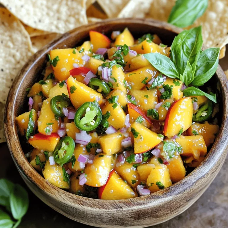 - 2 ripe peaches - 1 small red onion - 1 jalapeño pepper - Fresh basil leaves - Lime juice - Optional: honey, salt, and pepper The main ingredients in peach basil salsa bring bright flavors to your table. Start with two ripe peaches. Their sweetness is the star of this dish. Choose peaches that yield slightly when you squeeze them. Next, grab a small red onion. A finely chopped onion balances the sweetness of the peaches. Then, pick a jalapeño pepper for a hint of heat. Remember to seed and mince it to control the spice. Fresh basil leaves add a herbal note. Choose vibrant green leaves for the best flavor. Squeeze some fresh lime juice for acidity. It lifts the salsa and ties the flavors together. If you like, add a teaspoon of honey. It gives a nice touch of sweetness. Finish with salt and pepper to taste. - Additional fresh basil - Tortilla chips - Grilled chicken For serving, consider some optional garnishes. Fresh basil can add color and flavor. Use it to brighten up your salsa. Tortilla chips make a great crunchy dipper. They add fun to your eating experience. You can also pair this salsa with grilled chicken. It makes a delicious meal. For the full recipe, check out the detailed instructions in the article. - Dice 2 ripe peaches into small cubes. - Chop 1 small red onion finely. - Seed and mince 1 jalapeño pepper for a controlled kick. Start by gathering your ingredients and prepping them. The peaches should be sweet and ripe, as they are the star of the dish. Make sure to cut them into small, bite-sized cubes. This makes it easy to scoop up with chips or add on top of grilled meats. Next, take your red onion. Chop it finely for a nice, sharp flavor that balances the sweetness of the peaches. Finally, the jalapeño adds a little heat. Be careful when seeding and mincing it. Adjust the amount based on your taste preference. - Combine peaches, onion, and jalapeño in a bowl. - Add basil, lime juice, and honey (if desired). Once you have prepped all the ingredients, it’s time to mix them. In a medium bowl, combine the diced peaches, chopped onion, and minced jalapeño. Stir gently to avoid crushing the peaches. Next, add about a quarter cup of fresh basil leaves. You can tear them by hand for a rustic look. Then, squeeze in 2 tablespoons of fresh lime juice. Lime adds brightness. If you want it a bit sweeter, drizzle in 1 teaspoon of honey. - Toss gently to combine without mashing. - Season with salt and pepper to taste. - Rest the salsa for flavor melding. Now, use a spoon to toss the ingredients together carefully. You want to mix everything well but not mash the peaches. They should still hold their shape. Next, season the salsa with salt and pepper. Taste it and see what you think. Once seasoned, let the salsa sit for about 10 minutes at room temperature. This allows all the flavors to blend and become even more delicious. For the full recipe, check out the detailed instructions above. Enjoy your fresh peach basil salsa with chips or on grilled chicken! Resting time is key for great taste. After mixing your salsa, let it sit for about 10 minutes. This helps the flavors blend well. You can also adjust the sweetness with honey. A teaspoon can add a nice touch if the peaches are not sweet enough. When combining ingredients, use gentle folding. This keeps the peaches intact and adds a nice texture. You want to avoid mashing them. Stir slowly and carefully to maintain the salsa's fresh feel. Serve your peach basil salsa in colorful bowls or on wooden boards. A vibrant bowl makes the dish pop. Use fresh basil leaves as a garnish for added appeal. This not only looks good but enhances the aroma too. {{image_4}} You can switch up the fruits in your salsa. Try using mango or pineapple for a sweeter twist. They add a nice touch. You can also swap in red or yellow bell peppers. This substitution gives a new flavor that makes the salsa pop. If you want a milder salsa, use a different pepper. Substitute jalapeño with a poblano or banana pepper. This change keeps the dish tasty without too much heat. For those who love spice, add more jalapeño. You can even mix in some diced serrano peppers for an extra kick. Want to take your salsa up a notch? Consider adding minced garlic or fresh cilantro. Both ingredients add depth and freshness. You can also play with different citrus juices. Try lemon or orange juice instead of lime for a unique twist. Each option brings its own special flavor to the mix. Store your peach basil salsa in an airtight container in the fridge. This keeps the flavors fresh. For the best taste, consume it within 2-3 days. After that, the freshness may fade. If you want to keep it longer, freeze the salsa in freezer-safe containers. This method works well for preserving flavors. Before serving, thaw it in the fridge overnight. Always check for changes in color or texture. If the salsa looks dull or slimy, it’s time to toss it. Also, trust your nose; if the salsa has any off smell, discard it. Keeping an eye on these signs will ensure you enjoy every bite. You can make Peach Basil Salsa a few hours in advance. It tastes best when fresh. The flavors will meld together if you let it sit. Just store it in the fridge until serving. Peach Basil Salsa works on many dishes. It’s great on grilled meats like chicken or fish. You can also add it to tacos for a fresh twist. It makes a tasty dip with tortilla chips, too. To change the spice level, you have options. You can omit the jalapeño for no heat. If you want it mild, use a sweet pepper instead. For more heat, add extra jalapeño or try a hotter pepper. Enjoy experimenting to find your favorite balance! Peach Basil Salsa is fresh and easy to make. We covered key ingredients like peaches, onion, and jalapeño. I shared how to prepare, mix, and rest your salsa for the best taste. Remember to try different fruits or peppers to create your own twist. Store it right, and check for spoilage signs. Enjoy this light dish with grilled meats or tacos. With these tips, you'll impress friends at your next gathering!