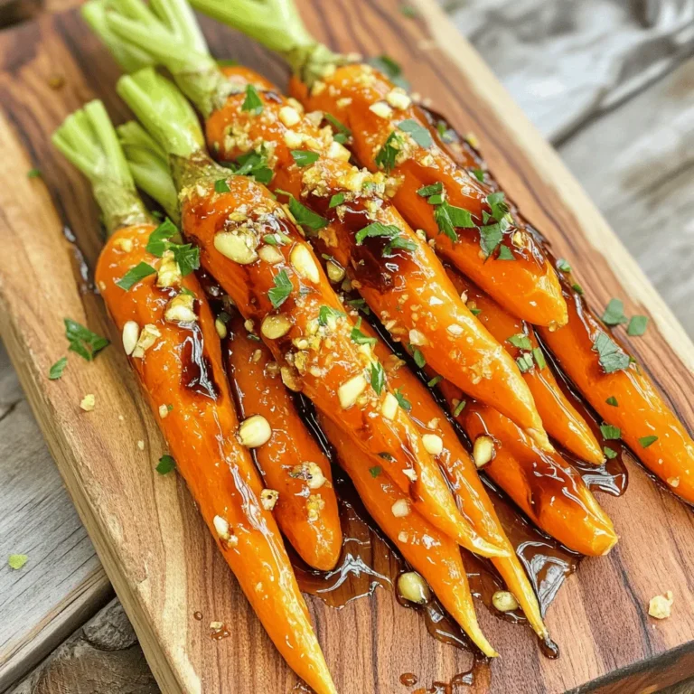- 1 lb baby carrots (or 4 regular carrots, peeled and cut into 1-inch thick slices) - 3 tablespoons balsamic vinegar - 2 tablespoons honey or maple syrup - 2 tablespoons unsalted butter (or olive oil for a vegan alternative) - 1 teaspoon garlic powder - ½ teaspoon salt - ¼ teaspoon freshly cracked black pepper - Fresh parsley, finely chopped, for garnish These ingredients create a sweet and tangy flavor. The balsamic vinegar gives a nice depth to the dish. Honey or maple syrup adds a hint of sweetness. You can customize your carrots with a few extra ingredients. Consider adding: - A sprinkle of red pepper flakes for heat - Chopped nuts like walnuts or pecans for crunch - A splash of orange juice for a citrus twist These variations bring new flavors and textures to the dish. Feel free to explore what you like best! This recipe serves about four people. Here’s a quick look at the nutrition: - Calories: 150 - Protein: 1g - Carbohydrates: 23g - Fiber: 3g - Fat: 7g These numbers may vary based on what you choose. Overall, this dish is a healthy addition to any meal. It provides fiber and vitamins while keeping it delicious. For the full recipe, check the link. Start by prepping your carrots. If you use regular carrots, peel them first. Next, slice them into thick, 1-inch rounds. This step helps them cook evenly. If you choose baby carrots, you can keep them whole. This gives a nice rustic look to your dish. Now, it's time to cook the carrots. Grab a large skillet and add about an inch of water. Bring it to a rolling boil. Once boiling, carefully add your prepared carrots. Cook them for about 5-7 minutes. You want them tender but still a bit crisp. After cooking, drain the carrots and set them aside. In the same skillet, lower the heat to medium. Add the butter or olive oil and let it melt. Then, pour in the balsamic vinegar and honey or maple syrup. Mix in the garlic powder, salt, and black pepper. Stir everything well until it bubbles. This is where the magic happens. Return the drained carrots to the skillet. Toss them in the bubbling glaze, making sure each piece gets coated. Cook for another 4-5 minutes, stirring often. This lets the glaze thicken and stick to the carrots. When they are glazed and tender, they are ready to serve. To get a great glaze, start with the right balance. Use balsamic vinegar and honey. The sweet and tangy mix gives the carrots a rich flavor. Make sure to let the glaze bubble. This helps it thicken and coat the carrots well. Toss the carrots gently in the glaze. You want each piece to be covered. Steaming carrots before glazing helps keep them crisp. Boil them for just 5-7 minutes. This method brings out their natural sweetness. After boiling, quickly drain them. Use the same skillet for the glaze. The leftover bits from cooking the carrots add flavor to the glaze. You can boost the flavor in many ways. Add fresh herbs like thyme or rosemary. A pinch of red pepper flakes gives a spicy kick. For a richer taste, try adding orange juice or zest to the glaze. This adds a nice twist. For the full recipe, check the details provided earlier. {{image_4}} You can switch honey with maple syrup. This option suits vegan diets. You can also try agave nectar. Each sweetener adds its unique taste. Maple syrup offers a rich flavor. Agave nectar gives a light sweetness. Mix in other veggies for more color and flavor. Try adding sliced bell peppers or zucchini. You can also toss in green beans for crunch. These additions make the dish more vibrant. They also enhance the nutrient value. Aim for a mix that complements the carrots. To make this dish vegan, use olive oil instead of butter. This simple swap keeps the taste intact. For gluten-free options, check your balsamic vinegar. Most brands are gluten-free, but always read labels. Enjoy this dish without worry while keeping the flavors bold. For a complete recipe, check the [Full Recipe]. To keep your balsamic glazed carrots fresh, store them in an airtight container. Let them cool down first. Place a paper towel in the container to absorb excess moisture. This helps keep the carrots crisp. You can keep them in the fridge for up to four days. Make sure to label the container with the date. When you are ready to enjoy the leftovers, reheat them gently. You can use a microwave or a skillet. If using the microwave, place the carrots in a bowl. Add a splash of water to keep them moist. Heat in 30-second intervals until warm. If you prefer the skillet, heat over medium-low heat. Stir occasionally until heated through. Freezing balsamic glazed carrots is possible, but they may lose some texture. To freeze, cool the carrots completely. Place them in a freezer-safe bag or container. Remove as much air as possible to prevent freezer burn. You can freeze them for up to three months. To enjoy them later, thaw in the fridge overnight before reheating. For best results, it’s better to eat them fresh. Check the [Full Recipe] for more details on preparation. To make balsamic glazed carrots, you need a few simple steps. First, prepare your carrots by peeling and slicing them, or use baby carrots whole. Cook them in boiling water for about 5-7 minutes until tender but still crisp. Then, drain the carrots. In the same pan, melt butter or olive oil and add balsamic vinegar, honey, garlic powder, salt, and pepper. Stir this mixture and let it bubble. Toss the carrots in the glaze and cook for an additional 4-5 minutes, coating them well. Finally, serve with fresh parsley for a pop of color. For a detailed guide, check the Full Recipe. Yes, you can use regular carrots instead of baby carrots. If you choose regular ones, peel and cut them into 1-inch thick slices. This size helps them cook evenly. They will taste just as good and add a nice texture to the dish. Balsamic glazed carrots work well with many dishes. They make a great side for roasted meats, like chicken or pork. You can also serve them with grilled fish or as part of a vegetarian meal. Pair them with grains, like quinoa or rice, for a balanced plate. Their sweet and tangy flavor complements many flavors, making them a versatile side. This blog post covered how to make delicious balsamic glazed carrots. We talked about the main and optional ingredients, plus their nutritional values. You learned step-by-step instructions for preparing, cooking, and making the glaze. We shared tips for the best results and fun variations. You also found out how to store, reheat, and freeze them. Balsamic glazed carrots are tasty and easy to make, adding flavor to any meal. Try them out, and enjoy the great taste!