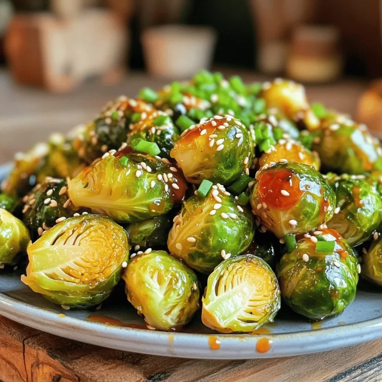 To make Honey Sriracha Brussels sprouts, you'll need these key ingredients: - 1 lb Brussels sprouts, cleaned, trimmed, and halved - 2 tablespoons extra virgin olive oil - 3 tablespoons pure honey - 2 tablespoons spicy Sriracha sauce - 1 tablespoon low-sodium soy sauce - 2 cloves fresh garlic, minced - Salt and freshly ground black pepper to taste - 1 tablespoon toasted sesame seeds (for garnish) - 2 green onions, finely chopped (for garnish) These ingredients work together to create a great balance of sweet and spicy flavors. The Brussels sprouts become crispy and caramelized, giving you a delightful texture. You can add some optional ingredients to take the flavor up a notch: - Red pepper flakes for extra heat - Fresh ginger, minced, for a warm spice - Lime juice for a bright, zesty finish These optional ingredients can change the taste profile and make your dish even more exciting. If you don't have certain ingredients, here are some substitutions: - Use maple syrup instead of honey for a vegan option. - If you prefer a milder flavor, use less Sriracha or a mild chili sauce. - Any type of cooking oil can work, like avocado or canola oil, if you run out of olive oil. Using these substitutions can help you adapt the recipe to your taste and pantry. Always feel free to experiment to find what you love most! For the full recipe, check out the complete guide above. Start by cleaning and trimming 1 pound of Brussels sprouts. Cut each sprout in half. This helps them cook evenly and get crispy. Place the halved sprouts in a large bowl. Drizzle with 2 tablespoons of extra virgin olive oil. Next, sprinkle salt and black pepper. Toss everything together so that each sprout is coated well. In a small bowl, mix 3 tablespoons of pure honey, 2 tablespoons of Sriracha sauce, and 1 tablespoon of low-sodium soy sauce. Add 2 cloves of minced garlic to the mix. Whisk these ingredients together until well combined. This sticky sauce will add a sweet and spicy kick to your Brussels sprouts. Preheat your oven to 425°F (220°C). Line a baking sheet with parchment paper. Spread the Brussels sprouts out in a single layer, cut sides down. This will help them brown nicely. Roast them for 20-25 minutes until they are tender and caramelized. After that, take them out and drizzle the honey Sriracha sauce over them. Toss gently to coat each sprout. Return them to the oven for another 5-7 minutes. This final roasting will help the sauce stick and enhance the flavor. When done, cool for a few minutes, then serve them with toasted sesame seeds and chopped green onions on top. To get your Brussels sprouts nice and crisp, start with a hot oven. Preheat to 425°F (220°C) and let it heat fully. Use a parchment-lined baking sheet to help with easy cleanup. Spread the halved Brussels sprouts in a single layer, cut side down. This helps them brown evenly. Don’t crowd the pan; give them space. Roast until they are golden, about 20-25 minutes. Toss them with the sauce and roast for an extra 5-7 minutes for added crispiness. Honey Sriracha Brussels sprouts are great with many dishes. They pair well with grilled chicken or fish for a balanced meal. Try them alongside quinoa or brown rice for a healthy grain option. The sweet and spicy flavor complements pork chops wonderfully too. For a vegetarian twist, serve them with a hearty lentil salad. You can mix and match based on your taste! If you want less heat, adjust the Sriracha in the sauce. Start with one tablespoon instead of two. You can also add more honey to balance the spice. Another option is to mix in a splash of lime juice or vinegar. This adds brightness without the heat. If you have spicy sauce left over, store it separately. This lets everyone control their own spice level! {{image_4}} You can boost the texture of Honey Sriracha Brussels sprouts by adding nuts or seeds. Nuts like almonds or cashews add a great crunch. Seeds like pumpkin or sunflower also work well. You can add these on top after roasting. This adds flavor and a nice bite. If you want a vegan version of the sauce, swap honey for maple syrup. Maple gives a similar sweetness. You can also use agave nectar as another option. This keeps the sweet and spicy flavor while making it plant-based. Just mix it in the same way as in the full recipe. You can roast Brussels sprouts in various ways. Use an air fryer for a quicker method. It cooks them faster and keeps them crispy. You can also try grilling them for a smoky taste. Each method changes the flavor and texture slightly, so feel free to experiment! Store your leftover Honey Sriracha Brussels sprouts in an airtight container. Make sure they cool first. Place them in the fridge. They stay fresh for about three days. For best taste, eat them within this time. To reheat, use the oven for the best results. Preheat the oven to 350°F (175°C). Spread the Brussels sprouts on a baking sheet in a single layer. Heat them for about 10 minutes. This keeps them crispy and delicious. You can freeze Brussels sprouts, but they may lose some crunch. First, roast them as directed. Let them cool completely, then place them in a freezer-safe bag. Remove as much air as possible. They can last for up to three months. When ready to eat, thaw them in the fridge overnight and reheat in the oven. Yes, you can make these Brussels sprouts ahead of time. Roast them fully and let them cool. Store them in an airtight container in the fridge. When you're ready to eat, reheat them in the oven to regain their crispiness. This way, the flavors remain fresh and tasty. If you need a honey substitute, try maple syrup or agave nectar. Both add sweetness but with a different flavor. You can also use brown sugar mixed with a little water for a similar effect. Adjust the amount to suit your taste and enjoy the sweet touch. The spice level varies based on the Sriracha you use. Generally, these Brussels sprouts have a nice kick but are not overwhelmingly spicy. If you prefer less heat, reduce the Sriracha to one tablespoon. Taste the sauce before adding it to ensure it meets your spice preference. This blog post covered how to make tasty Honey Sriracha Brussels Sprouts. We discussed key ingredients, cooking steps, and useful tips for the best results. You learned about fun variations and proper storage methods, too. In the end, these sprouts can be a great side for any meal. Experiment with flavors and ingredients to suit your taste. Enjoy making this simple dish that will impress your family and friends!