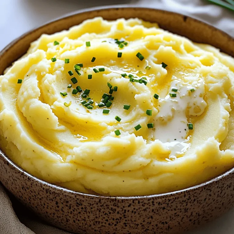 To make the best creamy garlic mashed potatoes, you need a few key items. Here’s what you’ll need: - 2 pounds Yukon Gold potatoes, peeled and cubed into even pieces - 4 cloves fresh garlic, minced finely - ½ cup unsalted butter, cubed - 1 cup heavy cream, warmed - Salt and freshly ground black pepper, to taste - ¼ cup cream cheese, softened (for added creaminess) - 2 tablespoons chives, finely chopped (for a vibrant garnish) These ingredients come together to create a rich and flavorful side dish. If you want to kick things up a notch, try adding some optional ingredients. Here are a few ideas: - Sour cream for a bit of tang - Parmesan cheese for a nutty flavor - Roasted garlic for a sweeter, deeper taste - A dash of nutmeg for warmth - Fresh herbs like thyme or rosemary for an earthy note These optional ingredients can enhance the taste and make your mashed potatoes unique. You can always swap out ingredients based on what you have. Here are some smart substitutions: - Use Russet potatoes instead of Yukon Gold for a fluffier texture. - Almond milk can replace heavy cream for a lighter version. - Olive oil can stand in for butter if you want a healthier fat. - Greek yogurt can substitute for cream cheese, adding protein and tang. These substitutions allow flexibility while keeping the dish delicious. For the full recipe, check out the recipe section. Start by peeling and cubing 2 pounds of Yukon Gold potatoes. Make sure the pieces are even. This helps them cook evenly. Place the cubed potatoes in a large pot. Fill the pot with salted water until it covers the potatoes. Heat the pot over medium-high heat. Once the water boils, cook the potatoes for 15 to 20 minutes. Check if they are done by piercing them with a fork. They should feel soft and tender. Drain the potatoes in a colander and let them sit for a moment. While the potatoes cook, prepare the garlic butter. In a small saucepan, add ½ cup of unsalted butter. Heat it over low heat until it melts. Once melted, add 4 cloves of minced garlic. Stir the garlic gently for about 2 to 3 minutes. Be careful not to burn the garlic, as it can taste bitter. You want to release its lovely aroma without browning it. Return the drained potatoes to the pot. Pour in the melted garlic butter mixture. Next, add 1 cup of warmed heavy cream and ¼ cup of softened cream cheese. This will make your mashed potatoes extra creamy. Season with salt and freshly ground black pepper to taste. Now, use a sturdy potato masher or an electric hand mixer. Mash the potatoes until you reach your desired creaminess. Taste them and adjust the salt and pepper if needed. Finally, fold in 2 tablespoons of finely chopped chives for a fresh touch. Serve the mashed potatoes warm. Enjoy every bite of your creamy garlic mashed potatoes! You can find the full recipe [Full Recipe]. To make creamy garlic mashed potatoes, focus on the potatoes you choose. Yukon Gold potatoes work best. Their natural creaminess makes them ideal for this dish. When cooking, ensure you cut the potatoes into even pieces. This helps them cook at the same rate. Boil them until they are tender, about 15 to 20 minutes. Always drain them well to avoid watery mashed potatoes. For the creamy texture, use a mix of heavy cream and cream cheese. The cream adds richness, while cream cheese gives an extra smoothness. When mashing, go slow. Use a potato masher or electric mixer. Don't over-mash, as this can make the potatoes gummy. One common mistake is not seasoning the water. Adding salt to the boiling water enhances the potato flavor. Another mistake is burning the garlic. Sauté it gently to keep its lovely taste. If it burns, it turns bitter. Also, be careful not to add cold cream or butter. Warm them up first. Cold ingredients can cool down the potatoes, making them less creamy. Lastly, don't skip the chives. They bring a fresh flavor and color to your dish. Serve your creamy garlic mashed potatoes warm. They pair well with many main dishes. Try them with roasted chicken or grilled steak for a classic combo. You can also serve them with rich gravies or sauces. For a fun twist, add toppings. Crispy bacon bits, shredded cheese, or sautéed mushrooms can enhance the dish. You can also serve them in small bowls for individual portions. This makes the meal more special. Don't forget to check out the full recipe to impress your guests with this delightful side dish! {{image_4}} If you want to make creamy garlic mashed potatoes healthier, try using cauliflower. Steam cauliflower until soft, then mash it with the same garlic butter mixture. This swap cuts carbs and adds fiber. For a dairy-free version, swap cream and butter for almond milk and coconut oil. You still get a tasty dish that meets your diet goals. You can elevate your mashed potatoes with many fun flavors. Try adding roasted garlic for a sweeter taste. Mixing in some sautéed spinach gives a lovely green color and extra nutrition. For a twist, stir in some cheese, like parmesan or cheddar. This adds a rich, savory depth to your dish. Creamy garlic mashed potatoes make a great side for many meals. They pair well with roasted chicken, meatloaf, or grilled steak. The creamy texture complements the savory flavors of these dishes. You can also serve them with vegetarian options, like stuffed peppers or mushroom risotto. These combinations create a balanced and satisfying meal. I love creamy garlic mashed potatoes, and I know you will too! After a meal, you may have some leftovers. To store them, let the potatoes cool completely. Place them in an airtight container. Keep them in the fridge for up to three days. For best taste, enjoy them within two days. When you're ready to enjoy your leftovers, reheating is easy. You can use the stove or microwave. If using the stove, place the potatoes in a pot. Add a splash of cream or milk to help with texture. Heat them over low heat, stirring often. If using the microwave, cover the bowl with a damp paper towel. Heat for one minute, then stir. Repeat until warm. Freezing mashed potatoes is a great option! To freeze, let the potatoes cool first. Scoop them into freezer bags and remove as much air as possible. Label the bags with the date. You can freeze them for up to three months. When you're ready to eat, thaw them in the fridge overnight. Reheat as mentioned above for the best flavor. For the full recipe, check out Creamy Garlic Mashed Potatoes with Chive Infusion. You can make garlic mashed potatoes ahead of time. First, prepare the mashed potatoes as usual. After mashing, let them cool slightly. Transfer them to an airtight container and store in the fridge. They can stay fresh for up to three days. When it’s time to serve, reheat them on the stove or in the microwave. Add a splash of cream or milk to keep them creamy. Stir well to ensure even heating. Yes, you can use different types of potatoes. Yukon Gold potatoes provide a rich flavor and creamy texture. Russet potatoes are another great option; they are fluffy and light. Red potatoes also work well. They are waxy and hold their shape. Each potato type adds a unique taste and texture. You can experiment to find your favorite! Creamy garlic mashed potatoes pair well with many dishes. They are great with roasted meats like chicken, beef, or pork. Serve them alongside grilled vegetables for a tasty meal. They also complement rich sauces, like gravy or mushroom sauce. For a complete meal, add a fresh salad or steamed greens. The creamy potatoes balance well with crisp and flavorful sides. Creamy garlic mashed potatoes bring joy and comfort to any meal. We covered essential and optional ingredients, plus how to prepare them in a simple way. With tips for perfect texture and common mistakes, you can create delicious potatoes. Remember, you can switch up flavors and pair them with various dishes. Store leftovers wisely, and enjoy them later. Master these skills, and you’ll impress everyone with your cooking. Enjoy making your creamy garlic mashed potatoes!